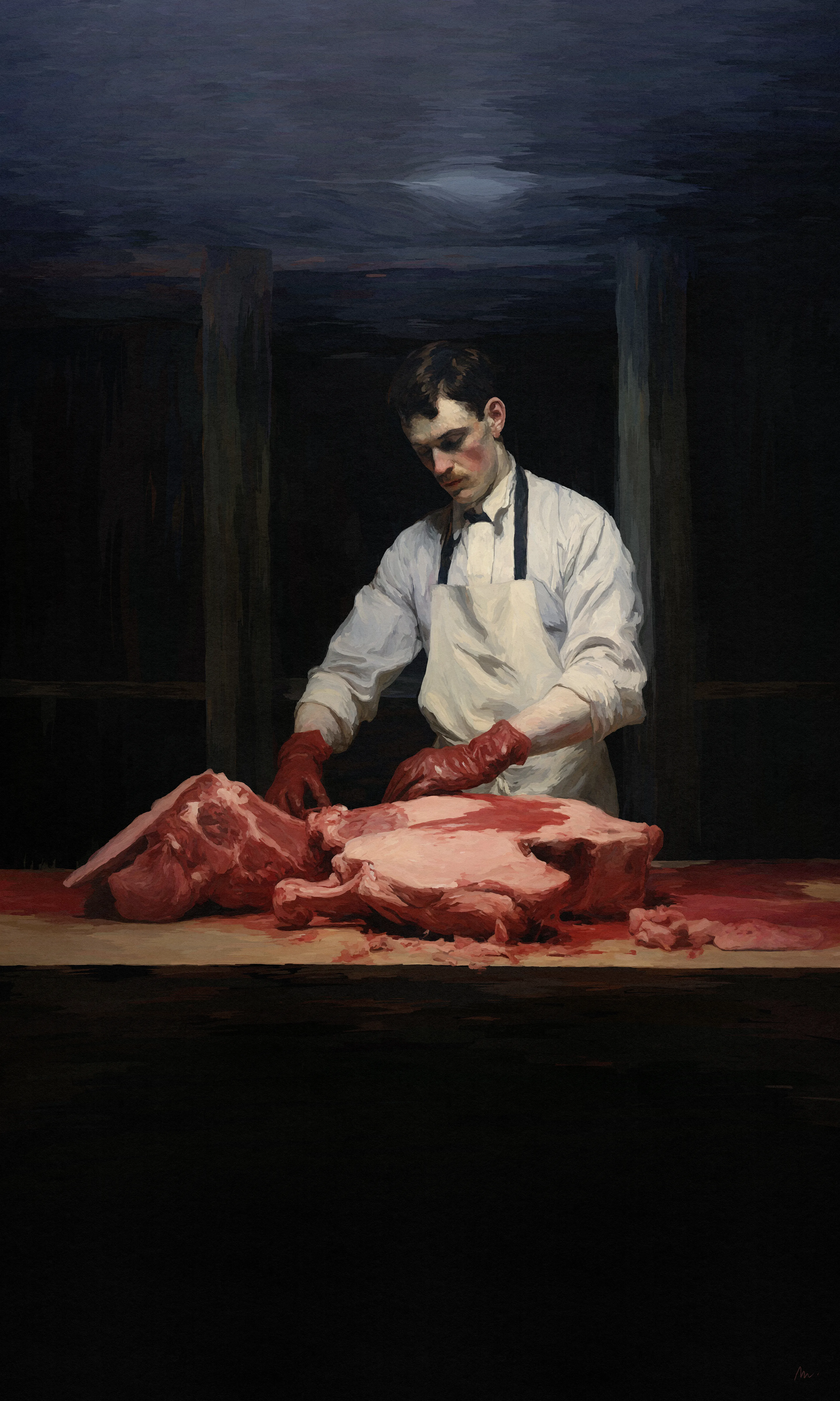 In shadows deep, the butcher stands,  
A life sliced thin by his own hands,  
Amidst the cries that echo lands,  
His art is born, in blood's demands.


Each artwork in 'A piece of me(at)' collection is a chapter in a larger story, interweaving with a short story that peels back the layers of the artist's psyche. Together, these four paintings form a narrative as unapologetic and raw as the life it mirrors.

JPEG: 12000 x 20000 pixels

Created and Executed by Mannay (2023)