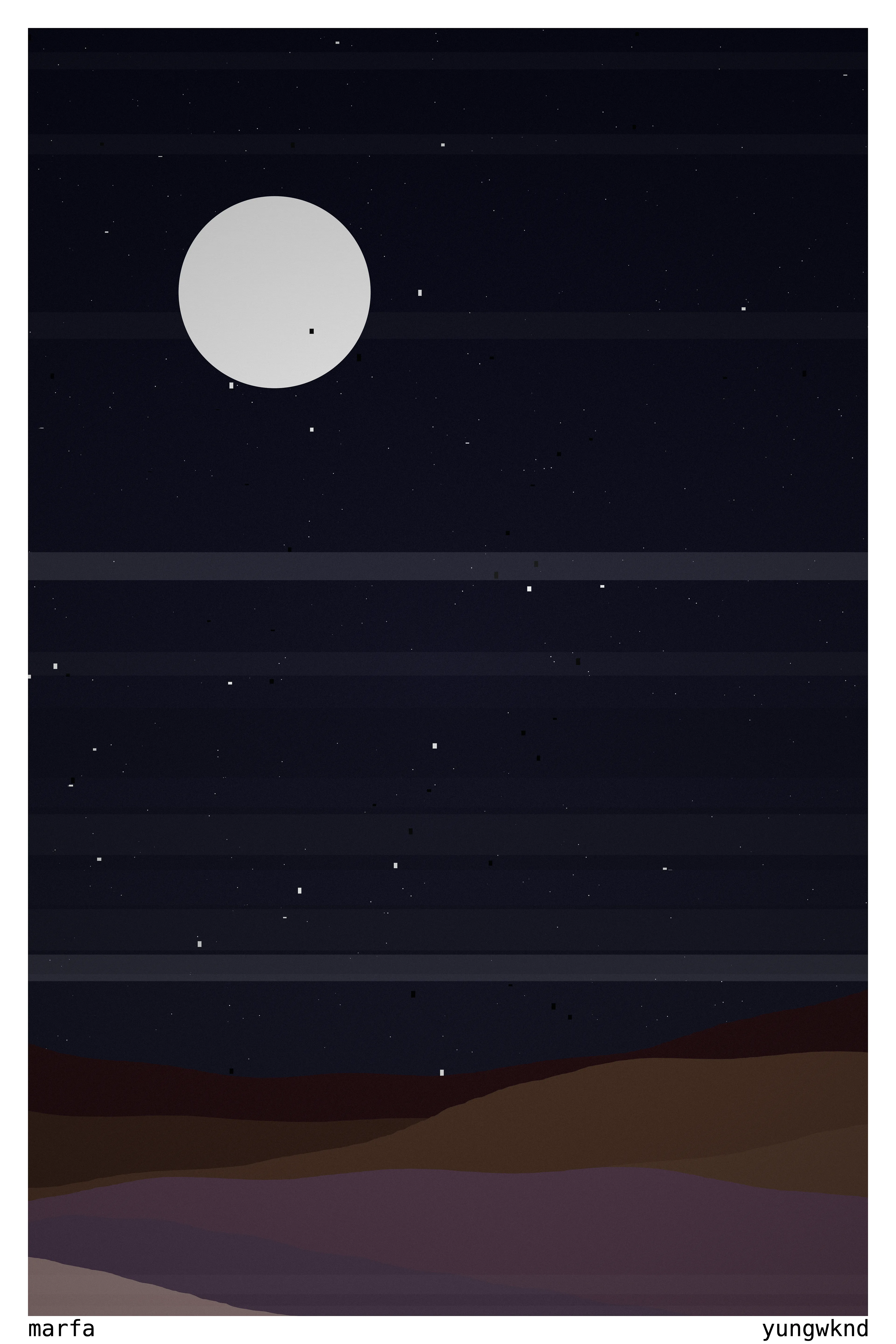 each of the ten digital representations of "meet me in marfa" will be specially customized for the collector based on the conversations we have in marfa.

this could manifest itself in a beer from planet marfa, a burrito from marfa burrito, or any number of symbolic representations of our conversations.

these ten collectors will also receive individualized signed prints