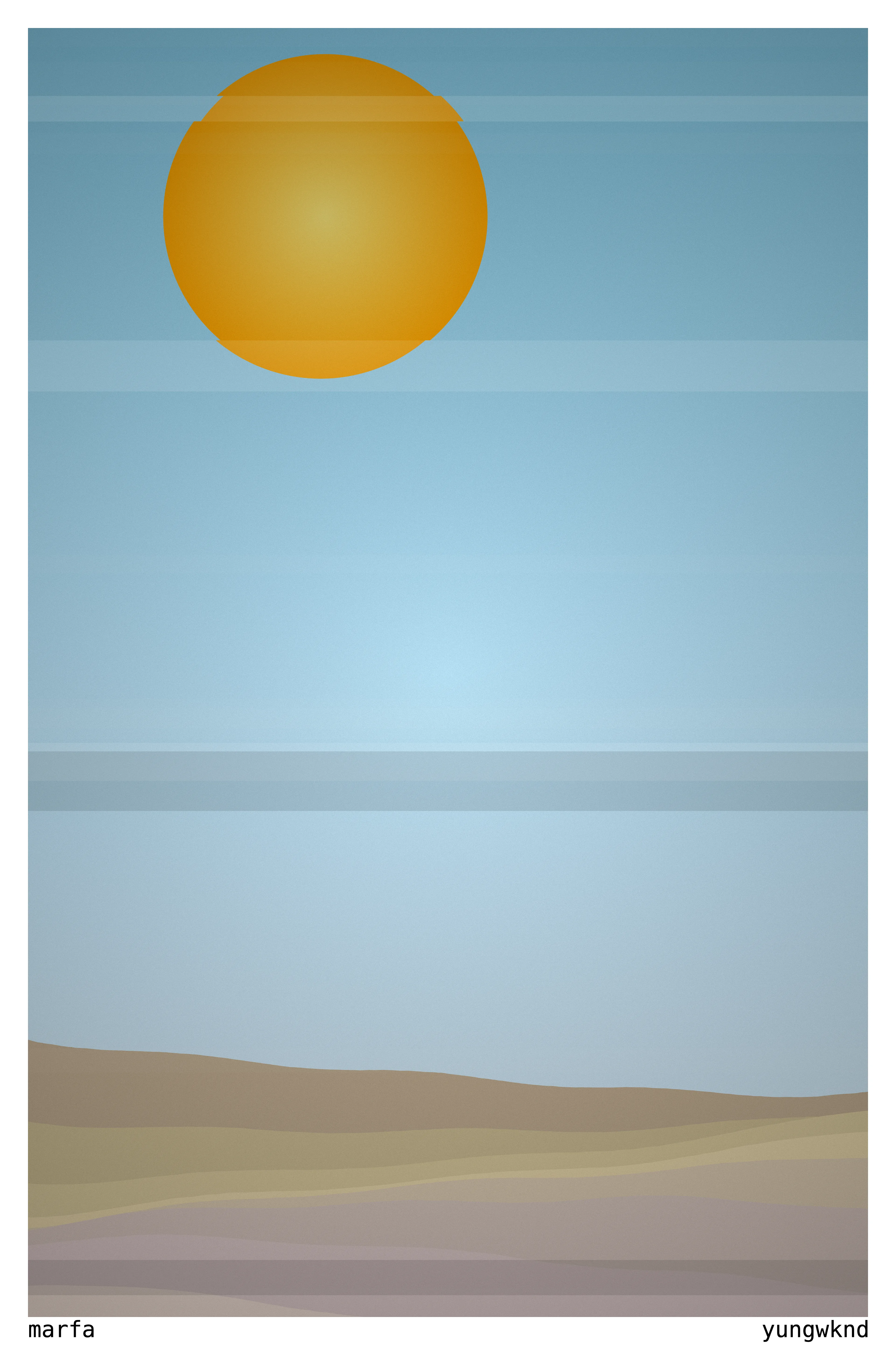 each of the ten digital representations of "meet me in marfa" will be specially customized for the collector based on the conversations we have in marfa.

this could manifest itself in a beer from planet marfa, a burrito from marfa burrito, or any number of symbolic representations of our conversations.

these ten collectors will also receive individualized signed prints