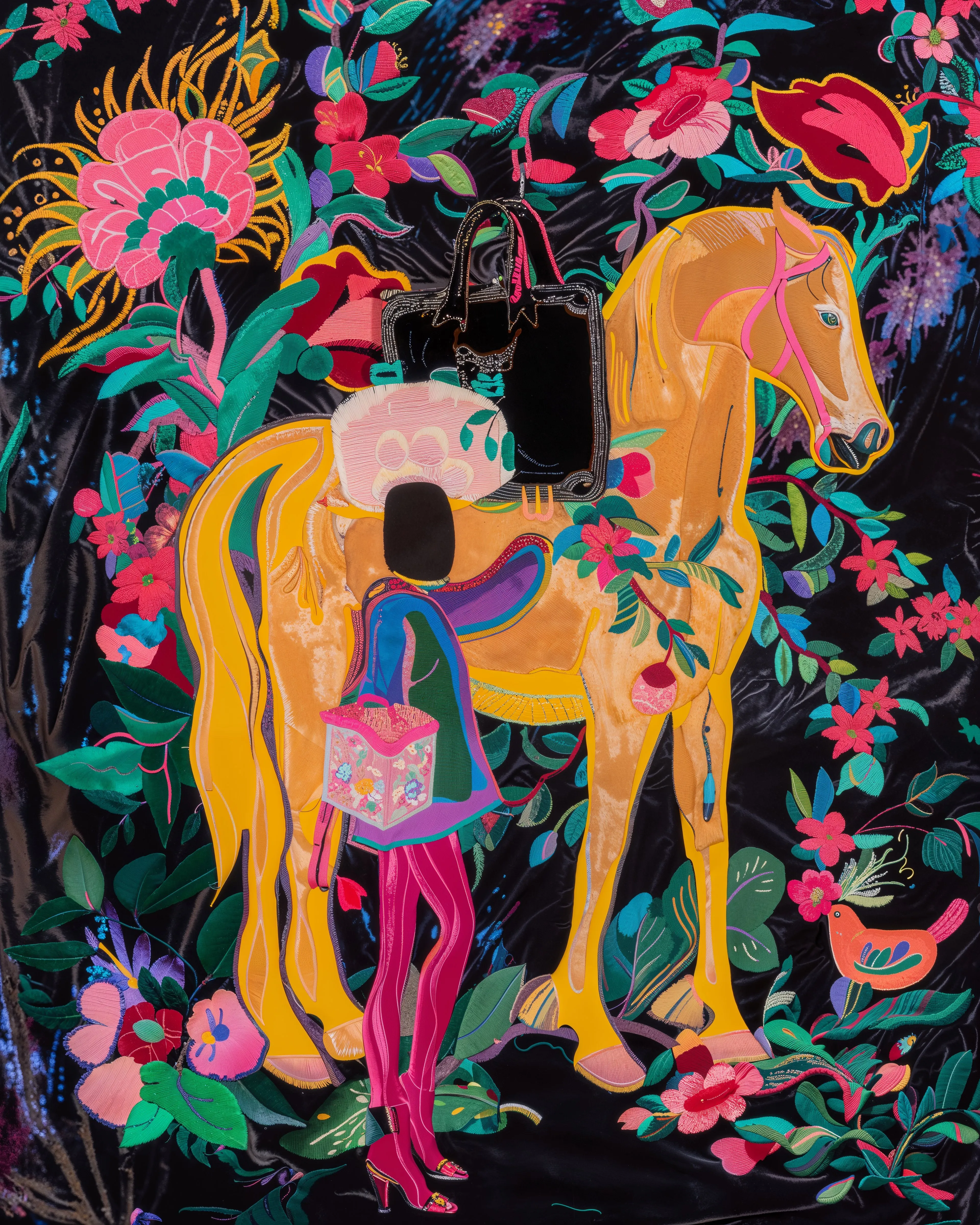 In the realm of unfathomable gardens, a horse, majestic yet ensnared in its vibrant trappings, stands as a testament to the absurdity of its own existence. It carries the weight of ornament, a saddle, a silent proclamation of its servitude. A bag, dark as the velvet night, blooms with stitches of floral fantasies, carrying the unknown, just as the horse bears its ornate burdens.

Above, a bird sings of freedoms the horse shall never know, a tune as sweet and sorrowful as the yearning for unreachable skies. And there, a specter in silhouette strides, legs wrapped in the scarlet dreams of aspirations unfulfilled, moving through a world that feels her not.

Here lies the truth of being, woven into this somber scene—a world riddled with contrasts, the seen and the unseen, the bearer and the borne, the free and the bound. It's the quiet lament Kafka would understand: the eternal quest for meaning in a life stitched with the threads of the unfathomable.