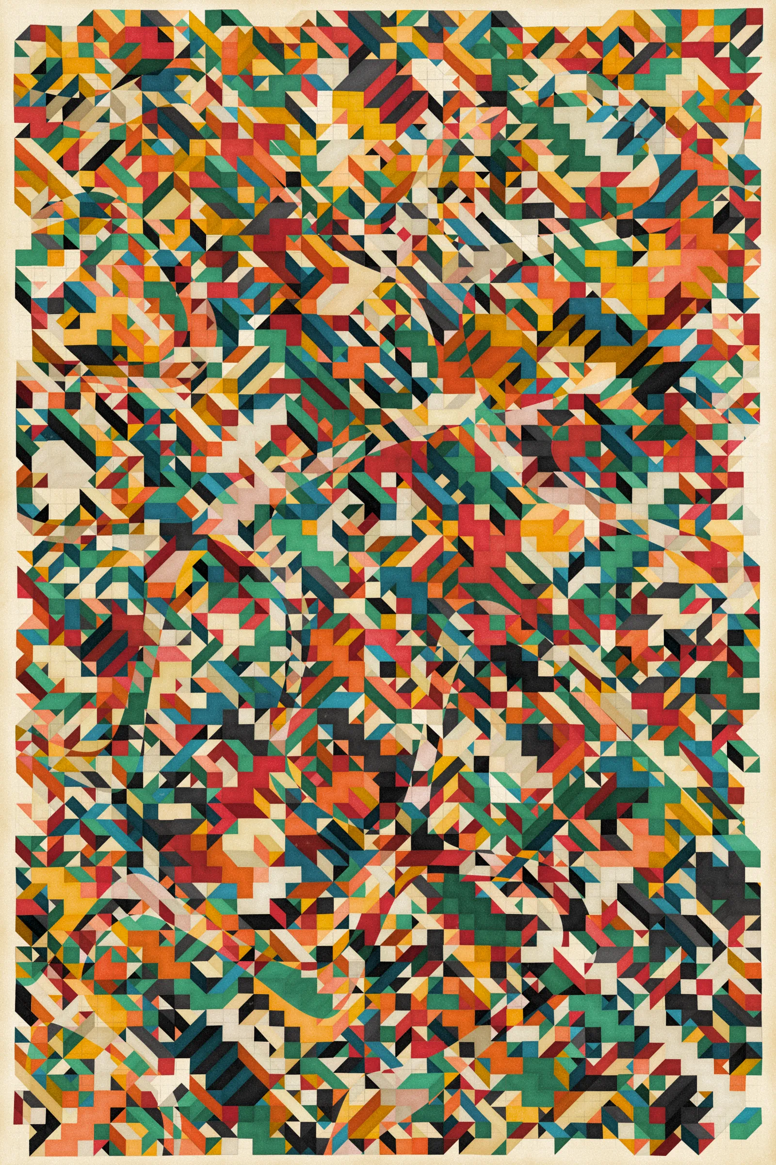 **Trichro-matic** meditates on perception.

As you explore the piece, your perception of the structure shifts. Elements change their relationships - what is out turns in; what is flat deepens. What stood adjacent now occludes.

The piece uses rhythmic color and form, displacement, and juxtaposition to create structures that invite interpretation and exploration. Some outputs challenge our depth perception conventions, while others manipulate explicit structural cues and emphasize intentional imperfections.

From this concept, the piece gets its name - Trichro-matic - denoting the ability to perceive using all three primary colors. The hyphenated "o-matic" denotes fictional machinery, hinting at the generative system supporting the piece. Both hand-selected and algorithmically-generated color palettes feature, with the latter aiming to elicit emotions akin to the former.

When you explore an output from different starting points, you understand the elements' relationships differently. In these changing interpretations, no answer is definitive. Each perspective, whether your first, your last, or someone else's, is valid.

Prints will be available for Trichro-matic owners. For more details, visit [this link](https://www.mountvitruvius.art).

Note: Renders might take longer on lower-end or mobile devices. This piece is my most technically complex release to date, relying on a custom GPU render process which can demand significant resources, even if outputs appear simple.

Finally, I dedicate this piece to my father, who suffered vision loss from a stroke in September 2023.