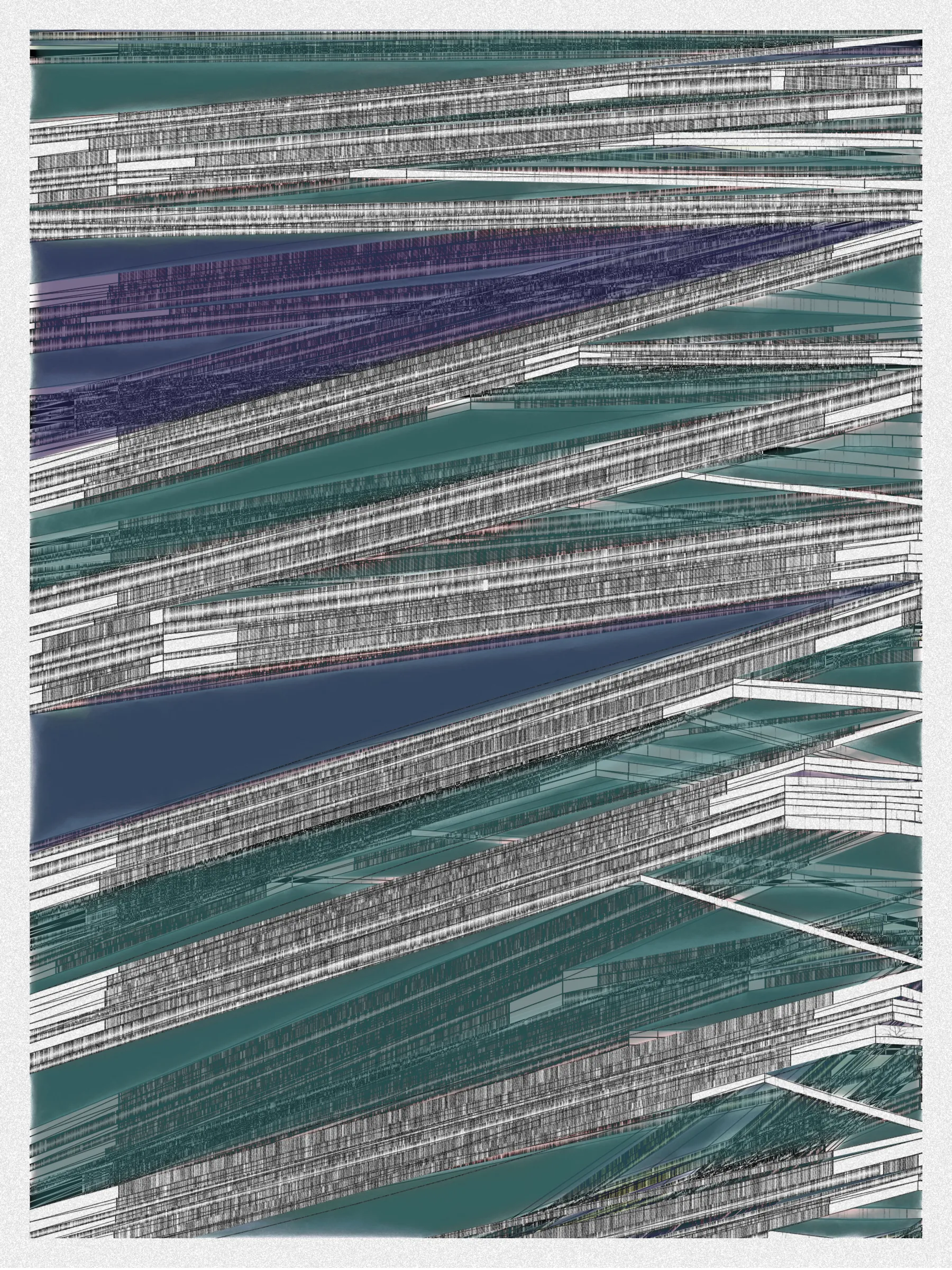 # Neural Sediments

## “Before objectivity, there was truth to nature; after the advent of objectivity came trained judgment”

Lorraine Daston, Peter Galison

Improving my decision-making process is how I would sum up my lifelong quest. Understanding yourself and the unlimited variables and actors surrounding us daily requires a radical yet utopian pursuit of objectivity.

A prerequisite to an objective observation is identifying and eliminating cognitive and observational biases.

My obsession with objectivity started as a sociology student; while studying epistemology of science and pondering the works of Emile Durkheim, Max Weber, and Karl Popper.

This quest never left me and has been a cornerstone of my artistic practice for 25 years.

“The map is not the territory” is a mainstream expression highlighting a potentially oversimplified version of reality. In this series called Neural Sediments, inspired by the works of Alberto Burri, František Kupka, and Swiss topography, I highlight the complexity of our brains and some of their biases.

Looking at one Neural Sediment will deliver you a first broad impression; however, looking at it for a longer time will yield a never-ending and much more nuanced and delicate observation. Like Alberto Burri’s Cracks series, some things not obvious to the eye become real over time. Each Neural Sediment opens itself to the viewer in a unique way. The more you look at it, the more you can decipher it. 

Like Swiss alpine glacier sediments, this material appears only after a certain amount of time and a decent amount of gravity. Burri used a special technique to envision time with cracked canvas; František Kupka, in his Katedrála painting, opens the fourth dimension by looking at the vertical lines of the glass window.

In the Neural Sediments series, I used both as an inspiration to push the viewer’s eye to search for more details and a deeper perspective.

Choosing color palettes for a long-form generative art collection is as demanding as solving technical algorithmic challenges. 

The color palettes I create result from a process I've built into my practice over time. Each palette comes from my own algorithmic selection trained on classical masterpieces.

After this first selection, each set of colors used in a Neural Sediment is re-arranged to be linked with endangered ecosystems such as dark blue waters, peach salmons, rare botanic species, or volcanos.

Like Josef Albers, who highlighted the instability and deceptiveness of colors, my color sets are here to reinforce the question of objectivity in the art world and life in general.

Looking at its overall structure, each Neural Sediment evokes a brutalist architecture. 

Prioritizing function over form, each Neural Sediment aims to be used as a tool to rediscover oneself, free from the cognitive constraints we put on ourselves and the world around us.

PS: From a technical point of view, Neural Sediments require some heavy calculations, considering the very large number of intersections to compute prior to rendering.

PPS: Pressing the letter “i” on your keyboard will generate a high resolution export for a large scale and print friendly format.