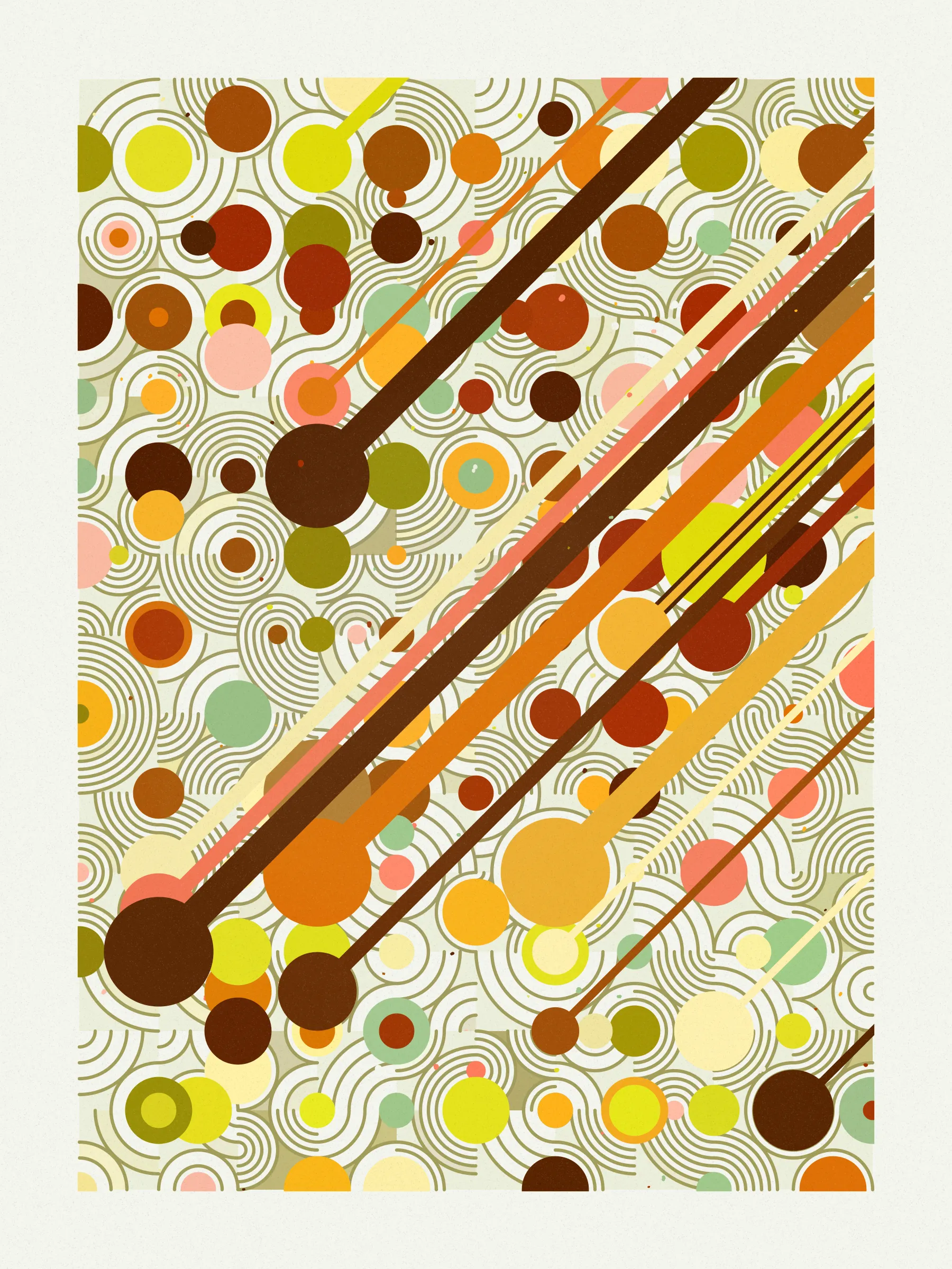 ##### **Forecast** abstractly captures the essence of rainfall on a stone-paved road, drawing an analogy between weather and human emotions, comparing the outcome of a weather forecast to the range of feelings a rainy day can evoke, inviting viewers to reflect on their own relationship with rain and the emotions it evokes in them. #####
####  ####
` `
The code creatively **recreates a weather forecast** to determine where on the canvas rain will fall. It emulates barometric pressure and humidity to alter a circle packing **algorithm that acts like clouds over the canvas**, generating the necessary data to calculate the probability of precipitation for each piece and distribute rain on the canvas in a visually appealing way.

**Geometry, color, and natural forces work together to create an abstract representation of rain** that pays homage to where I was born, “Galicia, where rain is art”.
 #### ####
  #### ####
   #### ####
 ***
  #### ####
` `
###### **The Concept**
` `
In the northwest of Spain lies Galicia, a region where rain holds a special place.

**With approximately half of the year consisting of rainy days**, it's no surprise that the Galician language has evolved to encompass a rich vocabulary of over 100 words to describe its various forms and moments. **Rain has become an art form in our everyday lives**, expressed through our language and the nuances of our conversations.

It was within this setting of rich traditions and linguistic nuances that **inspiration took hold on a rainy Sunday afternoon, as I wandered through the old part of town, captivated by the movement of raindrops and mesmerizing water ripples on the stone-paved road**, nurtured by the deep connection between Galicia's cultural heritage of intricate vocabulary of rain.

This intriguing interplay between weather and language extends far beyond Galicia, languages like Japanese, Welsh, and even Hawaiian bear witness to this captivating phenomenon, where **weather molds the very fabric of our linguistic expressions.** It serves as a testament to the **profound influence of weather on our collective human experience.**

While rain and weather influencing language ignited my inspiration, I sought to explore further, embarking on a creative journey that **explores the profound impact rain has on emotions and feelings**—a shared human language that transcends borders and requires no translations.

To express the diverse range of emotions rain can evoke, I created color palettes inspired by personal memories and experiences, capturing the essence of how those moments, events, and places made me feel. To further enhance the expression of emotions, I use size and proportion symbolizing and amplifying the intensity of those feelings. This approach brings forth the emotional impact of rain in our lives, **inviting viewers to reflect on their own relationship with rain and the feelings it evokes in them.**

To add depth and significance to its compositions Forecast uses a creative approach woven into its code, that became such an important part of the piece that gave its name to the project. **The code simulates a weather forecast emulating barometric pressure, and humidity** – variables that dynamically influence a circle packing algorithm that symbolizes clouds over the canvas, generating the necessary data to calculate the probability of precipitation for each piece and distribute rain across the canvas in a visually appealing way. The result is a perfect balance between randomness and control that added an extra layer of depth to the artwork.

**Prints**
Prints will be available for Forecast owners. For more details, [visit this link](https://www.mlarino.com/work/forecast "order prints").

***
\
**Keys**
**[S]** - Download image.

Press the **[LEFT ARROW]** key to explore the different elements that help build the final image.

To switch between different aspect ratios, use the following keys:
**[0]** 3:4 Print (default)
**[1]** 9:16 ratio
**[2]** 1:1 ratio