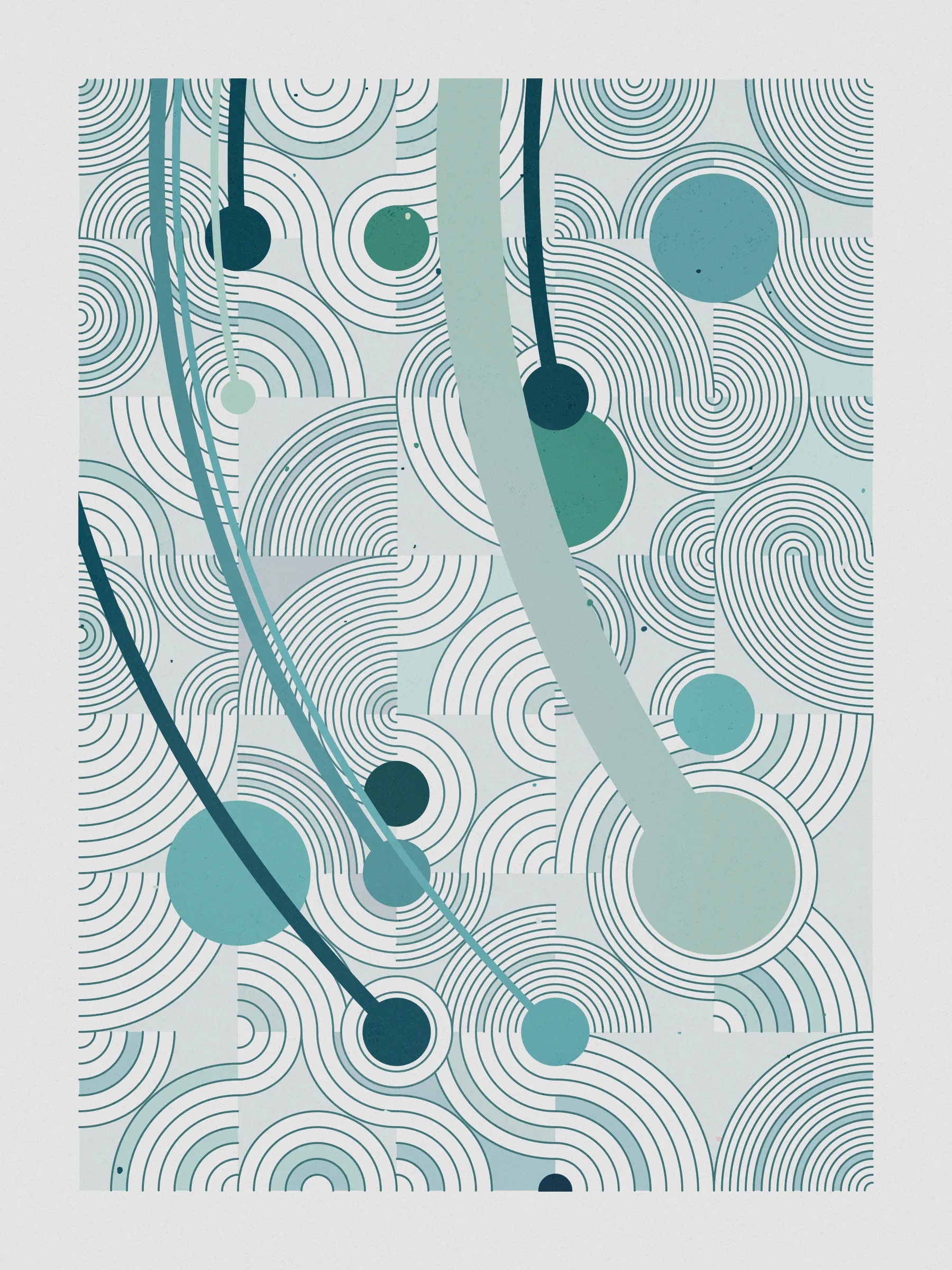 ##### **Forecast** abstractly captures the essence of rainfall on a stone-paved road, drawing an analogy between weather and human emotions, comparing the outcome of a weather forecast to the range of feelings a rainy day can evoke, inviting viewers to reflect on their own relationship with rain and the emotions it evokes in them. #####
####  ####
` `
The code creatively **recreates a weather forecast** to determine where on the canvas rain will fall. It emulates barometric pressure and humidity to alter a circle packing **algorithm that acts like clouds over the canvas**, generating the necessary data to calculate the probability of precipitation for each piece and distribute rain on the canvas in a visually appealing way.

**Geometry, color, and natural forces work together to create an abstract representation of rain** that pays homage to where I was born, “Galicia, where rain is art”.
 #### ####
  #### ####
   #### ####
 ***
  #### ####
` `
###### **The Concept**
` `
In the northwest of Spain lies Galicia, a region where rain holds a special place.

**With approximately half of the year consisting of rainy days**, it's no surprise that the Galician language has evolved to encompass a rich vocabulary of over 100 words to describe its various forms and moments. **Rain has become an art form in our everyday lives**, expressed through our language and the nuances of our conversations.

It was within this setting of rich traditions and linguistic nuances that **inspiration took hold on a rainy Sunday afternoon, as I wandered through the old part of town, captivated by the movement of raindrops and mesmerizing water ripples on the stone-paved road**, nurtured by the deep connection between Galicia's cultural heritage of intricate vocabulary of rain.

This intriguing interplay between weather and language extends far beyond Galicia, languages like Japanese, Welsh, and even Hawaiian bear witness to this captivating phenomenon, where **weather molds the very fabric of our linguistic expressions.** It serves as a testament to the **profound influence of weather on our collective human experience.**

While rain and weather influencing language ignited my inspiration, I sought to explore further, embarking on a creative journey that **explores the profound impact rain has on emotions and feelings**—a shared human language that transcends borders and requires no translations.

To express the diverse range of emotions rain can evoke, I created color palettes inspired by personal memories and experiences, capturing the essence of how those moments, events, and places made me feel. To further enhance the expression of emotions, I use size and proportion symbolizing and amplifying the intensity of those feelings. This approach brings forth the emotional impact of rain in our lives, **inviting viewers to reflect on their own relationship with rain and the feelings it evokes in them.**

To add depth and significance to its compositions Forecast uses a creative approach woven into its code, that became such an important part of the piece that gave its name to the project. **The code simulates a weather forecast emulating barometric pressure, and humidity** – variables that dynamically influence a circle packing algorithm that symbolizes clouds over the canvas, generating the necessary data to calculate the probability of precipitation for each piece and distribute rain across the canvas in a visually appealing way. The result is a perfect balance between randomness and control that added an extra layer of depth to the artwork.

**Prints**
Prints will be available for Forecast owners. For more details, [visit this link](https://www.mlarino.com/work/forecast "order prints").

***
\
**Keys**
**[S]** - Download image.

Press the **[LEFT ARROW]** key to explore the different elements that help build the final image.

To switch between different aspect ratios, use the following keys:
**[0]** 3:4 Print (default)
**[1]** 9:16 ratio
**[2]** 1:1 ratio