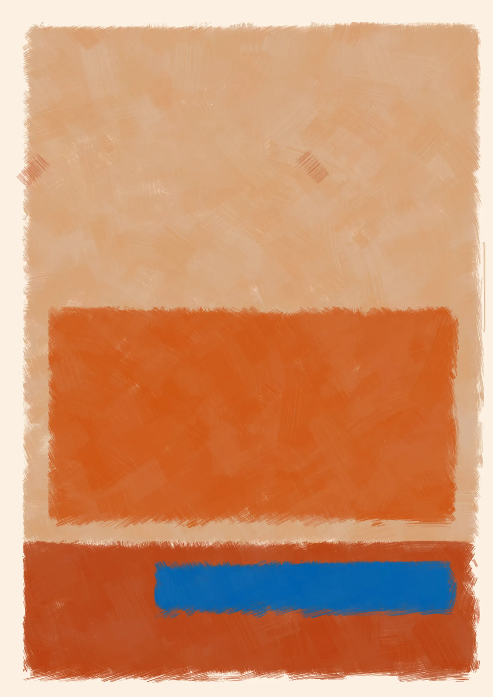 ### Good job, Computer. Do that some more.

To what degree can we teach a computer to make a painting? One that resembles creation from the imperfect hand of a human. Here, the computer attempts to hide itself from the viewer in the details, such as inconsistent borders or uneven layers of paint. Intentional flaws that a human might make unintentionally.
Good, Computer is an exploration of not only how small cumulative inaccuracies create complete images, but also the forms and harmonies that those images evoke.

Consider the following:

***A set of 4 colors is to be considered -- singly as "actors," together as "cast." They are to be presented in 4 different arrangements -- as "performances."***
***Although they remain unchanged in hue and light, in "character", and appear in an unchanging outer frame, the "stage", they are to produce 4 different "scenes" or "plays," each to be so different that one and the same set of colors will be seen as 4 different sets, presented by 4 different casts.***
***And all this can be achieved mainly through changes in quantity which result in shifts of dominance, of recurrence, and consequently of placement.***
***The essential question: which group of colors is ready to lose its identity as a cast?*** 
***-- Josef Albers***

We can answer this question simply by asking ourselves why we're drawn to some arrangements more than others. In doing so, we consider not just tone, but also quantity, intensity and weight in order to form new relationships between the colours. And as such the viewer gives each image their own subjective personality.

---

Press `s` to save image.