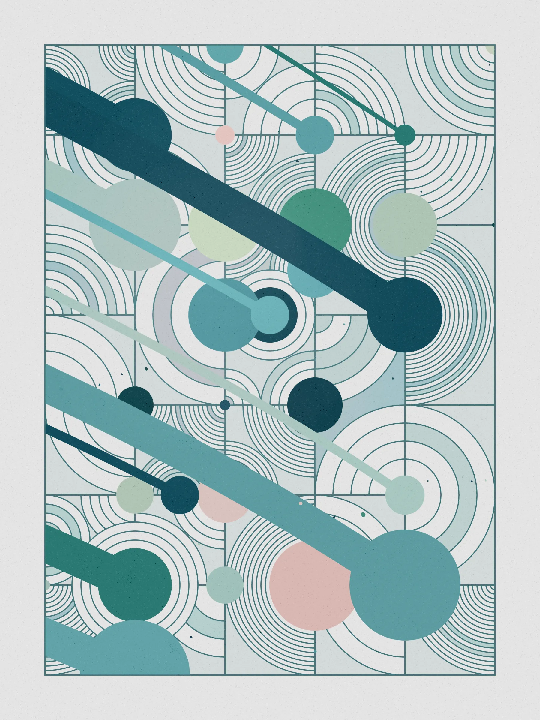 ##### **Forecast** abstractly captures the essence of rainfall on a stone-paved road, drawing an analogy between weather and human emotions, comparing the outcome of a weather forecast to the range of feelings a rainy day can evoke, inviting viewers to reflect on their own relationship with rain and the emotions it evokes in them. #####
####  ####
` `
The code creatively **recreates a weather forecast** to determine where on the canvas rain will fall. It emulates barometric pressure and humidity to alter a circle packing **algorithm that acts like clouds over the canvas**, generating the necessary data to calculate the probability of precipitation for each piece and distribute rain on the canvas in a visually appealing way.

**Geometry, color, and natural forces work together to create an abstract representation of rain** that pays homage to where I was born, “Galicia, where rain is art”.
 #### ####
  #### ####
   #### ####
 ***
  #### ####
` `
###### **The Concept**
` `
In the northwest of Spain lies Galicia, a region where rain holds a special place.

**With approximately half of the year consisting of rainy days**, it's no surprise that the Galician language has evolved to encompass a rich vocabulary of over 100 words to describe its various forms and moments. **Rain has become an art form in our everyday lives**, expressed through our language and the nuances of our conversations.

It was within this setting of rich traditions and linguistic nuances that **inspiration took hold on a rainy Sunday afternoon, as I wandered through the old part of town, captivated by the movement of raindrops and mesmerizing water ripples on the stone-paved road**, nurtured by the deep connection between Galicia's cultural heritage of intricate vocabulary of rain.

This intriguing interplay between weather and language extends far beyond Galicia, languages like Japanese, Welsh, and even Hawaiian bear witness to this captivating phenomenon, where **weather molds the very fabric of our linguistic expressions.** It serves as a testament to the **profound influence of weather on our collective human experience.**

While rain and weather influencing language ignited my inspiration, I sought to explore further, embarking on a creative journey that **explores the profound impact rain has on emotions and feelings**—a shared human language that transcends borders and requires no translations.

To express the diverse range of emotions rain can evoke, I created color palettes inspired by personal memories and experiences, capturing the essence of how those moments, events, and places made me feel. To further enhance the expression of emotions, I use size and proportion symbolizing and amplifying the intensity of those feelings. This approach brings forth the emotional impact of rain in our lives, **inviting viewers to reflect on their own relationship with rain and the feelings it evokes in them.**

To add depth and significance to its compositions Forecast uses a creative approach woven into its code, that became such an important part of the piece that gave its name to the project. **The code simulates a weather forecast emulating barometric pressure, and humidity** – variables that dynamically influence a circle packing algorithm that symbolizes clouds over the canvas, generating the necessary data to calculate the probability of precipitation for each piece and distribute rain across the canvas in a visually appealing way. The result is a perfect balance between randomness and control that added an extra layer of depth to the artwork.

**Prints**
Prints will be available for Forecast owners. For more details, [visit this link](https://www.mlarino.com/work/forecast "order prints").

***
\
**Keys**
**[S]** - Download image.

Press the **[LEFT ARROW]** key to explore the different elements that help build the final image.

To switch between different aspect ratios, use the following keys:
**[0]** 3:4 Print (default)
**[1]** 9:16 ratio
**[2]** 1:1 ratio