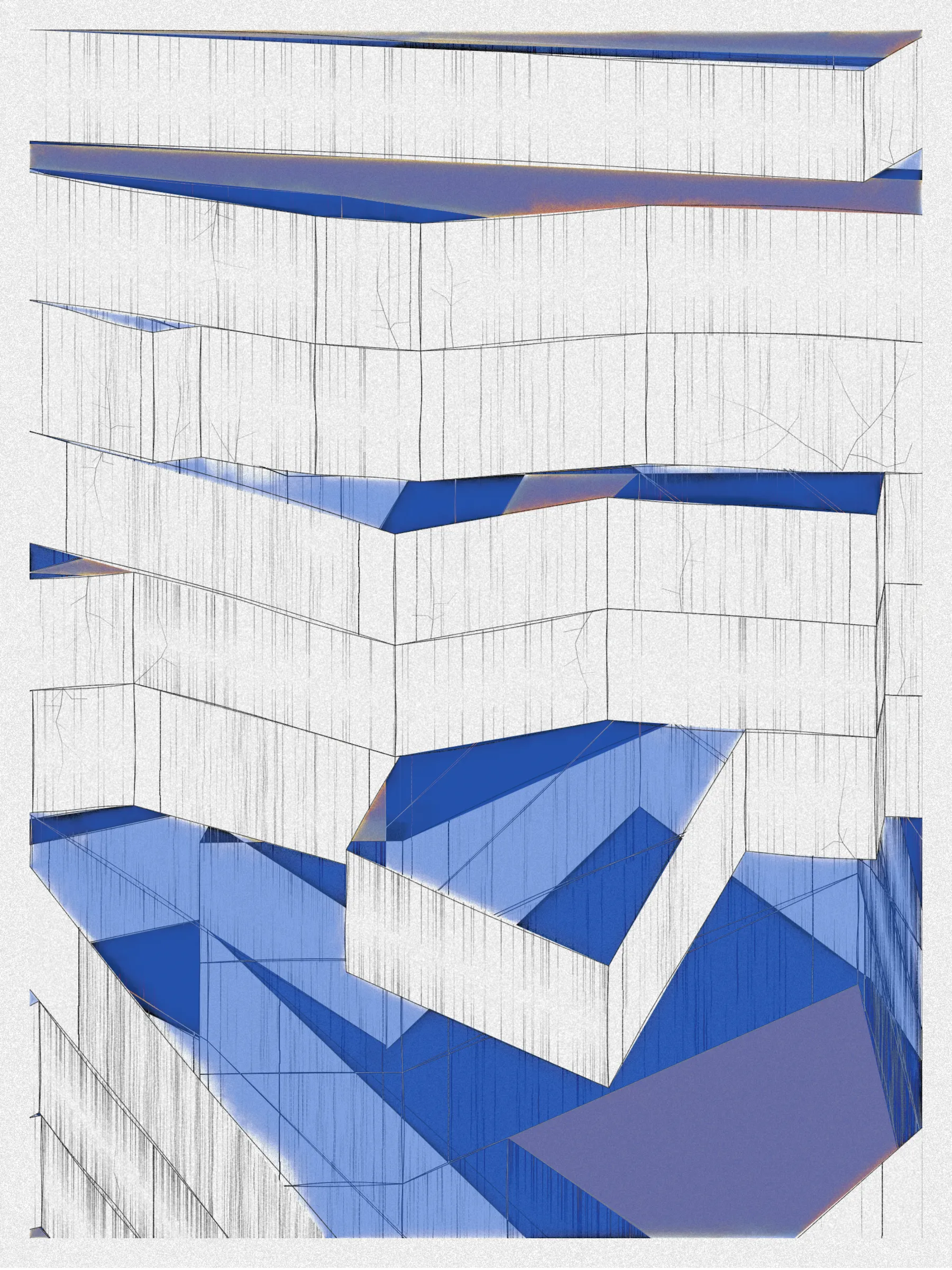 # Neural Sediments

## “Before objectivity, there was truth to nature; after the advent of objectivity came trained judgment”

Lorraine Daston, Peter Galison

Improving my decision-making process is how I would sum up my lifelong quest. Understanding yourself and the unlimited variables and actors surrounding us daily requires a radical yet utopian pursuit of objectivity.

A prerequisite to an objective observation is identifying and eliminating cognitive and observational biases.

My obsession with objectivity started as a sociology student; while studying epistemology of science and pondering the works of Emile Durkheim, Max Weber, and Karl Popper.

This quest never left me and has been a cornerstone of my artistic practice for 25 years.

“The map is not the territory” is a mainstream expression highlighting a potentially oversimplified version of reality. In this series called Neural Sediments, inspired by the works of Alberto Burri, František Kupka, and Swiss topography, I highlight the complexity of our brains and some of their biases.

Looking at one Neural Sediment will deliver you a first broad impression; however, looking at it for a longer time will yield a never-ending and much more nuanced and delicate observation. Like Alberto Burri’s Cracks series, some things not obvious to the eye become real over time. Each Neural Sediment opens itself to the viewer in a unique way. The more you look at it, the more you can decipher it. 

Like Swiss alpine glacier sediments, this material appears only after a certain amount of time and a decent amount of gravity. Burri used a special technique to envision time with cracked canvas; František Kupka, in his Katedrála painting, opens the fourth dimension by looking at the vertical lines of the glass window.

In the Neural Sediments series, I used both as an inspiration to push the viewer’s eye to search for more details and a deeper perspective.

Choosing color palettes for a long-form generative art collection is as demanding as solving technical algorithmic challenges. 

The color palettes I create result from a process I've built into my practice over time. Each palette comes from my own algorithmic selection trained on classical masterpieces.

After this first selection, each set of colors used in a Neural Sediment is re-arranged to be linked with endangered ecosystems such as dark blue waters, peach salmons, rare botanic species, or volcanos.

Like Josef Albers, who highlighted the instability and deceptiveness of colors, my color sets are here to reinforce the question of objectivity in the art world and life in general.

Looking at its overall structure, each Neural Sediment evokes a brutalist architecture. 

Prioritizing function over form, each Neural Sediment aims to be used as a tool to rediscover oneself, free from the cognitive constraints we put on ourselves and the world around us.

PS: From a technical point of view, Neural Sediments require some heavy calculations, considering the very large number of intersections to compute prior to rendering.

PPS: Pressing the letter “i” on your keyboard will generate a high resolution export for a large scale and print friendly format.