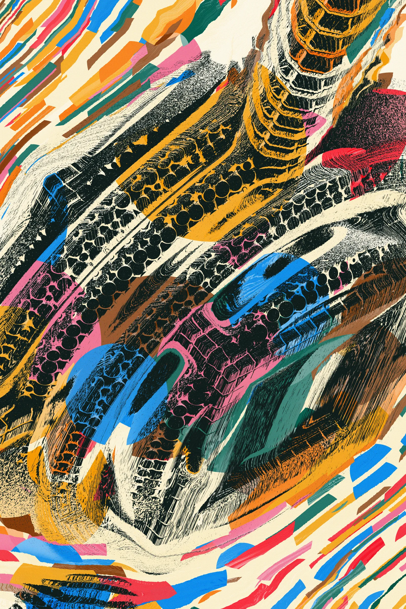 **Gumbo** is, as its name suggests, about simple ingredients coming together, emerging into a stew greater than the sum of its parts.

Early in the development, mindful of my tendency to overengineer, I decided to work under a set of constraints:

1. Approach any problem from a position of complete ignorance and try to find the simplest way to solve it.
2. Make the most with as little as possible and avoid introducing complexity unless absolutely necessary.
3. Accept that intuition often falls short in predicting the best way forward (*especially* when creating generative art), and entertain any idea that presents itself.

Staying mostly within the confines set by these rules, the development of Gumbo ended up taking me on many unexpected journeys.

At its core, Gumbo explores the diversity of form that can be achieved by combining simple shapes, such as spheres, donuts, boxes, and cylinders. Despite the basic components, the final arrangements are strangely familiar, some reminiscent of space stations, others of internal organs. By painting these structural canvases in an indiscriminate fashion, an intricate interplay between colour and form arises, emphasizing the spatial nature that underlies both. Texture, a subject I deeply appreciate, stars as the main character of Gumbo, celebrated both as a reference to the material world, and, especially, as something with uniquely digital characteristics. Present throughout the project, it is primarily used to illuminate the structures and add life to otherwise flat blocks of colour.

While working on Gumbo, I've found inspiration from a diverse set of sources, ranging from the vibrant and captivating colours of Cold War-era propaganda posters and Japanese ukiyo-e to the texture-heavy work of artists like Virgil Finlay and Bruce Conner. In addition, Gumbo utilises a rendering approach that can be described as a digital equivalent of physical methods like silkscreen and woodblock printing, a connection that was not recognised until the project's later stages.

**Note**: Gumbo requires WebGL2 and is computationally expensive to render. Older devices will probably struggle!
To save a high-resolution render, press "p" while in live mode and enter the desired size (or add "?resolution=your-size-here" to the end of the URL). Once finished, the image will download automatically.