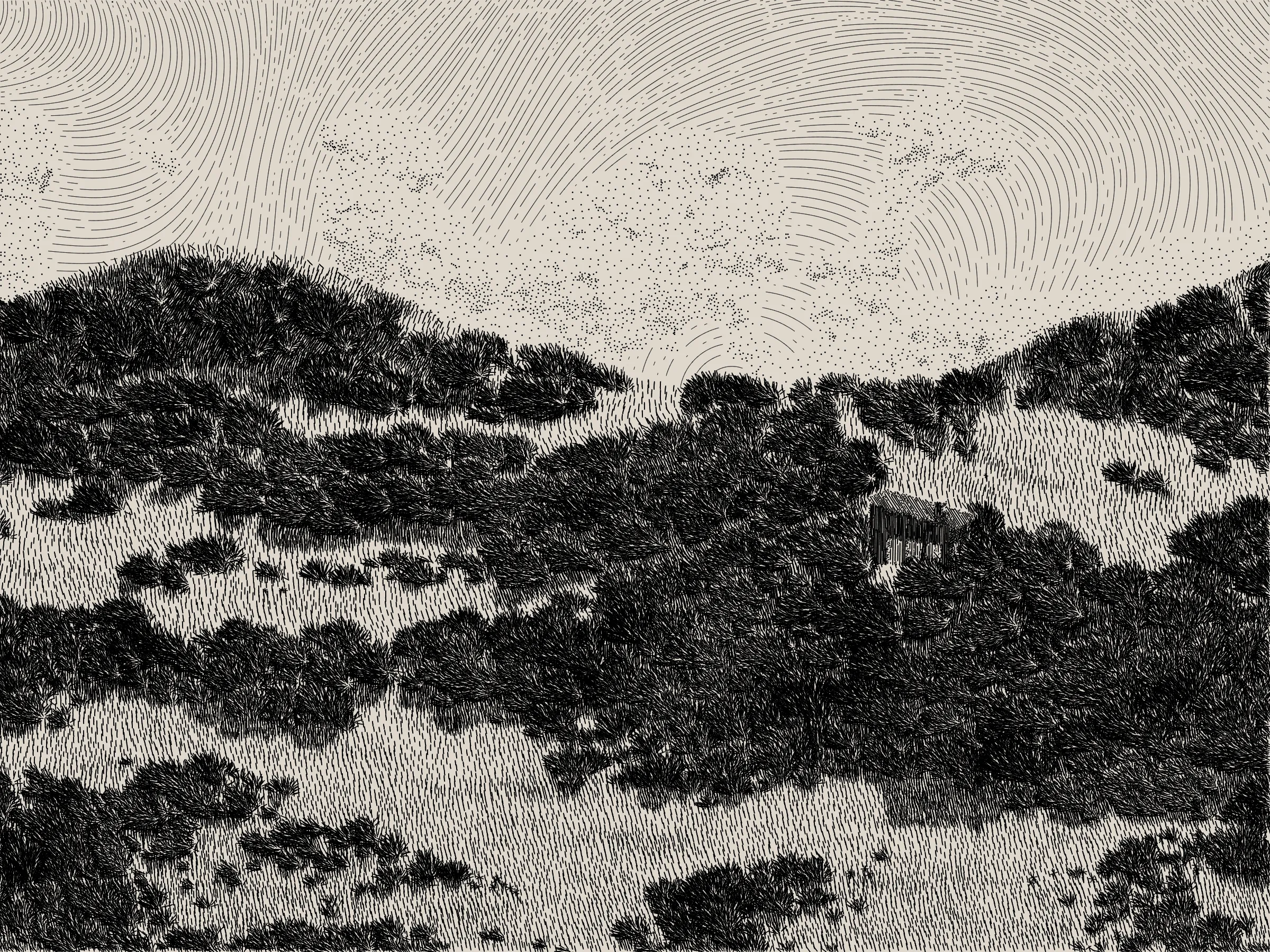 *Life and Love and Nothing is released as part of reGEN, a special charitable auction of generative art to raise funds for Cure Alzheimer’s Fund, curated by Alex Estorick and Foteini Valeonti in collaboration with The Giving Block.*

This is an illustration of a wildfire burning through a cabin and the surrounding hillside, rendered stylistically with pen and paper in mind. 

Once a year, the fire will ignite and burn until the cabin and the hillside are consumed. After burning, the cabin and the hillside will regenerate, and the cycle will start again.

The cabin represents a person, and the surrounding hillside their mind and memories.

The fire represents disease, burning through the person’s memories from the most recent and least established, through to the oldest and most ingrained.

My hope is that this can illustrate both the pain caused by disease and the beauty of the time we have to hold onto memories and loved ones.

Life is short, bodies degrade, houses burn. But, before that, there is life; there is love; there is creation – these things are beautiful.

Consider where you are placing your efforts.
Pursue what is important.
Take the time to see someone you love.
Take the time to do something you love.

There’s only so much time.