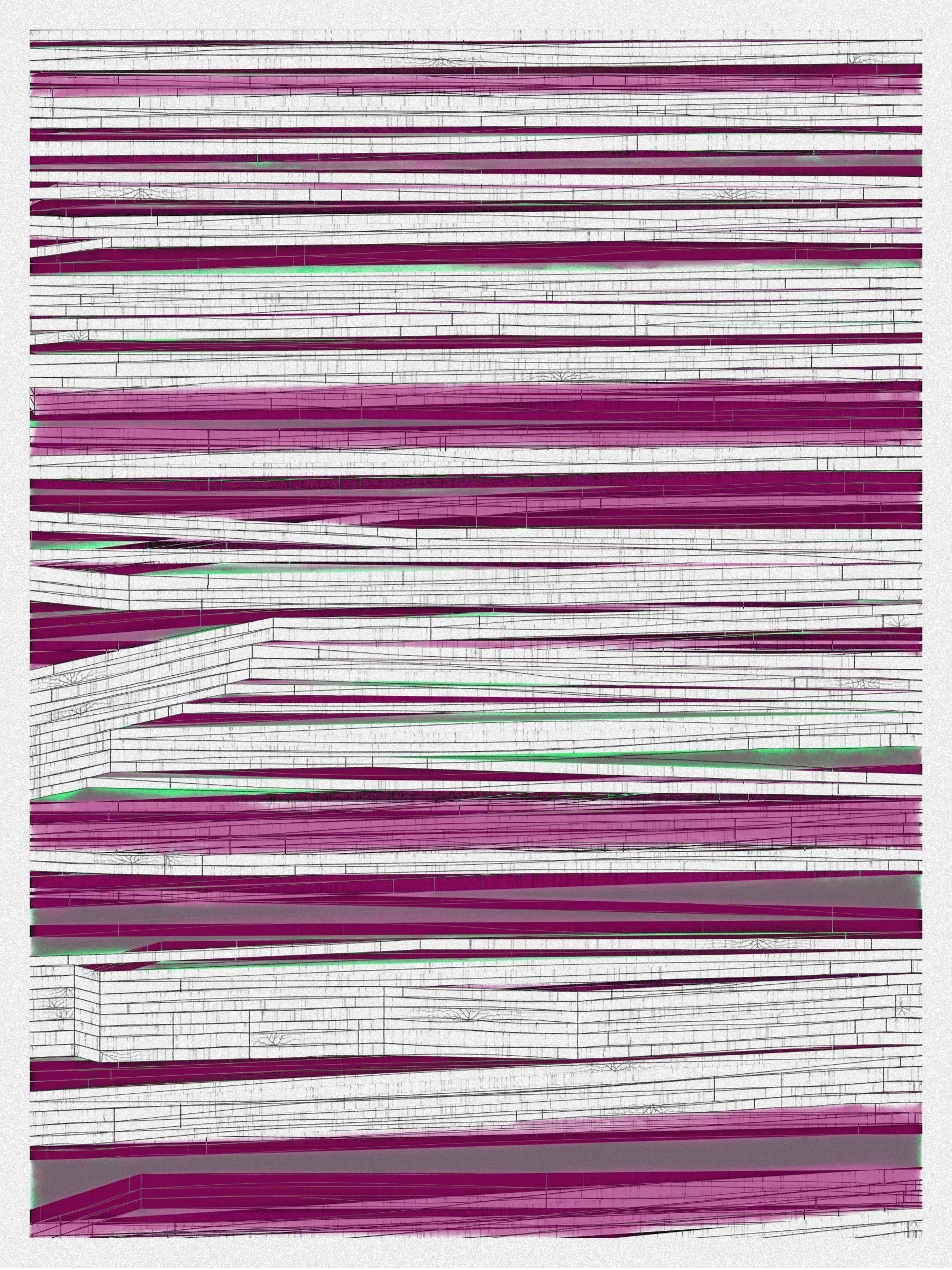 # Neural Sediments

## “Before objectivity, there was truth to nature; after the advent of objectivity came trained judgment”

Lorraine Daston, Peter Galison

Improving my decision-making process is how I would sum up my lifelong quest. Understanding yourself and the unlimited variables and actors surrounding us daily requires a radical yet utopian pursuit of objectivity.

A prerequisite to an objective observation is identifying and eliminating cognitive and observational biases.

My obsession with objectivity started as a sociology student; while studying epistemology of science and pondering the works of Emile Durkheim, Max Weber, and Karl Popper.

This quest never left me and has been a cornerstone of my artistic practice for 25 years.

“The map is not the territory” is a mainstream expression highlighting a potentially oversimplified version of reality. In this series called Neural Sediments, inspired by the works of Alberto Burri, František Kupka, and Swiss topography, I highlight the complexity of our brains and some of their biases.

Looking at one Neural Sediment will deliver you a first broad impression; however, looking at it for a longer time will yield a never-ending and much more nuanced and delicate observation. Like Alberto Burri’s Cracks series, some things not obvious to the eye become real over time. Each Neural Sediment opens itself to the viewer in a unique way. The more you look at it, the more you can decipher it. 

Like Swiss alpine glacier sediments, this material appears only after a certain amount of time and a decent amount of gravity. Burri used a special technique to envision time with cracked canvas; František Kupka, in his Katedrála painting, opens the fourth dimension by looking at the vertical lines of the glass window.

In the Neural Sediments series, I used both as an inspiration to push the viewer’s eye to search for more details and a deeper perspective.

Choosing color palettes for a long-form generative art collection is as demanding as solving technical algorithmic challenges. 

The color palettes I create result from a process I've built into my practice over time. Each palette comes from my own algorithmic selection trained on classical masterpieces.

After this first selection, each set of colors used in a Neural Sediment is re-arranged to be linked with endangered ecosystems such as dark blue waters, peach salmons, rare botanic species, or volcanos.

Like Josef Albers, who highlighted the instability and deceptiveness of colors, my color sets are here to reinforce the question of objectivity in the art world and life in general.

Looking at its overall structure, each Neural Sediment evokes a brutalist architecture. 

Prioritizing function over form, each Neural Sediment aims to be used as a tool to rediscover oneself, free from the cognitive constraints we put on ourselves and the world around us.

PS: From a technical point of view, Neural Sediments require some heavy calculations, considering the very large number of intersections to compute prior to rendering.

PPS: Pressing the letter “i” on your keyboard will generate a high resolution export for a large scale and print friendly format.