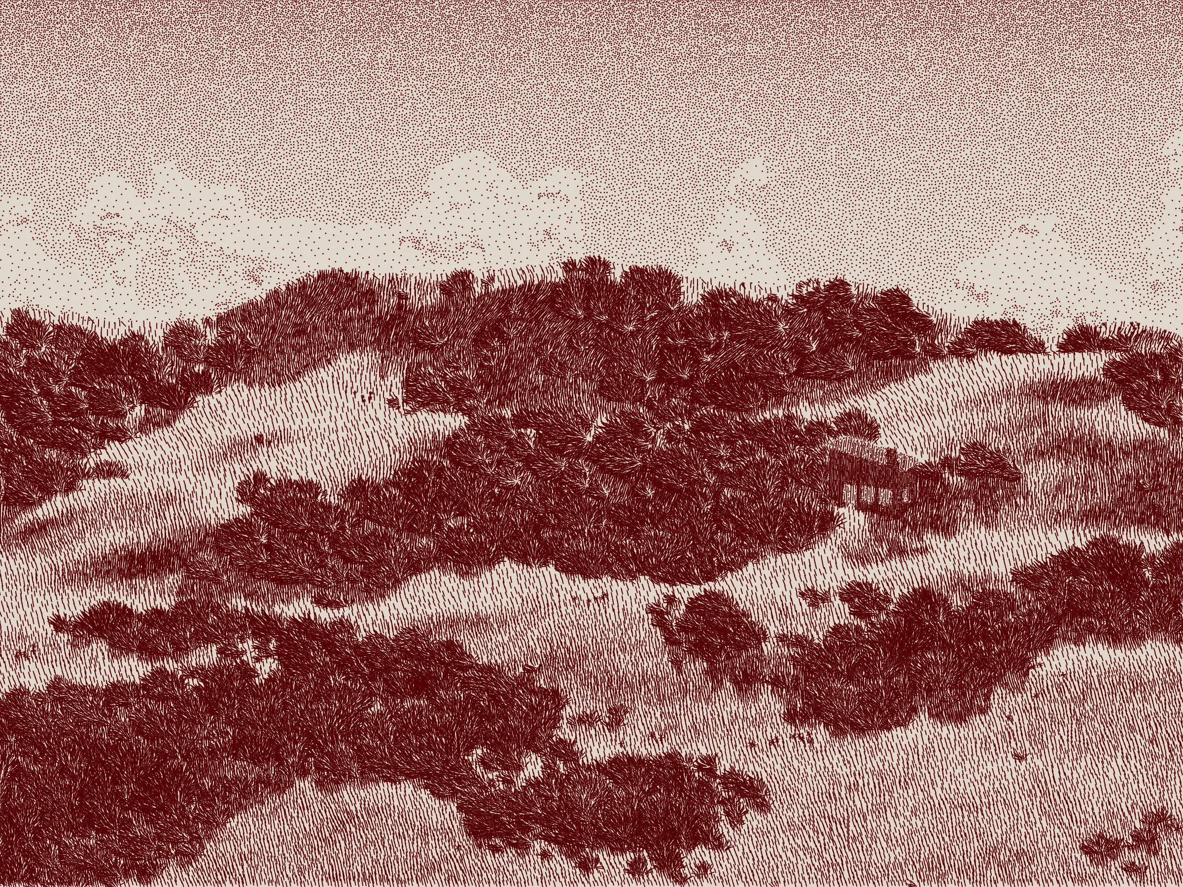 *Life and Love and Nothing is released as part of reGEN, a special charitable auction of generative art to raise funds for Cure Alzheimer’s Fund, curated by Alex Estorick and Foteini Valeonti in collaboration with The Giving Block.*

This is an illustration of a wildfire burning through a cabin and the surrounding hillside, rendered stylistically with pen and paper in mind. 

Once a year, the fire will ignite and burn until the cabin and the hillside are consumed. After burning, the cabin and the hillside will regenerate, and the cycle will start again.

The cabin represents a person, and the surrounding hillside their mind and memories.

The fire represents disease, burning through the person’s memories from the most recent and least established, through to the oldest and most ingrained.

My hope is that this can illustrate both the pain caused by disease and the beauty of the time we have to hold onto memories and loved ones.

Life is short, bodies degrade, houses burn. But, before that, there is life; there is love; there is creation – these things are beautiful.

Consider where you are placing your efforts.
Pursue what is important.
Take the time to see someone you love.
Take the time to do something you love.

There’s only so much time.