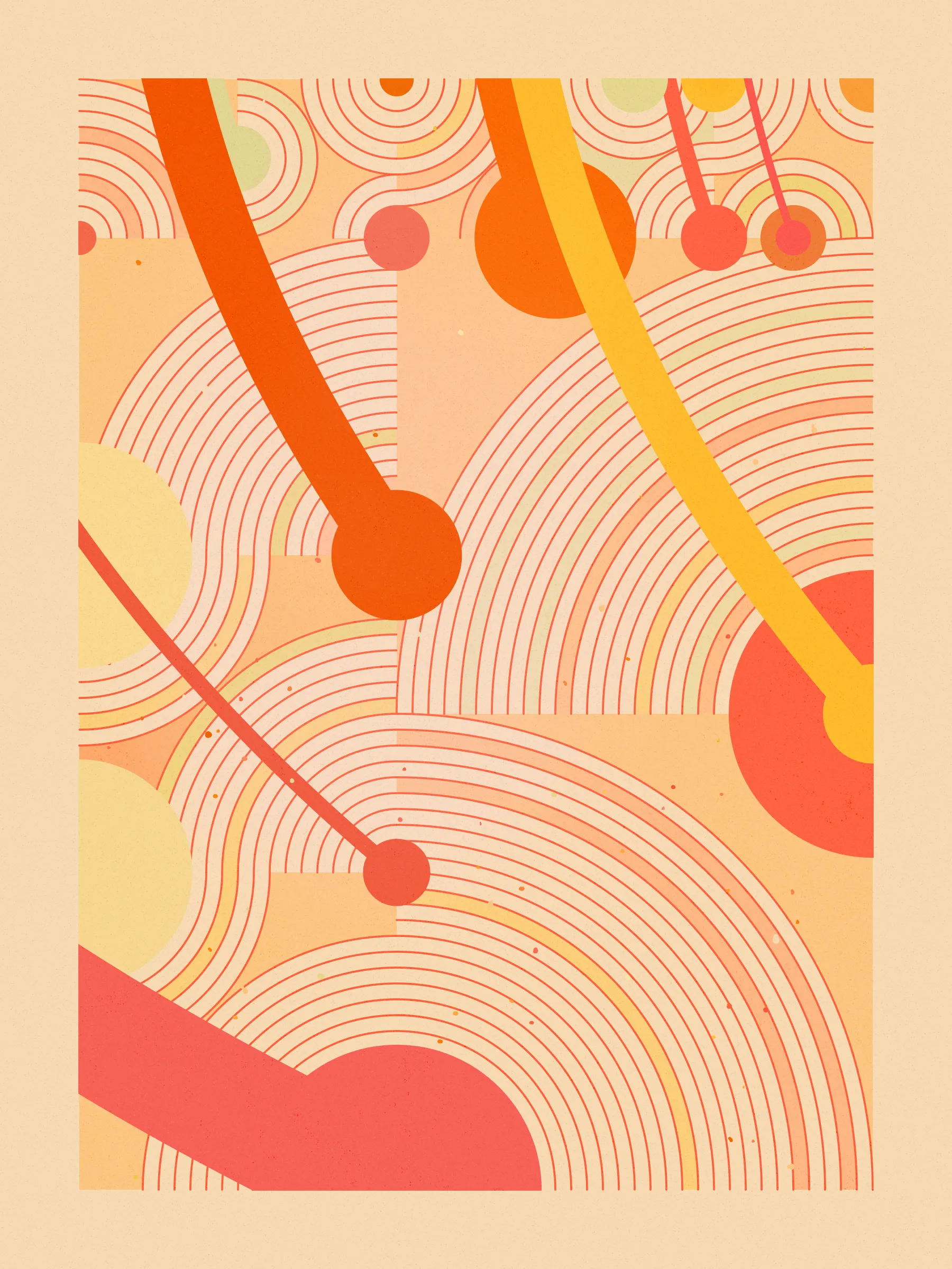 ##### **Forecast** abstractly captures the essence of rainfall on a stone-paved road, drawing an analogy between weather and human emotions, comparing the outcome of a weather forecast to the range of feelings a rainy day can evoke, inviting viewers to reflect on their own relationship with rain and the emotions it evokes in them. #####
####  ####
` `
The code creatively **recreates a weather forecast** to determine where on the canvas rain will fall. It emulates barometric pressure and humidity to alter a circle packing **algorithm that acts like clouds over the canvas**, generating the necessary data to calculate the probability of precipitation for each piece and distribute rain on the canvas in a visually appealing way.

**Geometry, color, and natural forces work together to create an abstract representation of rain** that pays homage to where I was born, “Galicia, where rain is art”.
 #### ####
  #### ####
   #### ####
 ***
  #### ####
` `
###### **The Concept**
` `
In the northwest of Spain lies Galicia, a region where rain holds a special place.

**With approximately half of the year consisting of rainy days**, it's no surprise that the Galician language has evolved to encompass a rich vocabulary of over 100 words to describe its various forms and moments. **Rain has become an art form in our everyday lives**, expressed through our language and the nuances of our conversations.

It was within this setting of rich traditions and linguistic nuances that **inspiration took hold on a rainy Sunday afternoon, as I wandered through the old part of town, captivated by the movement of raindrops and mesmerizing water ripples on the stone-paved road**, nurtured by the deep connection between Galicia's cultural heritage of intricate vocabulary of rain.

This intriguing interplay between weather and language extends far beyond Galicia, languages like Japanese, Welsh, and even Hawaiian bear witness to this captivating phenomenon, where **weather molds the very fabric of our linguistic expressions.** It serves as a testament to the **profound influence of weather on our collective human experience.**

While rain and weather influencing language ignited my inspiration, I sought to explore further, embarking on a creative journey that **explores the profound impact rain has on emotions and feelings**—a shared human language that transcends borders and requires no translations.

To express the diverse range of emotions rain can evoke, I created color palettes inspired by personal memories and experiences, capturing the essence of how those moments, events, and places made me feel. To further enhance the expression of emotions, I use size and proportion symbolizing and amplifying the intensity of those feelings. This approach brings forth the emotional impact of rain in our lives, **inviting viewers to reflect on their own relationship with rain and the feelings it evokes in them.**

To add depth and significance to its compositions Forecast uses a creative approach woven into its code, that became such an important part of the piece that gave its name to the project. **The code simulates a weather forecast emulating barometric pressure, and humidity** – variables that dynamically influence a circle packing algorithm that symbolizes clouds over the canvas, generating the necessary data to calculate the probability of precipitation for each piece and distribute rain across the canvas in a visually appealing way. The result is a perfect balance between randomness and control that added an extra layer of depth to the artwork.

**Prints**
Prints will be available for Forecast owners. For more details, [visit this link](https://www.mlarino.com/work/forecast "order prints").

***
\
**Keys**
**[S]** - Download image.

Press the **[LEFT ARROW]** key to explore the different elements that help build the final image.

To switch between different aspect ratios, use the following keys:
**[0]** 3:4 Print (default)
**[1]** 9:16 ratio
**[2]** 1:1 ratio