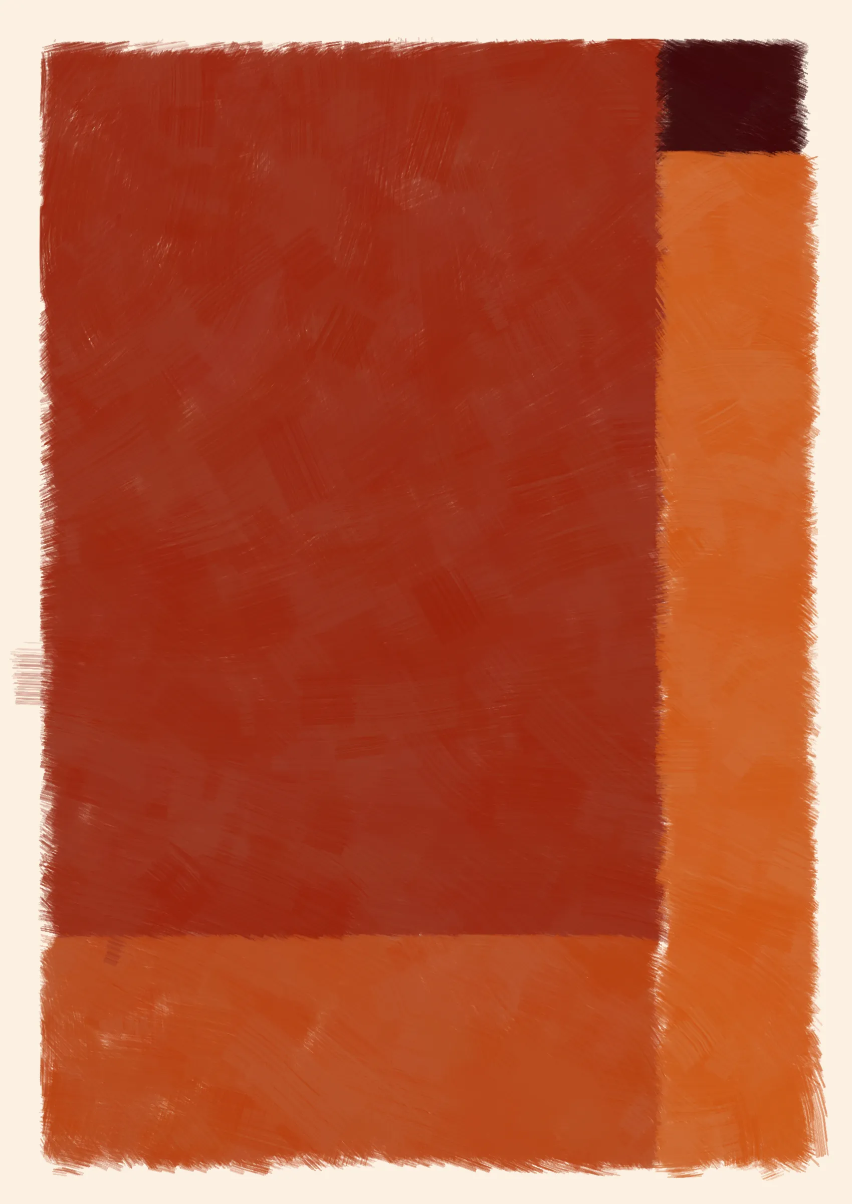 ### Good job, Computer. Do that some more.

To what degree can we teach a computer to make a painting? One that resembles creation from the imperfect hand of a human. Here, the computer attempts to hide itself from the viewer in the details, such as inconsistent borders or uneven layers of paint. Intentional flaws that a human might make unintentionally.
Good, Computer is an exploration of not only how small cumulative inaccuracies create complete images, but also the forms and harmonies that those images evoke.

Consider the following:

***A set of 4 colors is to be considered -- singly as "actors," together as "cast." They are to be presented in 4 different arrangements -- as "performances."***
***Although they remain unchanged in hue and light, in "character", and appear in an unchanging outer frame, the "stage", they are to produce 4 different "scenes" or "plays," each to be so different that one and the same set of colors will be seen as 4 different sets, presented by 4 different casts.***
***And all this can be achieved mainly through changes in quantity which result in shifts of dominance, of recurrence, and consequently of placement.***
***The essential question: which group of colors is ready to lose its identity as a cast?*** 
***-- Josef Albers***

We can answer this question simply by asking ourselves why we're drawn to some arrangements more than others. In doing so, we consider not just tone, but also quantity, intensity and weight in order to form new relationships between the colours. And as such the viewer gives each image their own subjective personality.

---

Press `s` to save image.