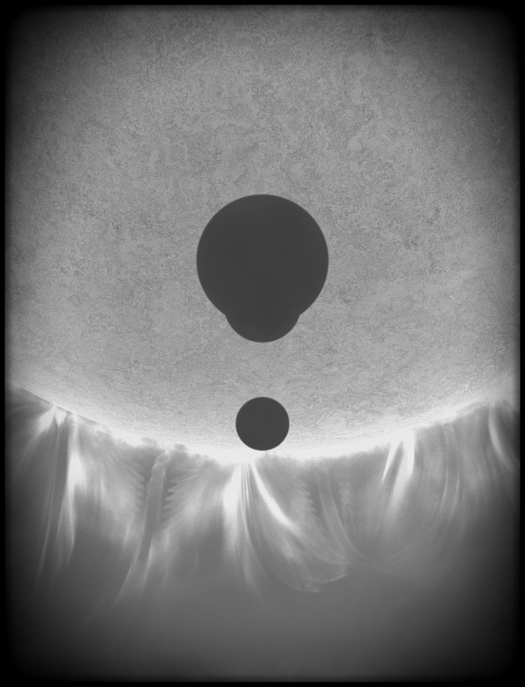 Solar Transits is a procedural exploration of the origins of astrophotography. Each image in this series depicts a randomly generated astronomical event but viewed through the lens of mid-to-late 19th century image capture techniques. The collection features a variety of rare alignments of stars, planets and moons, and are rendered in the spirit of the daguerreotype.

In June of 2012, I took a trip to Minneapolis to speak at the Eyeo Festival. Venus was going to transit while I was there. I was curious. I had not seen a transit before. At 5:09 pm on June 5th, a nearly imperceptible black circle began its march across the sun. Were it not a predicted mathematical certainty, it is doubtful anyone would have noticed. For six minutes, the light from the sun was 0.087% dimmer.

It is a significant thing to see an object silhouetted against the sun. We are so accustom to seeing our perfect circle of pure light that we can't help but to celebrate the occasions where something blocks the view. I still feel a little more excitement when a slight shadow shoots across the landscape on a cloudless day, the source being an extremely rare transit of a commercial jet liner.

Exponentially more rare is the planetary transit. When Venus hangs on the horizon, glowing against the night sky, it is all too easy to think it another star. Only when it is viewed in silhouette can its position in our universe be fully appreciated: orbitally locked like us, and forever drawing it's path around the sun. That tiny black circle effected me in a big way. The scale of the cosmos shifted into perspective. That doesn’t happen often. I was incredibly moved. It was an experience I will never forget. This project is an homage to that strange once-in-a-lifetime event.

As it turns out, I was very lucky to have seen it at all. In the time since my birth in 1972, a Venus transit has only happened twice. The 1st time was in 2004 but I lived in a part of the world where it was not visible. The 2nd time was in 2012. Unless I live to be 145 years old, there won’t be a 3rd time. There are a couple silver linings: the Great American solar eclipse is on April 8 2024, and Mercury will transit in 2032.

The first 10 sales will have the option to purchase their output in the form of a framed daguerreotype.