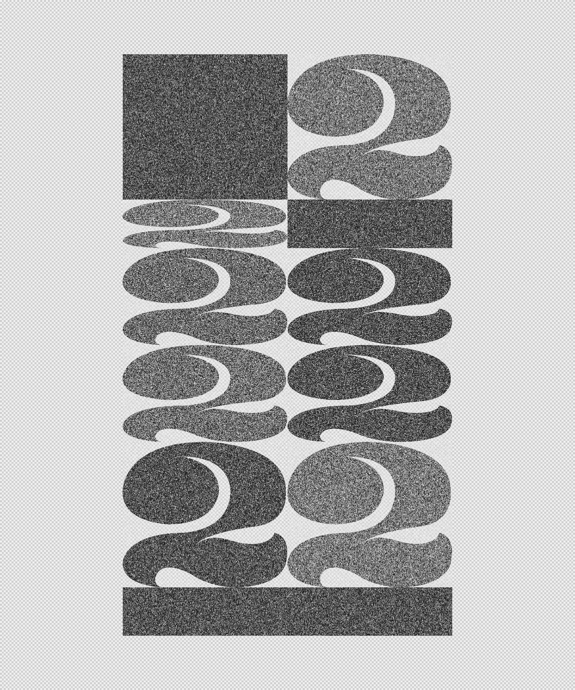 When I was working in graphic design and immersed in typography, I spent a year and a half designing this “2”. A personal obsession, I drew and redrew it hundreds of times until I felt it reached the perfect form in balance, weight, and drama.

This generative series revisits my captivation with this character object, using the algorithm as a tool for continued obsession and exploration. I want people to experience this collection and never see a “2” in the same way again. I also want to remind viewers that exquisiteness can exist in any mundane thing.

My background in graphic design and typography is ingrained in how I think. Regardless of medium, I have always been a designer of iteration, exhaustively trialing possibilities within a set of constraints to uncover the best way, or the most ways. Twos takes a “perfected” form and puts it to a further test. Different outputs situate the form in different contexts, look at it askew, or emphasize isolated parts of it for endless results.

The texture within the collection is inspired by low resolution effects (pixelation) and textures that arise from analog printmaking techniques and pen lines. It blends the hand-drawn nature of my original “2” with the power of obsessive exploration only possible with computer generative iteration. Layers of tiny squares, under and above the characters, are used to mimic the texture of a pen or a stamp. Found in much of my work, these “visible pixels” represent the physical module upon which digital art is created - and by calling back to pixel art, act as a reminder that code is still a craft, and the generated image isn’t far from the artist’s hand.

Beyond the beauty of the form, the number two is a special quantity because it implies possibilities beyond itself. A system containing zero or one elements is inert. Two creates an interaction, a dyad, and implies the possibility of more than two – an expanding system. In computer programming, this is expressed as the "zero, one, infinity" rule. The two represents a potentially endless continuation.

Each feature in the collection represents either the analog or the digital journey of this character. Some compositions render each symbol as linework, reminiscent of its earliest hand drawn form. Others render it as the solid numeral, completed after its long journey of iteration. Some compositions are gridded, others are organic and loose. Some are contained by a frame, others are open and unrestrained.

Color enters a few outputs: the mark of new technological tools like the first colored ink in printing, or the move from black and white to digital screens. The brightest hues used depend on light emittance of the screen and wouldn’t translate exactly when printed in standard inks. But in a further application of constraint, most outputs are neutral in color, keeping the focus on the formal obsession with this small, beautiful character.