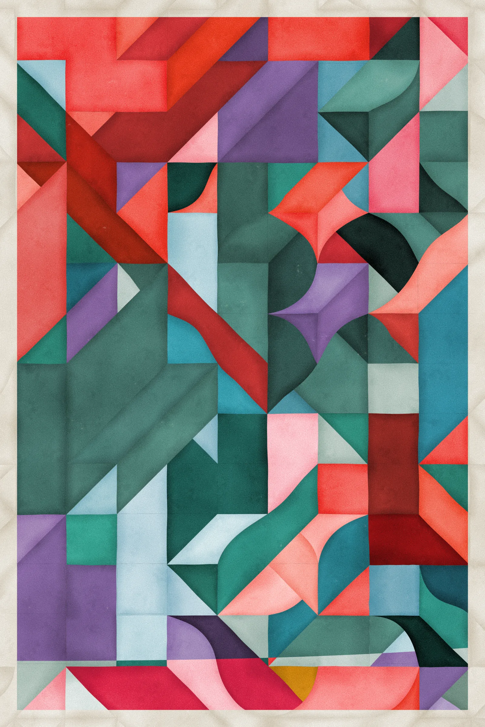**Trichro-matic** meditates on perception.

As you explore the piece, your perception of the structure shifts. Elements change their relationships - what is out turns in; what is flat deepens. What stood adjacent now occludes.

The piece uses rhythmic color and form, displacement, and juxtaposition to create structures that invite interpretation and exploration. Some outputs challenge our depth perception conventions, while others manipulate explicit structural cues and emphasize intentional imperfections.

From this concept, the piece gets its name - Trichro-matic - denoting the ability to perceive using all three primary colors. The hyphenated "o-matic" denotes fictional machinery, hinting at the generative system supporting the piece. Both hand-selected and algorithmically-generated color palettes feature, with the latter aiming to elicit emotions akin to the former.

When you explore an output from different starting points, you understand the elements' relationships differently. In these changing interpretations, no answer is definitive. Each perspective, whether your first, your last, or someone else's, is valid.

Prints will be available for Trichro-matic owners. For more details, visit [this link](https://www.mountvitruvius.art).

Note: Renders might take longer on lower-end or mobile devices. This piece is my most technically complex release to date, relying on a custom GPU render process which can demand significant resources, even if outputs appear simple.

Finally, I dedicate this piece to my father, who suffered vision loss from a stroke in September 2023.