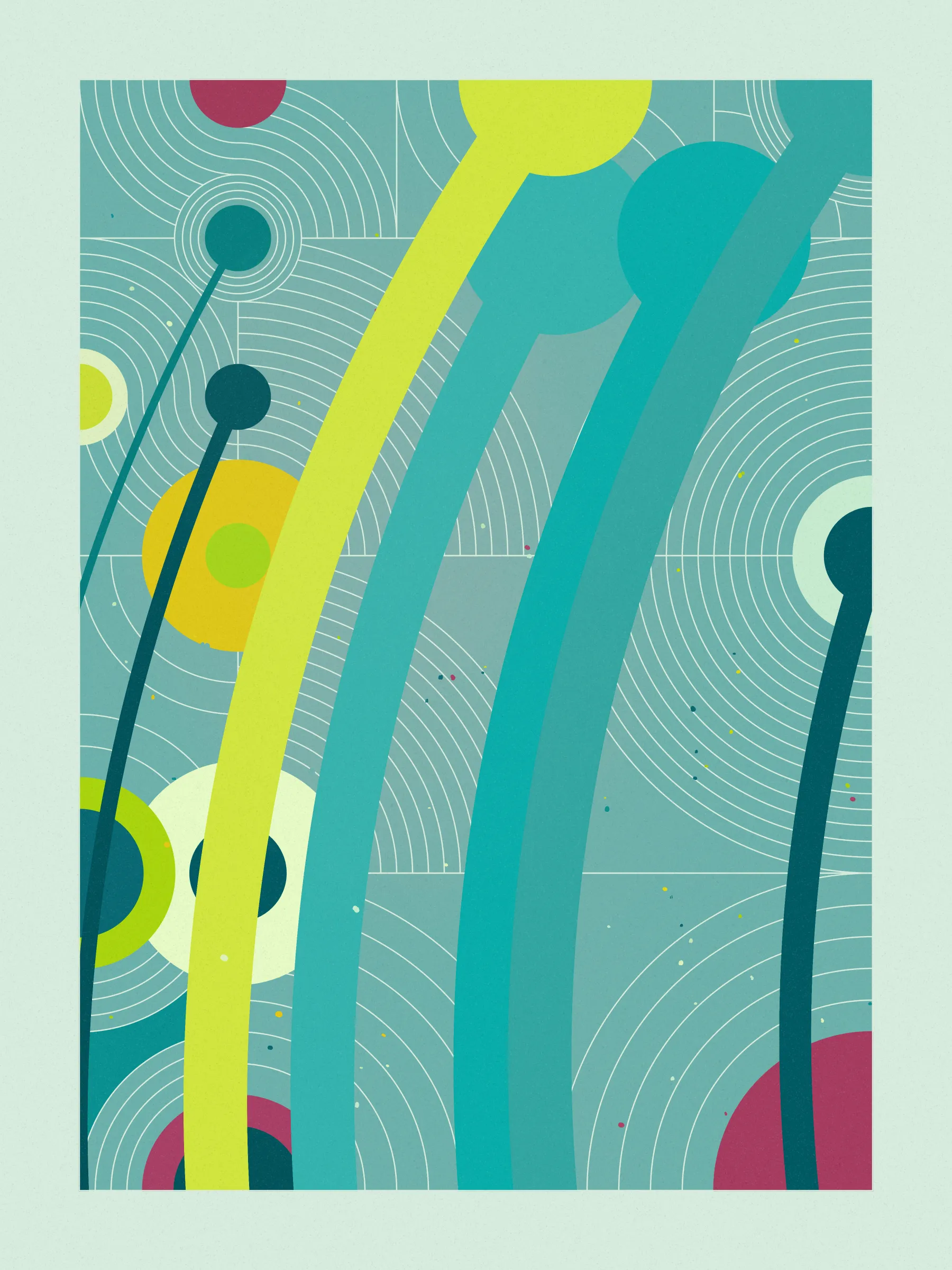 ##### **Forecast** abstractly captures the essence of rainfall on a stone-paved road, drawing an analogy between weather and human emotions, comparing the outcome of a weather forecast to the range of feelings a rainy day can evoke, inviting viewers to reflect on their own relationship with rain and the emotions it evokes in them. #####
####  ####
` `
The code creatively **recreates a weather forecast** to determine where on the canvas rain will fall. It emulates barometric pressure and humidity to alter a circle packing **algorithm that acts like clouds over the canvas**, generating the necessary data to calculate the probability of precipitation for each piece and distribute rain on the canvas in a visually appealing way.

**Geometry, color, and natural forces work together to create an abstract representation of rain** that pays homage to where I was born, “Galicia, where rain is art”.
 #### ####
  #### ####
   #### ####
 ***
  #### ####
` `
###### **The Concept**
` `
In the northwest of Spain lies Galicia, a region where rain holds a special place.

**With approximately half of the year consisting of rainy days**, it's no surprise that the Galician language has evolved to encompass a rich vocabulary of over 100 words to describe its various forms and moments. **Rain has become an art form in our everyday lives**, expressed through our language and the nuances of our conversations.

It was within this setting of rich traditions and linguistic nuances that **inspiration took hold on a rainy Sunday afternoon, as I wandered through the old part of town, captivated by the movement of raindrops and mesmerizing water ripples on the stone-paved road**, nurtured by the deep connection between Galicia's cultural heritage of intricate vocabulary of rain.

This intriguing interplay between weather and language extends far beyond Galicia, languages like Japanese, Welsh, and even Hawaiian bear witness to this captivating phenomenon, where **weather molds the very fabric of our linguistic expressions.** It serves as a testament to the **profound influence of weather on our collective human experience.**

While rain and weather influencing language ignited my inspiration, I sought to explore further, embarking on a creative journey that **explores the profound impact rain has on emotions and feelings**—a shared human language that transcends borders and requires no translations.

To express the diverse range of emotions rain can evoke, I created color palettes inspired by personal memories and experiences, capturing the essence of how those moments, events, and places made me feel. To further enhance the expression of emotions, I use size and proportion symbolizing and amplifying the intensity of those feelings. This approach brings forth the emotional impact of rain in our lives, **inviting viewers to reflect on their own relationship with rain and the feelings it evokes in them.**

To add depth and significance to its compositions Forecast uses a creative approach woven into its code, that became such an important part of the piece that gave its name to the project. **The code simulates a weather forecast emulating barometric pressure, and humidity** – variables that dynamically influence a circle packing algorithm that symbolizes clouds over the canvas, generating the necessary data to calculate the probability of precipitation for each piece and distribute rain across the canvas in a visually appealing way. The result is a perfect balance between randomness and control that added an extra layer of depth to the artwork.

**Prints**
Prints will be available for Forecast owners. For more details, [visit this link](https://www.mlarino.com/work/forecast "order prints").

***
\
**Keys**
**[S]** - Download image.

Press the **[LEFT ARROW]** key to explore the different elements that help build the final image.

To switch between different aspect ratios, use the following keys:
**[0]** 3:4 Print (default)
**[1]** 9:16 ratio
**[2]** 1:1 ratio