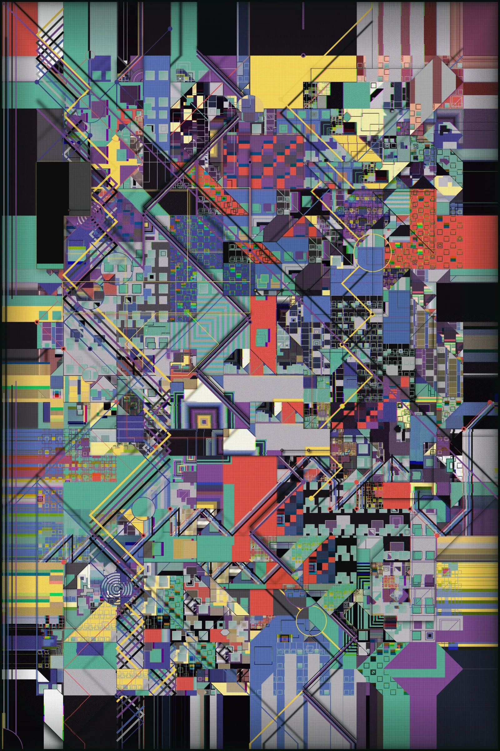 In the contemporary era, the overwhelming inundation of information and data is a ubiquitous and pervasive reality. This saturation is often accompanied by a sense of disorientation and fragmentation, making it challenging to extract meaningful and valuable insights. As humanity progresses and evolves, this gap between our biological, cognitive, and perceptual capacities and the rapid advancements of our digital world becomes increasingly significant.

Infinity, chaos, complexity, self-reproducibility, coherence, and layering are epithets that apply to this work.

This artwork seeks to capture the complexity and chaos of our digital existence, utilizing various visual techniques to convey its message. Layering and fragmentation visually depict the scattered and fragmented nature of our digital lives, with each layer representing a different unit of information. This fragmentation is further underscored by the grid of "transport" lines that permeate the canvas, symbolizing the interconnected networks and corporations that seek to control and manipulate our attention. Despite the strict rules governing the forms in the artwork, the overall effect is one of chaos and impending tragedy. This tension between order and disorder is a recurring theme, conveying that we are on the brink of losing control and being consumed by information overload. The visual elements of the artwork convey a "technological coldness" and emotionlessness, reflecting the detachment that can result from our immersion in the digital realm. Some of the elements are unfocused, which creates the effect of discomfort and the inability to concentrate and embrace all the available space at once. A kind of frame is the "traces" of data gathering toward the center - in our minds - and intertwining into an endless tangle of something massive and noisy but with no precise shape.

To reinforce the concept, I placed an infinite rotation of all the layers used in the art behind the main canvas. They alternate at great speed, constantly changing their "compression" and background, symbolizing the endless flow of digital information overwhelming our consciousness.

Through its visual elements and composition, the artwork urges us to reflect on our collective responsibility to engage with technology more ethically and thoughtfully. It reminds us that while technology can offer many opportunities and benefits, it also significantly challenges our values and ethics. In this sense, the artwork serves as a reminder of the importance of maintaining a balance between technological progress and human values.

I used many techniques to create this art. Because of the large number of generated elements and big canvas size, it takes quite a long time to make, "overloading" your device and then entirely using its resources, which is also part of the concept.

---

This art is static until you touch it. You can use the mouse wheel to examine the details, and you can also drag the surface of the art. Also, this art is created in two parts. Behind it is an infinite rotation of the layers used in it.

**Controls:** 

Mouse wheel: zoom in/out
Mouse click, hold and move: drag the static part
Mouse double-click: reset (go static)
Press 's' to save the image

WARNING: PHOTOSENSITIVITY/EPILEPSY SEIZURES

---

 ***As always, a pre-sale for TBOA club members and TBOA token holders will be a day before the official release.***