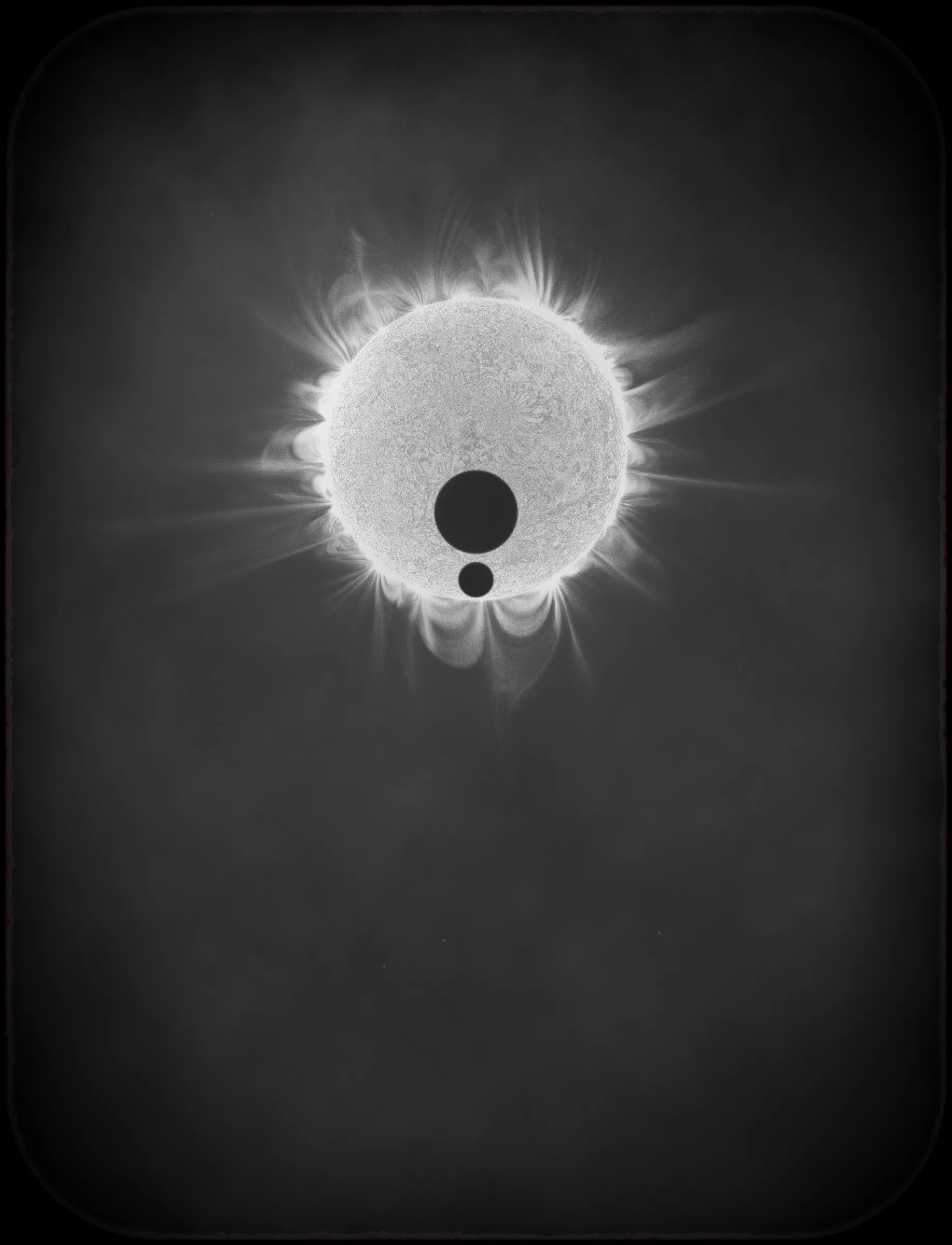 Solar Transits is a procedural exploration of the origins of astrophotography. Each image in this series depicts a randomly generated astronomical event but viewed through the lens of mid-to-late 19th century image capture techniques. The collection features a variety of rare alignments of stars, planets and moons, and are rendered in the spirit of the daguerreotype.

In June of 2012, I took a trip to Minneapolis to speak at the Eyeo Festival. Venus was going to transit while I was there. I was curious. I had not seen a transit before. At 5:09 pm on June 5th, a nearly imperceptible black circle began its march across the sun. Were it not a predicted mathematical certainty, it is doubtful anyone would have noticed. For six minutes, the light from the sun was 0.087% dimmer.

It is a significant thing to see an object silhouetted against the sun. We are so accustom to seeing our perfect circle of pure light that we can't help but to celebrate the occasions where something blocks the view. I still feel a little more excitement when a slight shadow shoots across the landscape on a cloudless day, the source being an extremely rare transit of a commercial jet liner.

Exponentially more rare is the planetary transit. When Venus hangs on the horizon, glowing against the night sky, it is all too easy to think it another star. Only when it is viewed in silhouette can its position in our universe be fully appreciated: orbitally locked like us, and forever drawing it's path around the sun. That tiny black circle effected me in a big way. The scale of the cosmos shifted into perspective. That doesn’t happen often. I was incredibly moved. It was an experience I will never forget. This project is an homage to that strange once-in-a-lifetime event.

As it turns out, I was very lucky to have seen it at all. In the time since my birth in 1972, a Venus transit has only happened twice. The 1st time was in 2004 but I lived in a part of the world where it was not visible. The 2nd time was in 2012. Unless I live to be 145 years old, there won’t be a 3rd time. There are a couple silver linings: the Great American solar eclipse is on April 8 2024, and Mercury will transit in 2032.

The first 10 sales will have the option to purchase their output in the form of a framed daguerreotype.