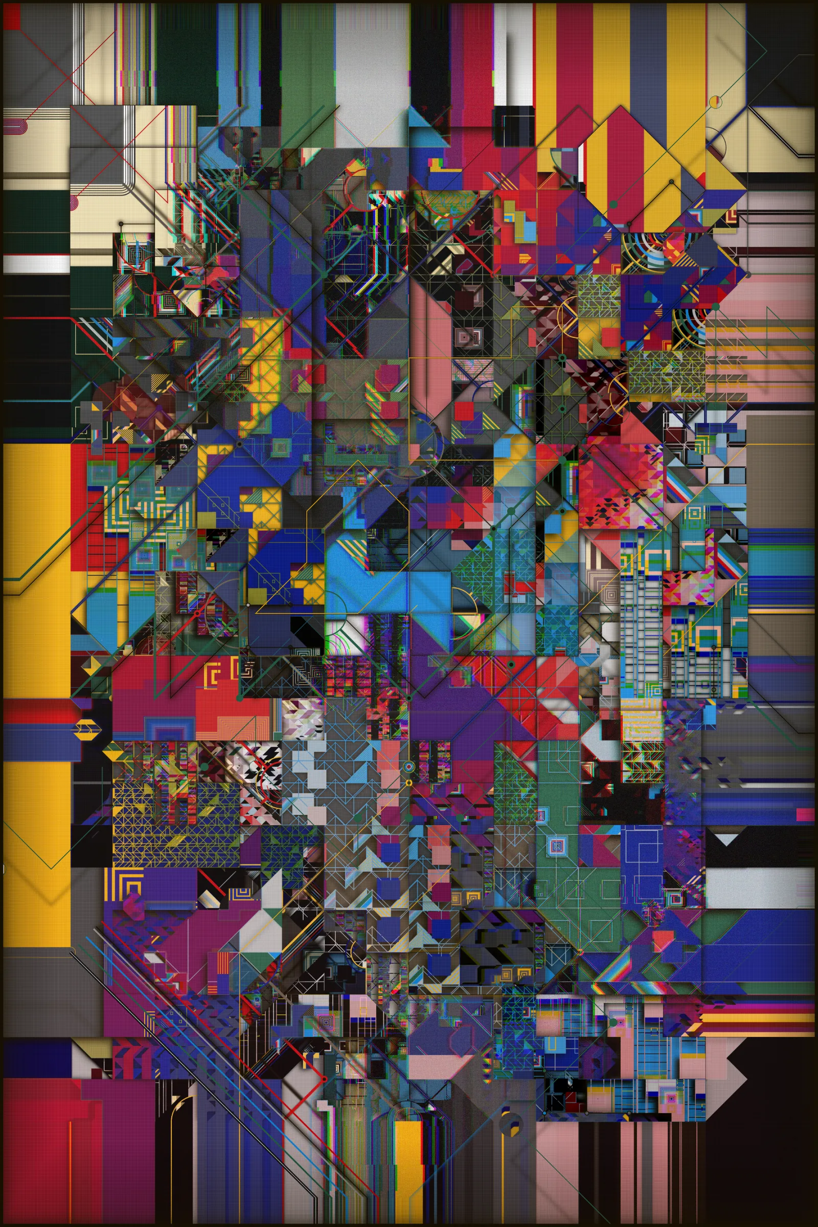 In the contemporary era, the overwhelming inundation of information and data is a ubiquitous and pervasive reality. This saturation is often accompanied by a sense of disorientation and fragmentation, making it challenging to extract meaningful and valuable insights. As humanity progresses and evolves, this gap between our biological, cognitive, and perceptual capacities and the rapid advancements of our digital world becomes increasingly significant.

Infinity, chaos, complexity, self-reproducibility, coherence, and layering are epithets that apply to this work.

This artwork seeks to capture the complexity and chaos of our digital existence, utilizing various visual techniques to convey its message. Layering and fragmentation visually depict the scattered and fragmented nature of our digital lives, with each layer representing a different unit of information. This fragmentation is further underscored by the grid of "transport" lines that permeate the canvas, symbolizing the interconnected networks and corporations that seek to control and manipulate our attention. Despite the strict rules governing the forms in the artwork, the overall effect is one of chaos and impending tragedy. This tension between order and disorder is a recurring theme, conveying that we are on the brink of losing control and being consumed by information overload. The visual elements of the artwork convey a "technological coldness" and emotionlessness, reflecting the detachment that can result from our immersion in the digital realm. Some of the elements are unfocused, which creates the effect of discomfort and the inability to concentrate and embrace all the available space at once. A kind of frame is the "traces" of data gathering toward the center - in our minds - and intertwining into an endless tangle of something massive and noisy but with no precise shape.

To reinforce the concept, I placed an infinite rotation of all the layers used in the art behind the main canvas. They alternate at great speed, constantly changing their "compression" and background, symbolizing the endless flow of digital information overwhelming our consciousness.

Through its visual elements and composition, the artwork urges us to reflect on our collective responsibility to engage with technology more ethically and thoughtfully. It reminds us that while technology can offer many opportunities and benefits, it also significantly challenges our values and ethics. In this sense, the artwork serves as a reminder of the importance of maintaining a balance between technological progress and human values.

I used many techniques to create this art. Because of the large number of generated elements and big canvas size, it takes quite a long time to make, "overloading" your device and then entirely using its resources, which is also part of the concept.

---

This art is static until you touch it. You can use the mouse wheel to examine the details, and you can also drag the surface of the art. Also, this art is created in two parts. Behind it is an infinite rotation of the layers used in it.

**Controls:** 

Mouse wheel: zoom in/out
Mouse click, hold and move: drag the static part
Mouse double-click: reset (go static)
Press 's' to save the image

WARNING: PHOTOSENSITIVITY/EPILEPSY SEIZURES

---

 ***As always, a pre-sale for TBOA club members and TBOA token holders will be a day before the official release.***