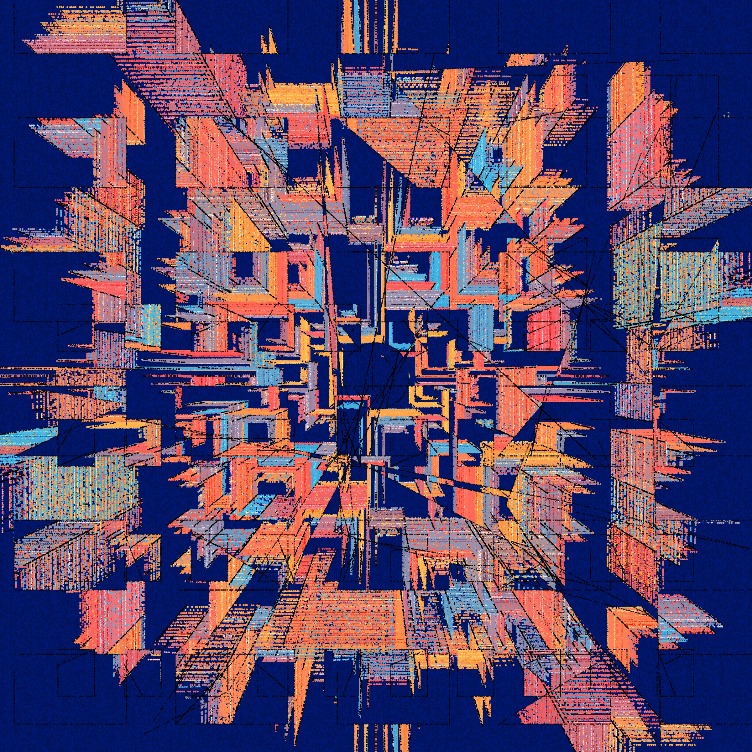 Structures is an abstract generative art project drawn entirely with dots.

About project development:

*In generative art, I like to experiment and test sometimes improbable things (which was the case for this project).*

*Structures is a very special project that was born from this experimentation, in this case, the merger of two discrete projects I was working on.*

*When I was working on the first version of Structures, even after a long development I was not completely satisfied with the result, and ended up putting the project aside to try to find a way to finish sometime in the future.*

*I then started another, more abstract, project (with various shapes, triangles, circles, grids of rectangles, etc.), that really had nothing obvious in common with Structures. But, ultimately, this project too, alone, was not enough.*

*And then one day I wondered how these projects might inform each other, and worked to make Structures more abstract. I honestly had no expectations of success, but nevertheless worked to merge the codes of the discrete projects just to see what it would yield.*

*I was pleasantly surprised by the result, and then continued to iterate this new hybrid version until finally arriving with what you see here.*

Each variation generated by Structures is drawn using only dots. It is the complex algorithm of the project that determines the position, size, color, etc. of each dot through approximately 1,500,000 to 40,000,000 random decisions based on the hash of the mint and draws approximately 350,000 to 10,000,000 dots based on these random decisions.

In live mode:
- click during the animation = animation pause
- click at the end of the animation = display of the number of dots drawn

Made with ❤️, code and p5js.