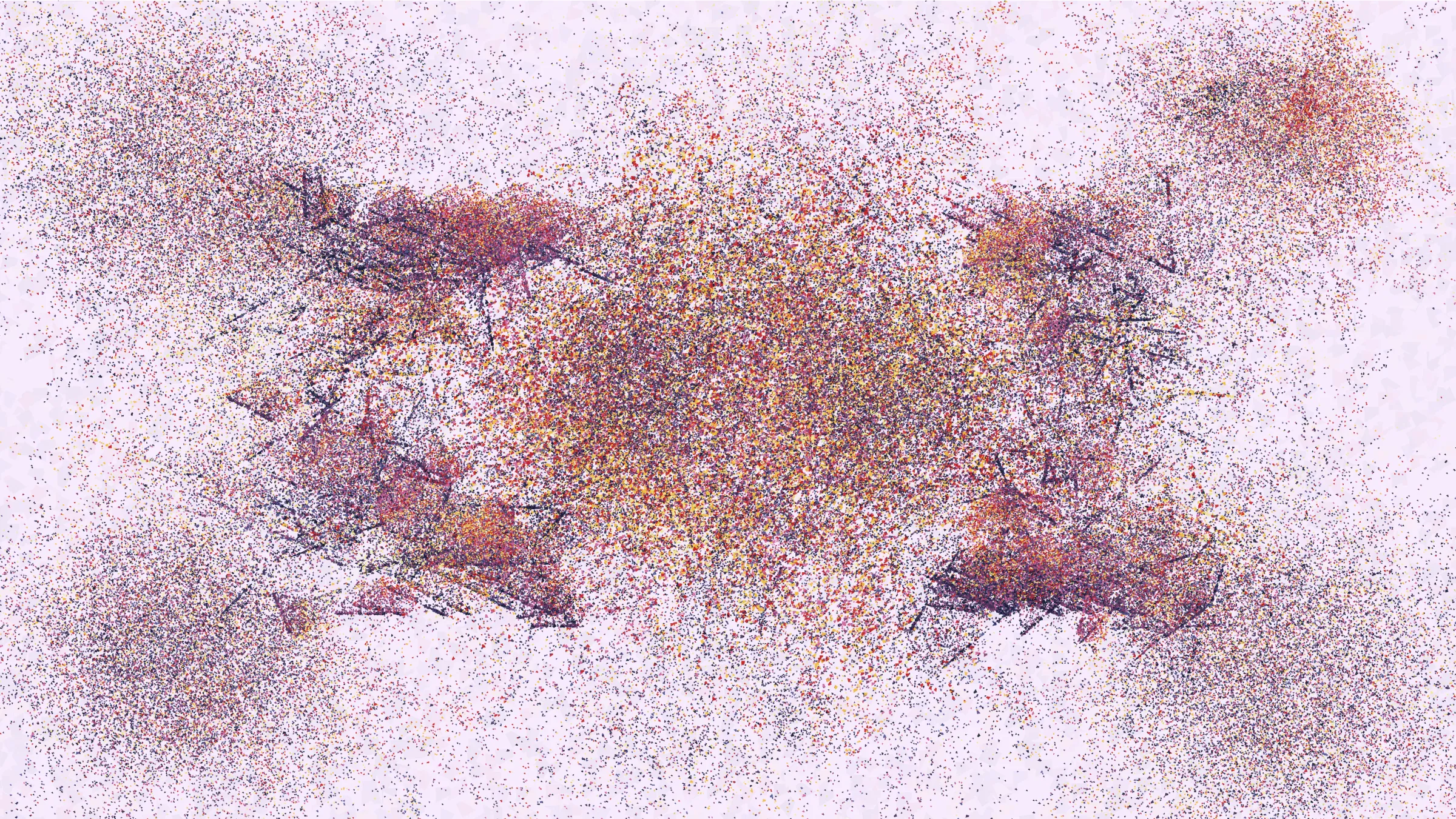 How can intent be communicated when ideas are filtered through a pseudorandom number generator? Simply looking at the output does not make it clear whether a stroke is placed on the canvas because of a decision by the artist or by a roll of the dice. The artist’s hand is more present in the process than the result; they choose the algorithms, tune the parameters, and prune the features. As I experimented with my code, I held a particular idea in mind, but I was uncertain how it would finally manifest. I pursued a visual composition that made me feel a certain way, and the visuals I landed on communicate my feeling better than anything I can put into words. Through Curved Air is about the challenge of communication. Regardless of the medium, I can never be certain that the message I intend to send is the message that is received.

Through Curved Air takes inspiration from musical minimalism, where repetition is used to highlight changes in rhythm and harmony. Every output is created by repeatedly copying a single shape. Each copy only has meaning in relation to the other shapes nearby, and that meaning changes with the context around it. Delicate structures form and are subsequently obscured by further layers, and though they may be hidden, they still affect the perception of the final image. Clicking on the canvas will start or stop the looping mode, where the image is recreated in a slightly different way. New facets are exposed as the composition changes yet remains the same. Just as I spend my days trying to share my inner experience through my art, Through Curved Air uses each shape and each loop and each token hash to attempt to create a common feeling between myself and the viewer.

Through Curved Air also takes inspiration from the paintings of Joan Mitchell. I was drawn to her expressive strokes, vibrant colors, and use of negative space, all of which come together to give a more intense feeling of looking at a landscape than just looking at a painting of a landscape. Her energetic marks clearly communicate that there is a human being behind the art. The marks of generative works are often similarly representative of the underlying process, but instead of drawing focus to the artist behind the piece, they draw attention to the algorithm. To convey human emotion in the way I intended, I had to use a subtler algorithm.

The technical tools to convey this emotion are tools I have been consistently developing in my practice. I love making generative art because I can design a system where I understand how all the components work, but they can still come together to produce a result that surprises me. The algorithm behind the compositional variation in my earlier works Coquina and Primordial is one I continued to evolve, and it rests at the heart of Through Curved Air. In fact, I pushed it further than ever, using it to create the individual shapes that form the building block of each output. This emergent variation permeates the work and results in surprising images that more closely resemble paintings than anything I made previously. I believe the potential for surprise is key to conveying emotion through code. When the possibility space of the algorithm grows too large to understand, the mind wanders to the person behind the algorithm. Perhaps the human element is the struggle to understand, or the struggle to be understood.