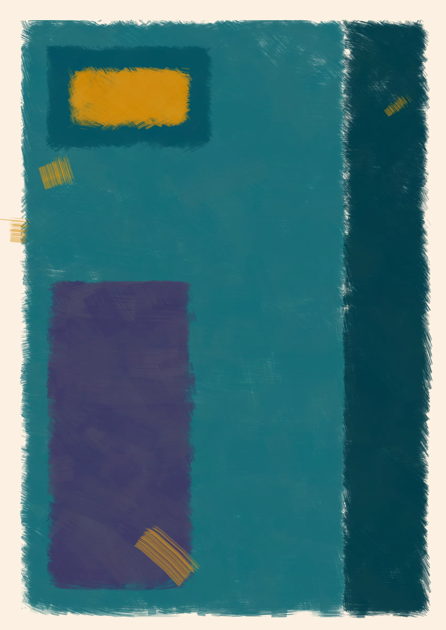 ### Good job, Computer. Do that some more.

To what degree can we teach a computer to make a painting? One that resembles creation from the imperfect hand of a human. Here, the computer attempts to hide itself from the viewer in the details, such as inconsistent borders or uneven layers of paint. Intentional flaws that a human might make unintentionally.
Good, Computer is an exploration of not only how small cumulative inaccuracies create complete images, but also the forms and harmonies that those images evoke.

Consider the following:

***A set of 4 colors is to be considered -- singly as "actors," together as "cast." They are to be presented in 4 different arrangements -- as "performances."***
***Although they remain unchanged in hue and light, in "character", and appear in an unchanging outer frame, the "stage", they are to produce 4 different "scenes" or "plays," each to be so different that one and the same set of colors will be seen as 4 different sets, presented by 4 different casts.***
***And all this can be achieved mainly through changes in quantity which result in shifts of dominance, of recurrence, and consequently of placement.***
***The essential question: which group of colors is ready to lose its identity as a cast?*** 
***-- Josef Albers***

We can answer this question simply by asking ourselves why we're drawn to some arrangements more than others. In doing so, we consider not just tone, but also quantity, intensity and weight in order to form new relationships between the colours. And as such the viewer gives each image their own subjective personality.

---

Press `s` to save image.