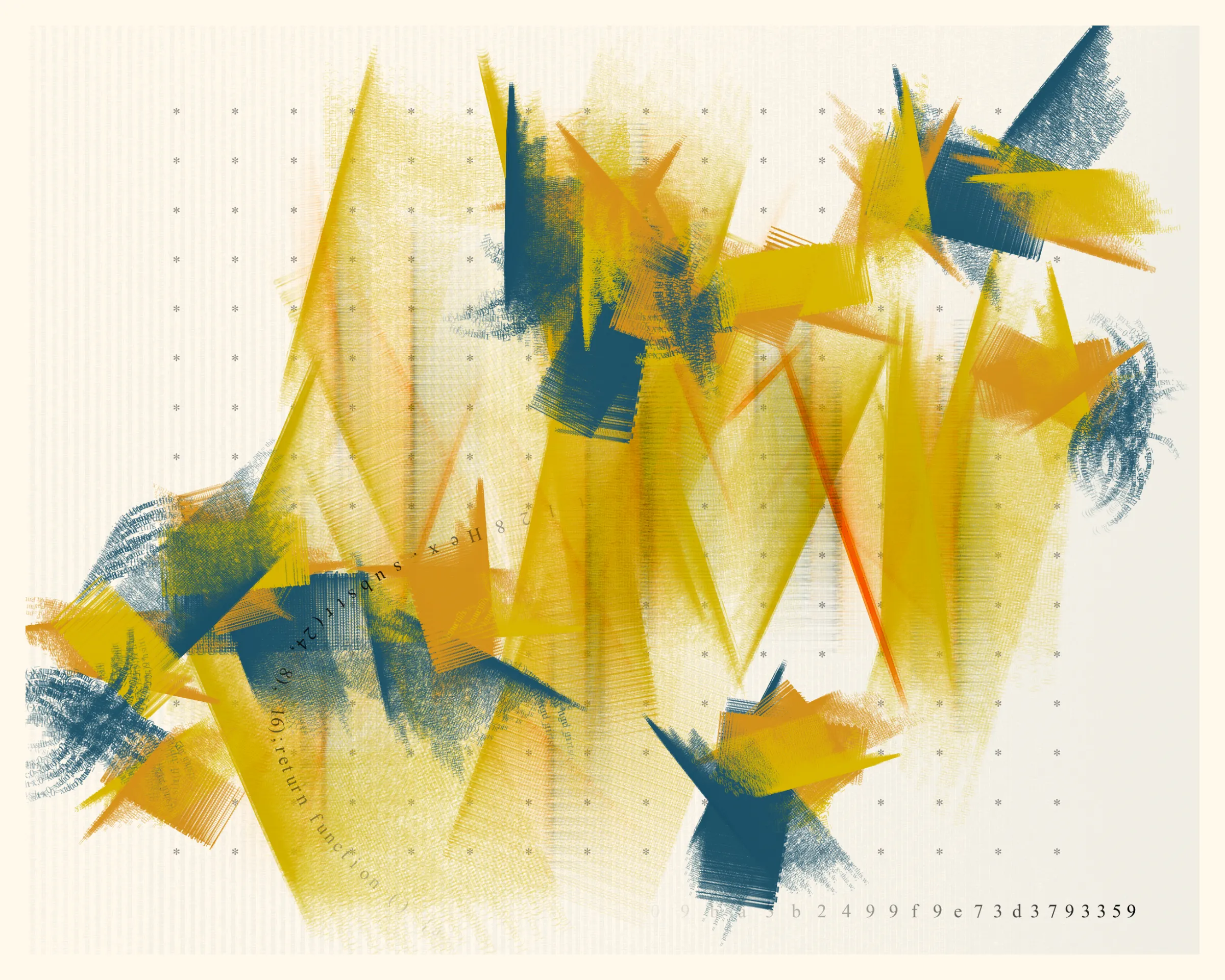 In this collection, each mark on the digital canvas is made by text of the algorithm that created it. When viewing Symbol 1, you’re viewing its code – logic becoming art.

If you look closely at an oil painting you may see brushstrokes. If you look closely at an iteration of Symbol 1, you'll see snippets of the code that generates the piece itself: text from for() loops repeated over and over; the Random() function itself weaving through the piece; and the hash code, like an artist signature, displayed on the bottom right.

Organic and mechanical forces have long been in tension in art and architecture. Art nouveau's floral  curves vs. art deco's industrial geometry, Jackson Pollock's declaration “I am nature” vs. Andy Warhol's confession “I want to be a machine,” etc.

This conversation continues in generative art. One collection might appear surprisingly organic, as if crafted by hand; another might appear strictly computer generated, showing the expressive power of machines.

Symbol 1 joins this conversation, offering another way to synthesize the natural and the mechanical. Just as a crashing ocean wave could be explained mathematically by the forces that generated it, an image in Symbol 1 appears almost chaotic while revealing the logic that created it.

About the title: Symbol 1 is a term from First Principles, a chapter in The Mathematical Analysis of Logic (1847) by George Boole, a founder of modern logic. For Boole, “symbol 1” represents “the Universe comprehending every conceivable class of objects, whether actually existing or not.”