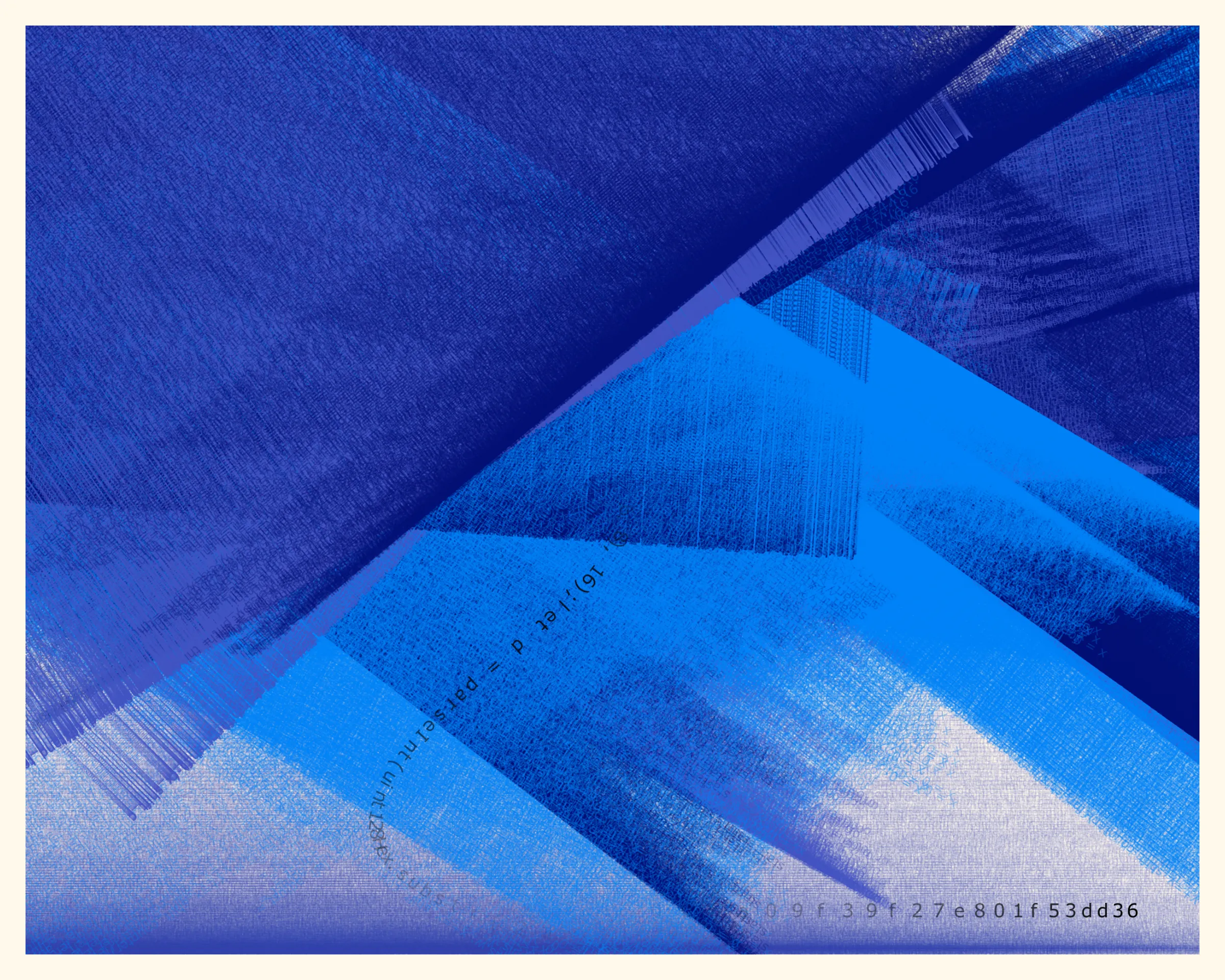 In this collection, each mark on the digital canvas is made by text of the algorithm that created it. When viewing Symbol 1, you’re viewing its code – logic becoming art.

If you look closely at an oil painting you may see brushstrokes. If you look closely at an iteration of Symbol 1, you'll see snippets of the code that generates the piece itself: text from for() loops repeated over and over; the Random() function itself weaving through the piece; and the hash code, like an artist signature, displayed on the bottom right.

Organic and mechanical forces have long been in tension in art and architecture. Art nouveau's floral  curves vs. art deco's industrial geometry, Jackson Pollock's declaration “I am nature” vs. Andy Warhol's confession “I want to be a machine,” etc.

This conversation continues in generative art. One collection might appear surprisingly organic, as if crafted by hand; another might appear strictly computer generated, showing the expressive power of machines.

Symbol 1 joins this conversation, offering another way to synthesize the natural and the mechanical. Just as a crashing ocean wave could be explained mathematically by the forces that generated it, an image in Symbol 1 appears almost chaotic while revealing the logic that created it.

About the title: Symbol 1 is a term from First Principles, a chapter in The Mathematical Analysis of Logic (1847) by George Boole, a founder of modern logic. For Boole, “symbol 1” represents “the Universe comprehending every conceivable class of objects, whether actually existing or not.”
