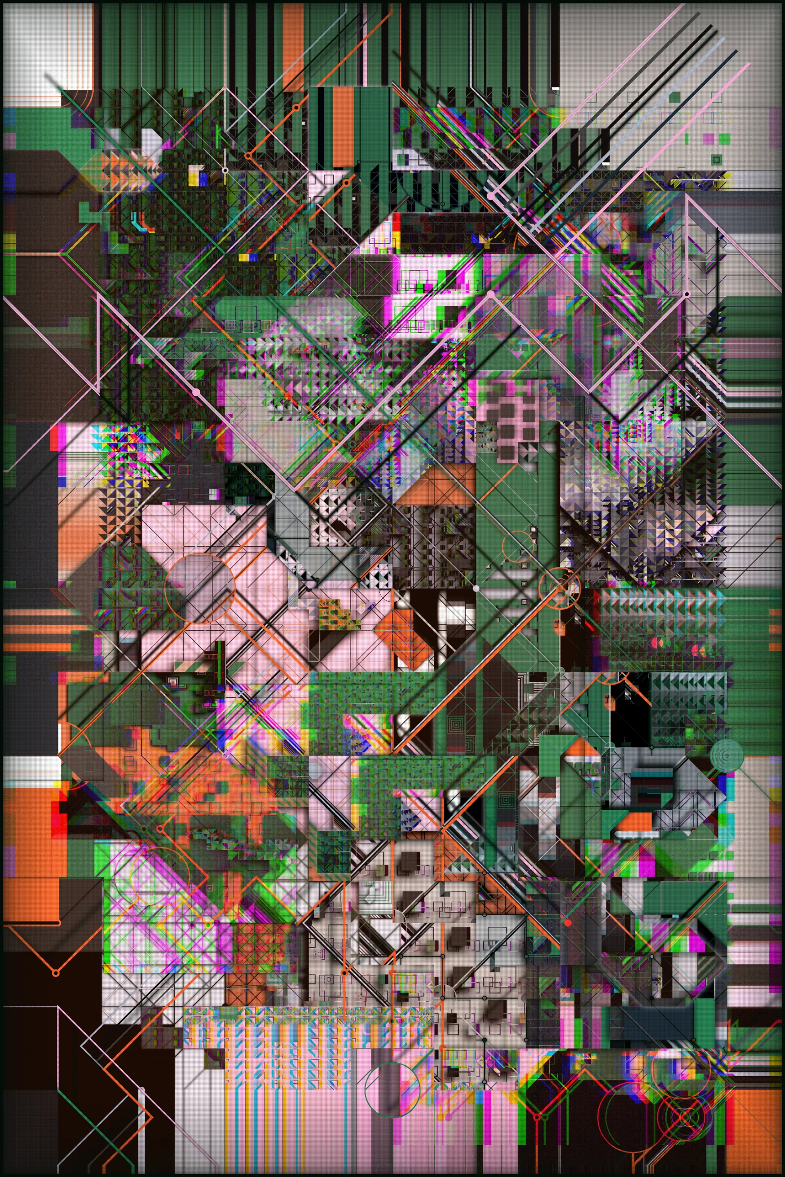 In the contemporary era, the overwhelming inundation of information and data is a ubiquitous and pervasive reality. This saturation is often accompanied by a sense of disorientation and fragmentation, making it challenging to extract meaningful and valuable insights. As humanity progresses and evolves, this gap between our biological, cognitive, and perceptual capacities and the rapid advancements of our digital world becomes increasingly significant.

Infinity, chaos, complexity, self-reproducibility, coherence, and layering are epithets that apply to this work.

This artwork seeks to capture the complexity and chaos of our digital existence, utilizing various visual techniques to convey its message. Layering and fragmentation visually depict the scattered and fragmented nature of our digital lives, with each layer representing a different unit of information. This fragmentation is further underscored by the grid of "transport" lines that permeate the canvas, symbolizing the interconnected networks and corporations that seek to control and manipulate our attention. Despite the strict rules governing the forms in the artwork, the overall effect is one of chaos and impending tragedy. This tension between order and disorder is a recurring theme, conveying that we are on the brink of losing control and being consumed by information overload. The visual elements of the artwork convey a "technological coldness" and emotionlessness, reflecting the detachment that can result from our immersion in the digital realm. Some of the elements are unfocused, which creates the effect of discomfort and the inability to concentrate and embrace all the available space at once. A kind of frame is the "traces" of data gathering toward the center - in our minds - and intertwining into an endless tangle of something massive and noisy but with no precise shape.

To reinforce the concept, I placed an infinite rotation of all the layers used in the art behind the main canvas. They alternate at great speed, constantly changing their "compression" and background, symbolizing the endless flow of digital information overwhelming our consciousness.

Through its visual elements and composition, the artwork urges us to reflect on our collective responsibility to engage with technology more ethically and thoughtfully. It reminds us that while technology can offer many opportunities and benefits, it also significantly challenges our values and ethics. In this sense, the artwork serves as a reminder of the importance of maintaining a balance between technological progress and human values.

I used many techniques to create this art. Because of the large number of generated elements and big canvas size, it takes quite a long time to make, "overloading" your device and then entirely using its resources, which is also part of the concept.

---

This art is static until you touch it. You can use the mouse wheel to examine the details, and you can also drag the surface of the art. Also, this art is created in two parts. Behind it is an infinite rotation of the layers used in it.

**Controls:** 

Mouse wheel: zoom in/out
Mouse click, hold and move: drag the static part
Mouse double-click: reset (go static)
Press 's' to save the image

WARNING: PHOTOSENSITIVITY/EPILEPSY SEIZURES

---

 ***As always, a pre-sale for TBOA club members and TBOA token holders will be a day before the official release.***