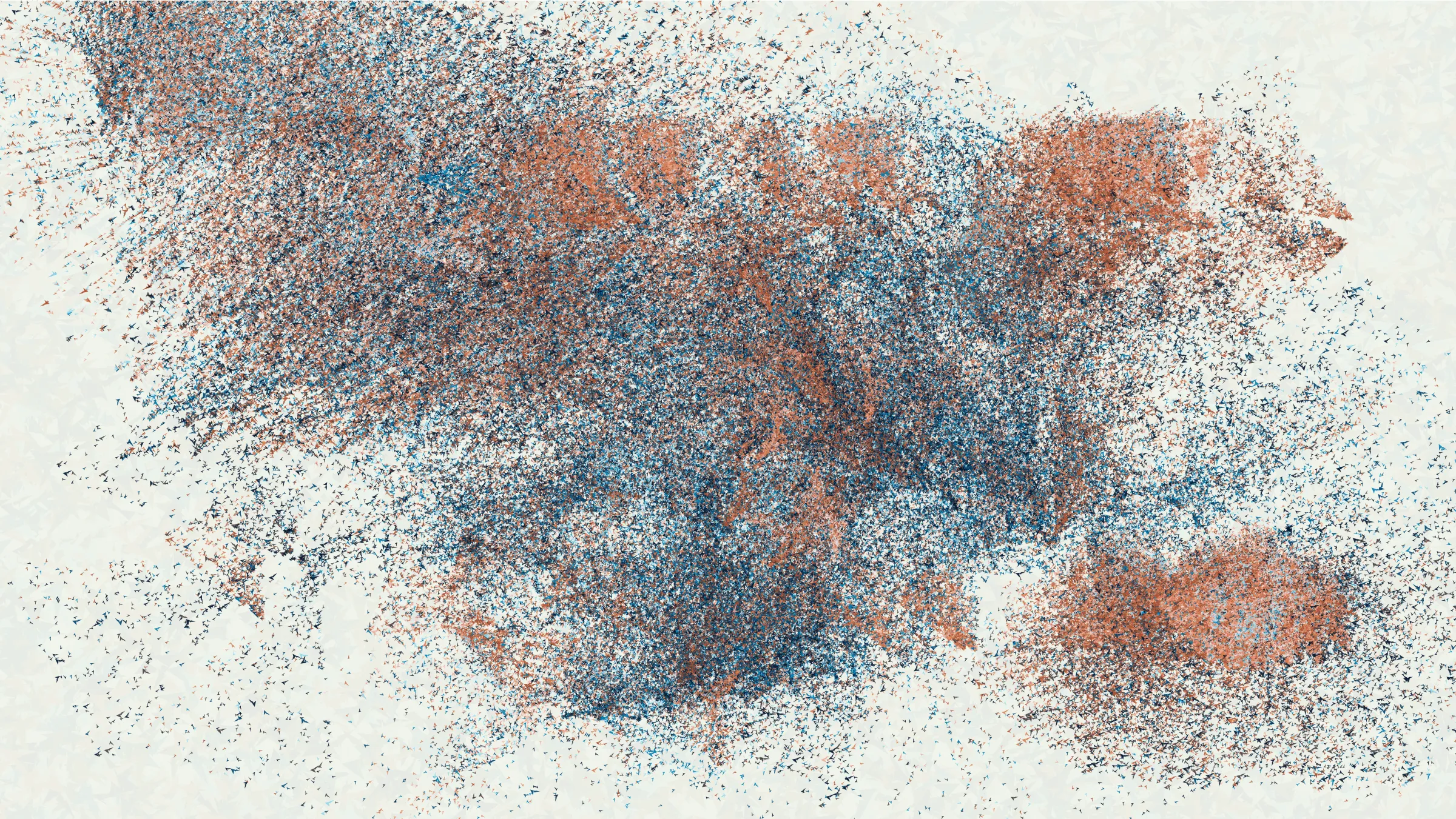 How can intent be communicated when ideas are filtered through a pseudorandom number generator? Simply looking at the output does not make it clear whether a stroke is placed on the canvas because of a decision by the artist or by a roll of the dice. The artist’s hand is more present in the process than the result; they choose the algorithms, tune the parameters, and prune the features. As I experimented with my code, I held a particular idea in mind, but I was uncertain how it would finally manifest. I pursued a visual composition that made me feel a certain way, and the visuals I landed on communicate my feeling better than anything I can put into words. Through Curved Air is about the challenge of communication. Regardless of the medium, I can never be certain that the message I intend to send is the message that is received.

Through Curved Air takes inspiration from musical minimalism, where repetition is used to highlight changes in rhythm and harmony. Every output is created by repeatedly copying a single shape. Each copy only has meaning in relation to the other shapes nearby, and that meaning changes with the context around it. Delicate structures form and are subsequently obscured by further layers, and though they may be hidden, they still affect the perception of the final image. Clicking on the canvas will start or stop the looping mode, where the image is recreated in a slightly different way. New facets are exposed as the composition changes yet remains the same. Just as I spend my days trying to share my inner experience through my art, Through Curved Air uses each shape and each loop and each token hash to attempt to create a common feeling between myself and the viewer.

Through Curved Air also takes inspiration from the paintings of Joan Mitchell. I was drawn to her expressive strokes, vibrant colors, and use of negative space, all of which come together to give a more intense feeling of looking at a landscape than just looking at a painting of a landscape. Her energetic marks clearly communicate that there is a human being behind the art. The marks of generative works are often similarly representative of the underlying process, but instead of drawing focus to the artist behind the piece, they draw attention to the algorithm. To convey human emotion in the way I intended, I had to use a subtler algorithm.

The technical tools to convey this emotion are tools I have been consistently developing in my practice. I love making generative art because I can design a system where I understand how all the components work, but they can still come together to produce a result that surprises me. The algorithm behind the compositional variation in my earlier works Coquina and Primordial is one I continued to evolve, and it rests at the heart of Through Curved Air. In fact, I pushed it further than ever, using it to create the individual shapes that form the building block of each output. This emergent variation permeates the work and results in surprising images that more closely resemble paintings than anything I made previously. I believe the potential for surprise is key to conveying emotion through code. When the possibility space of the algorithm grows too large to understand, the mind wanders to the person behind the algorithm. Perhaps the human element is the struggle to understand, or the struggle to be understood.