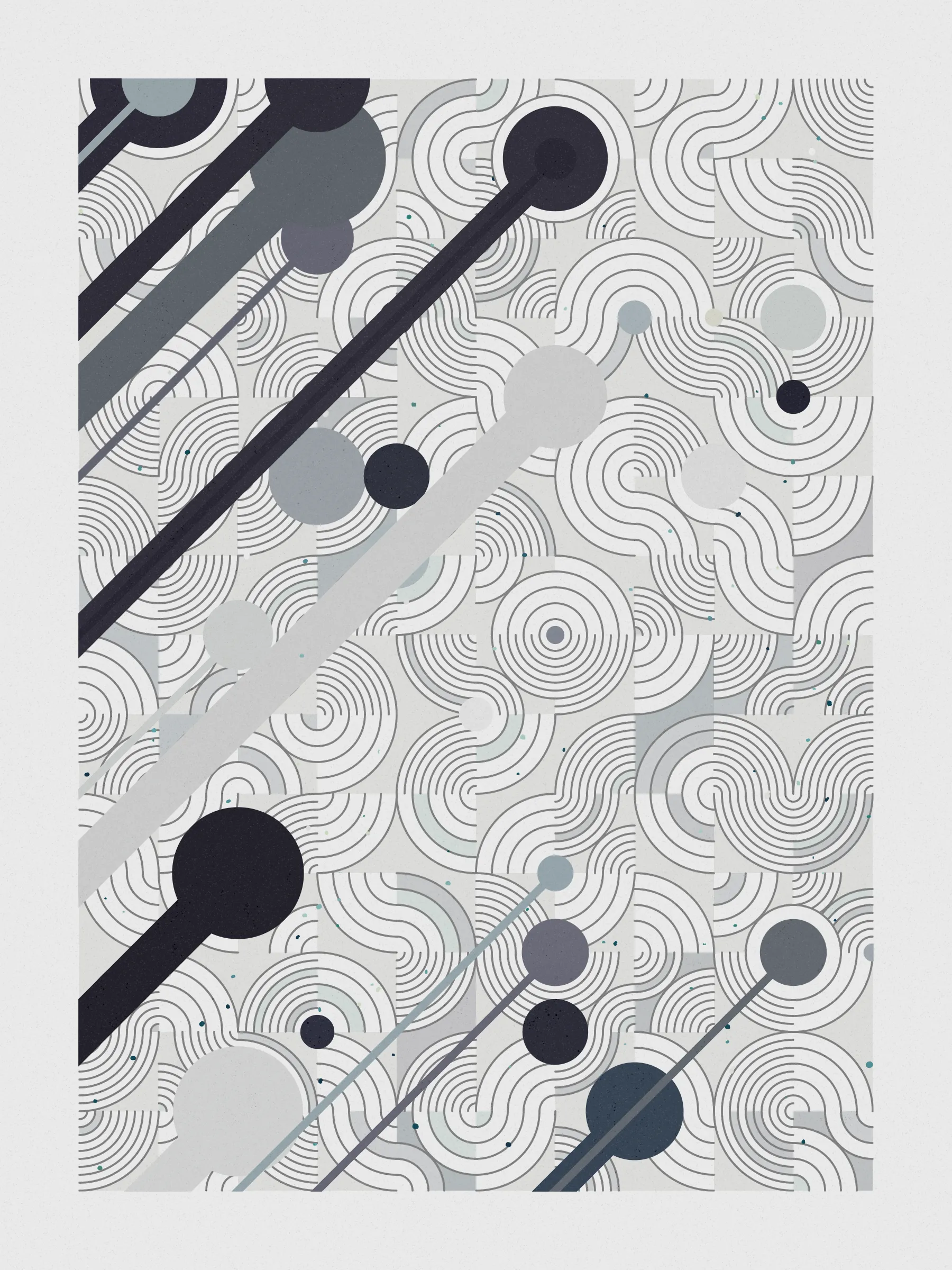 ##### **Forecast** abstractly captures the essence of rainfall on a stone-paved road, drawing an analogy between weather and human emotions, comparing the outcome of a weather forecast to the range of feelings a rainy day can evoke, inviting viewers to reflect on their own relationship with rain and the emotions it evokes in them. #####
####  ####
` `
The code creatively **recreates a weather forecast** to determine where on the canvas rain will fall. It emulates barometric pressure and humidity to alter a circle packing **algorithm that acts like clouds over the canvas**, generating the necessary data to calculate the probability of precipitation for each piece and distribute rain on the canvas in a visually appealing way.

**Geometry, color, and natural forces work together to create an abstract representation of rain** that pays homage to where I was born, “Galicia, where rain is art”.
 #### ####
  #### ####
   #### ####
 ***
  #### ####
` `
###### **The Concept**
` `
In the northwest of Spain lies Galicia, a region where rain holds a special place.

**With approximately half of the year consisting of rainy days**, it's no surprise that the Galician language has evolved to encompass a rich vocabulary of over 100 words to describe its various forms and moments. **Rain has become an art form in our everyday lives**, expressed through our language and the nuances of our conversations.

It was within this setting of rich traditions and linguistic nuances that **inspiration took hold on a rainy Sunday afternoon, as I wandered through the old part of town, captivated by the movement of raindrops and mesmerizing water ripples on the stone-paved road**, nurtured by the deep connection between Galicia's cultural heritage of intricate vocabulary of rain.

This intriguing interplay between weather and language extends far beyond Galicia, languages like Japanese, Welsh, and even Hawaiian bear witness to this captivating phenomenon, where **weather molds the very fabric of our linguistic expressions.** It serves as a testament to the **profound influence of weather on our collective human experience.**

While rain and weather influencing language ignited my inspiration, I sought to explore further, embarking on a creative journey that **explores the profound impact rain has on emotions and feelings**—a shared human language that transcends borders and requires no translations.

To express the diverse range of emotions rain can evoke, I created color palettes inspired by personal memories and experiences, capturing the essence of how those moments, events, and places made me feel. To further enhance the expression of emotions, I use size and proportion symbolizing and amplifying the intensity of those feelings. This approach brings forth the emotional impact of rain in our lives, **inviting viewers to reflect on their own relationship with rain and the feelings it evokes in them.**

To add depth and significance to its compositions Forecast uses a creative approach woven into its code, that became such an important part of the piece that gave its name to the project. **The code simulates a weather forecast emulating barometric pressure, and humidity** – variables that dynamically influence a circle packing algorithm that symbolizes clouds over the canvas, generating the necessary data to calculate the probability of precipitation for each piece and distribute rain across the canvas in a visually appealing way. The result is a perfect balance between randomness and control that added an extra layer of depth to the artwork.

**Prints**
Prints will be available for Forecast owners. For more details, [visit this link](https://www.mlarino.com/work/forecast "order prints").

***
\
**Keys**
**[S]** - Download image.

Press the **[LEFT ARROW]** key to explore the different elements that help build the final image.

To switch between different aspect ratios, use the following keys:
**[0]** 3:4 Print (default)
**[1]** 9:16 ratio
**[2]** 1:1 ratio