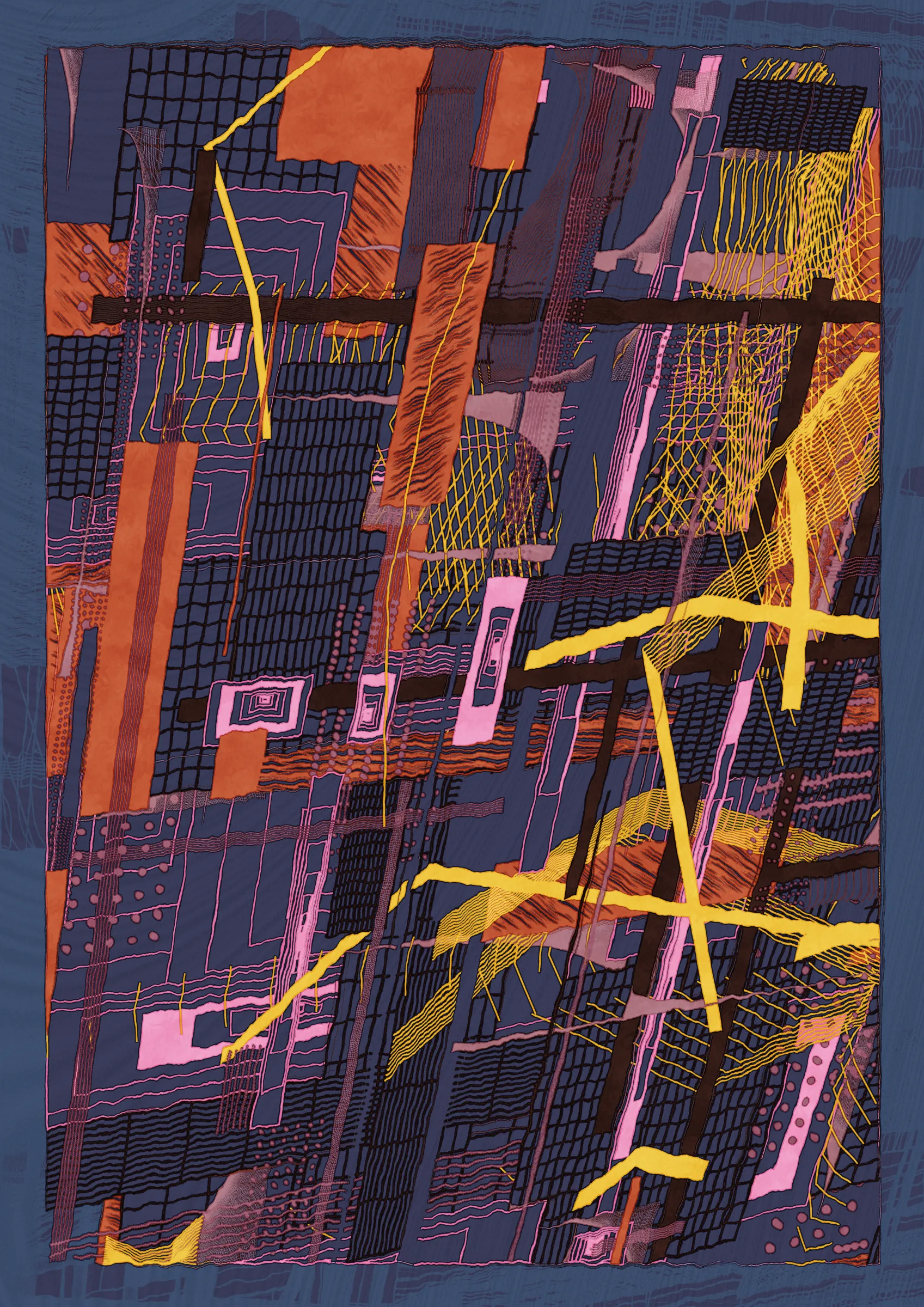 **Nära explores the connections that make us human.**

Nära (close or near in Swedish) is a celebration of friendships and relationships throughout our lives. How some of them are small, fleeting and ephemeral while a select few become lifelong bonds. The work examines the intricate graphs that are formed by these connections. Graphs are all around us and have existed for as long as we have been human. From early settlements of hunter-gatherers and nomadic tribes to the internet of today. It's all graphs.

Nära allows the viewer to explore and experience these graphs as a metaphor for the organic, organised chaos that is life. Shapes connect from one node in a graph to the next, sometimes spilling over, doubling down and creating layers of intricacy. Imperfection is embraced and Nära exposes the chaotic and unpredictable elements of life. 

The artistic vision of Nära is to highlight and expose graphs in a tactile manner that allows the viewer to see the whole graph, but also engage with the details and texture.  In doing this, Nära attempts to bring a novel contribution by pushing the boundaries of graph representation and introducing an emotional dimension to this oftentimes rigid and scientific discipline. By treating graphs as a metaphor for relationships in life, they become an integral part of the concept and an important artistic tool. 

Nära takes inspiration from the De Stijl movement in reducing the world into a deliberate expression in its smallest form and builds upon the use of shapes imbued with meaning in the works of Hilma af Klint. These ideas are expanded on by accepting that what is deliberate must also relinquish some control through the pseudo-randomness of generative art. This invites reflection on the balance of control and chance in our lives. 

_Through Nära, you are invited to reflect on the connections in your own life and on the significance of the relationships that define us as human beings._ 

To interact with the script:
- Press 's' to save.
- Add the following to the URL:
  - pd=x, where x is a number to control the resolution via pixel density (useful for rendering high resolution stills)
  - rs=x, where x is a number to enable and control the rendering buildup animation.