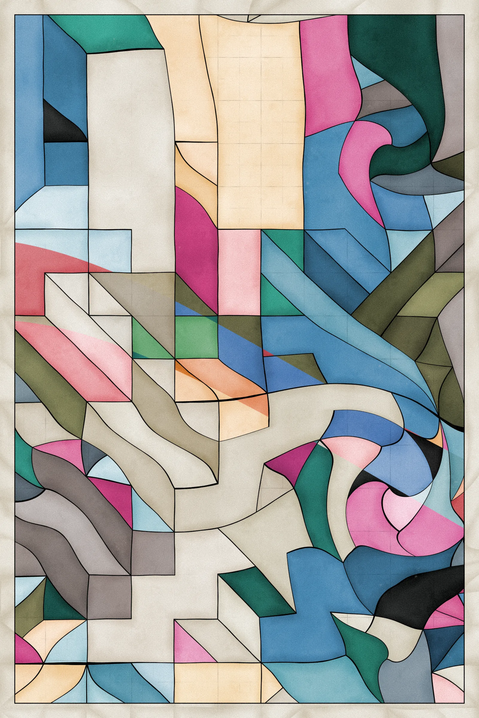 **Trichro-matic** meditates on perception.

As you explore the piece, your perception of the structure shifts. Elements change their relationships - what is out turns in; what is flat deepens. What stood adjacent now occludes.

The piece uses rhythmic color and form, displacement, and juxtaposition to create structures that invite interpretation and exploration. Some outputs challenge our depth perception conventions, while others manipulate explicit structural cues and emphasize intentional imperfections.

From this concept, the piece gets its name - Trichro-matic - denoting the ability to perceive using all three primary colors. The hyphenated "o-matic" denotes fictional machinery, hinting at the generative system supporting the piece. Both hand-selected and algorithmically-generated color palettes feature, with the latter aiming to elicit emotions akin to the former.

When you explore an output from different starting points, you understand the elements' relationships differently. In these changing interpretations, no answer is definitive. Each perspective, whether your first, your last, or someone else's, is valid.

Prints will be available for Trichro-matic owners. For more details, visit [this link](https://www.mountvitruvius.art).

Note: Renders might take longer on lower-end or mobile devices. This piece is my most technically complex release to date, relying on a custom GPU render process which can demand significant resources, even if outputs appear simple.

Finally, I dedicate this piece to my father, who suffered vision loss from a stroke in September 2023.