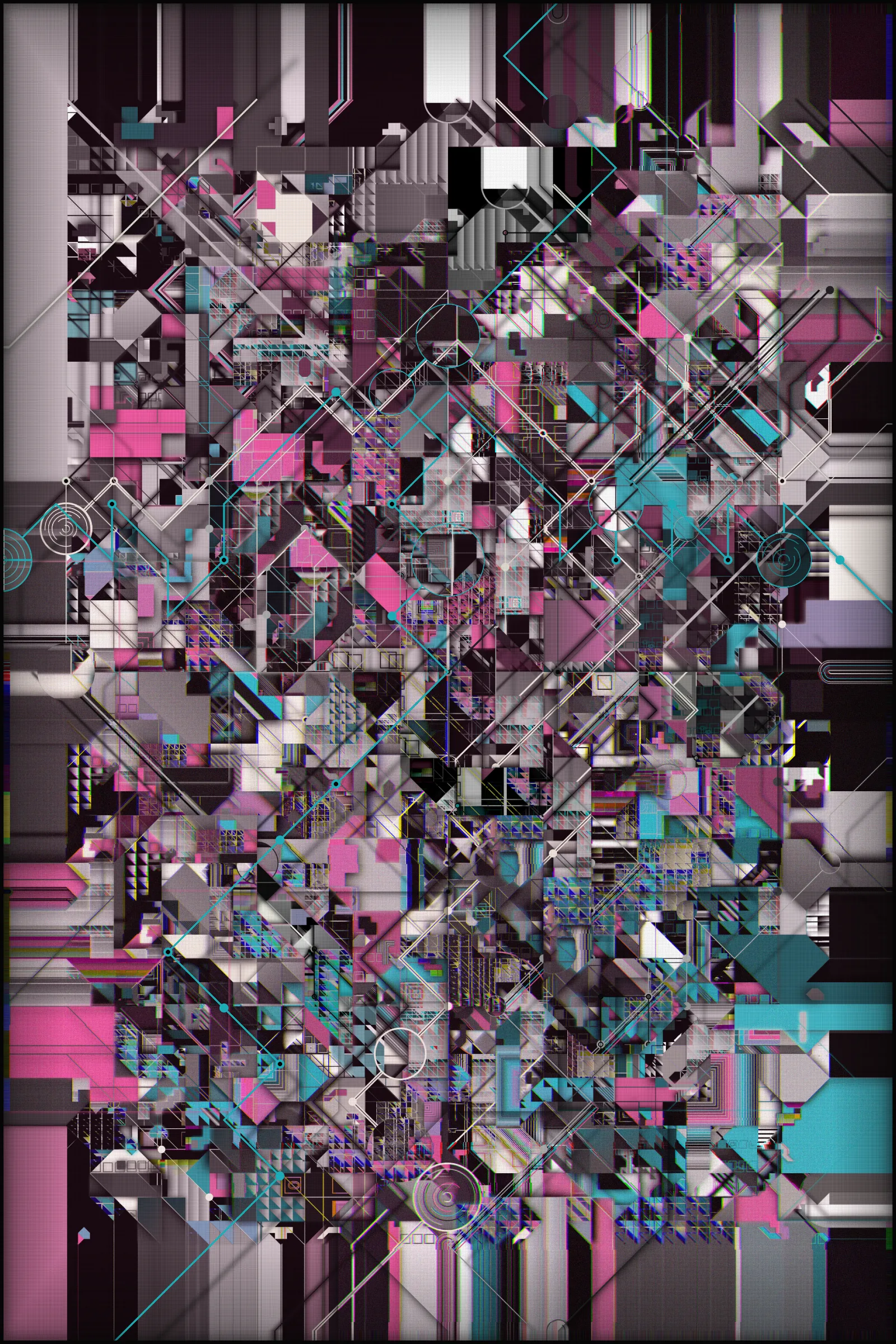 In the contemporary era, the overwhelming inundation of information and data is a ubiquitous and pervasive reality. This saturation is often accompanied by a sense of disorientation and fragmentation, making it challenging to extract meaningful and valuable insights. As humanity progresses and evolves, this gap between our biological, cognitive, and perceptual capacities and the rapid advancements of our digital world becomes increasingly significant.

Infinity, chaos, complexity, self-reproducibility, coherence, and layering are epithets that apply to this work.

This artwork seeks to capture the complexity and chaos of our digital existence, utilizing various visual techniques to convey its message. Layering and fragmentation visually depict the scattered and fragmented nature of our digital lives, with each layer representing a different unit of information. This fragmentation is further underscored by the grid of "transport" lines that permeate the canvas, symbolizing the interconnected networks and corporations that seek to control and manipulate our attention. Despite the strict rules governing the forms in the artwork, the overall effect is one of chaos and impending tragedy. This tension between order and disorder is a recurring theme, conveying that we are on the brink of losing control and being consumed by information overload. The visual elements of the artwork convey a "technological coldness" and emotionlessness, reflecting the detachment that can result from our immersion in the digital realm. Some of the elements are unfocused, which creates the effect of discomfort and the inability to concentrate and embrace all the available space at once. A kind of frame is the "traces" of data gathering toward the center - in our minds - and intertwining into an endless tangle of something massive and noisy but with no precise shape.

To reinforce the concept, I placed an infinite rotation of all the layers used in the art behind the main canvas. They alternate at great speed, constantly changing their "compression" and background, symbolizing the endless flow of digital information overwhelming our consciousness.

Through its visual elements and composition, the artwork urges us to reflect on our collective responsibility to engage with technology more ethically and thoughtfully. It reminds us that while technology can offer many opportunities and benefits, it also significantly challenges our values and ethics. In this sense, the artwork serves as a reminder of the importance of maintaining a balance between technological progress and human values.

I used many techniques to create this art. Because of the large number of generated elements and big canvas size, it takes quite a long time to make, "overloading" your device and then entirely using its resources, which is also part of the concept.

---

This art is static until you touch it. You can use the mouse wheel to examine the details, and you can also drag the surface of the art. Also, this art is created in two parts. Behind it is an infinite rotation of the layers used in it.

**Controls:** 

Mouse wheel: zoom in/out
Mouse click, hold and move: drag the static part
Mouse double-click: reset (go static)
Press 's' to save the image

WARNING: PHOTOSENSITIVITY/EPILEPSY SEIZURES

---

 ***As always, a pre-sale for TBOA club members and TBOA token holders will be a day before the official release.***