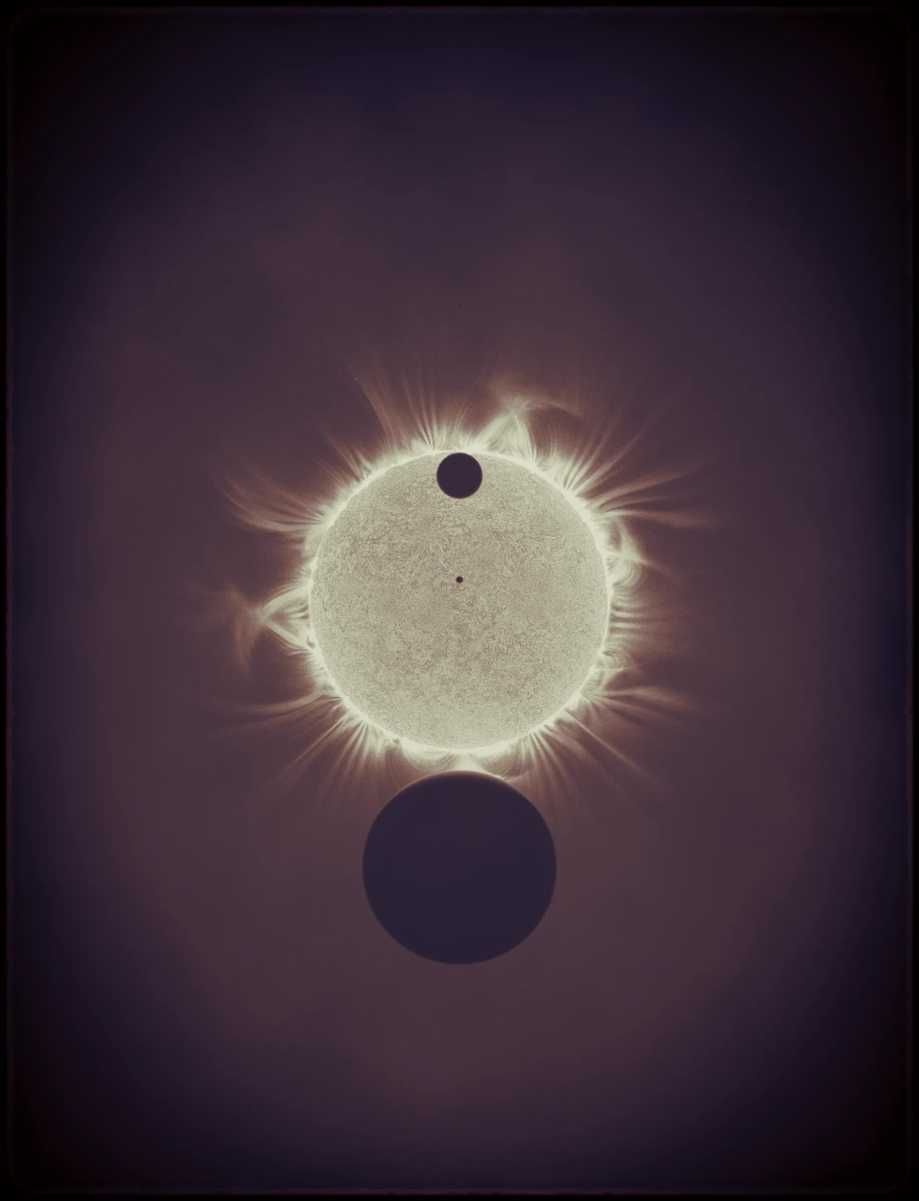 Solar Transits is a procedural exploration of the origins of astrophotography. Each image in this series depicts a randomly generated astronomical event but viewed through the lens of mid-to-late 19th century image capture techniques. The collection features a variety of rare alignments of stars, planets and moons, and are rendered in the spirit of the daguerreotype.

In June of 2012, I took a trip to Minneapolis to speak at the Eyeo Festival. Venus was going to transit while I was there. I was curious. I had not seen a transit before. At 5:09 pm on June 5th, a nearly imperceptible black circle began its march across the sun. Were it not a predicted mathematical certainty, it is doubtful anyone would have noticed. For six minutes, the light from the sun was 0.087% dimmer.

It is a significant thing to see an object silhouetted against the sun. We are so accustom to seeing our perfect circle of pure light that we can't help but to celebrate the occasions where something blocks the view. I still feel a little more excitement when a slight shadow shoots across the landscape on a cloudless day, the source being an extremely rare transit of a commercial jet liner.

Exponentially more rare is the planetary transit. When Venus hangs on the horizon, glowing against the night sky, it is all too easy to think it another star. Only when it is viewed in silhouette can its position in our universe be fully appreciated: orbitally locked like us, and forever drawing it's path around the sun. That tiny black circle effected me in a big way. The scale of the cosmos shifted into perspective. That doesn’t happen often. I was incredibly moved. It was an experience I will never forget. This project is an homage to that strange once-in-a-lifetime event.

As it turns out, I was very lucky to have seen it at all. In the time since my birth in 1972, a Venus transit has only happened twice. The 1st time was in 2004 but I lived in a part of the world where it was not visible. The 2nd time was in 2012. Unless I live to be 145 years old, there won’t be a 3rd time. There are a couple silver linings: the Great American solar eclipse is on April 8 2024, and Mercury will transit in 2032.

The first 10 sales will have the option to purchase their output in the form of a framed daguerreotype.