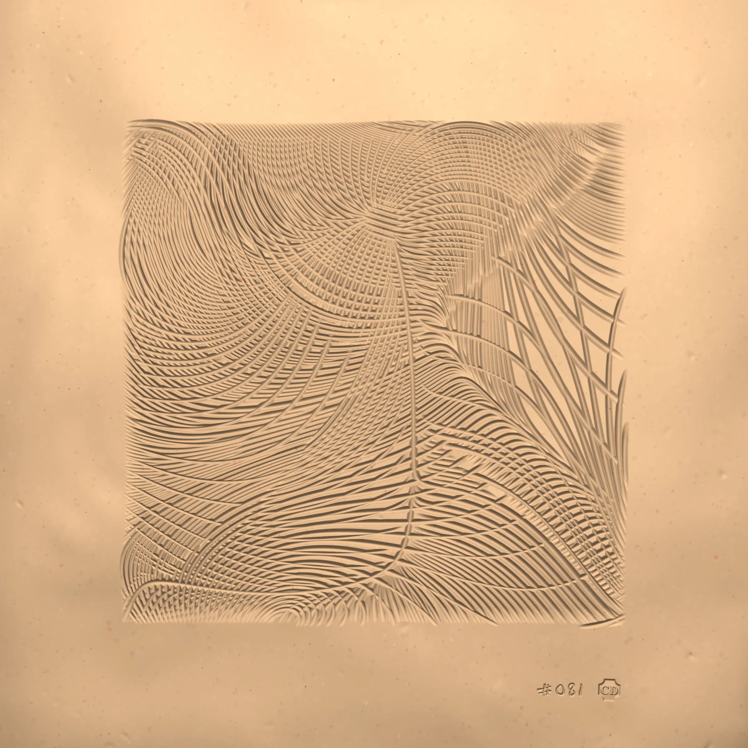 Inside the computer there’s a digital hand. The hand selects a metal implement, cuts off a slab of clay, and carves into its surface. It wanders like your hand wanders; it carves imaginary contours, sinuous and exploratory. It doesn’t know the end result so it carves lines until it feels content, and then it numbers the piece and stamps its maker’s mark. It fires the slab in a digital kiln (it calls this “minting”) and through this act its art is preserved for millennia. The hand runs its fingers over the textured surface, feeling satisfaction at having spontaneously produced a piece of art so beautiful, expressive, and unique.

---
 
Ceramics is a generative sculpture that mimics the physical expression of carving into clay. Through uncanny naturalistic rendering it challenges our notion of “handmade”. It asserts that the value of handmade isn’t the time it takes to make the work nor the physical materials consumed, but the endless small decisions and serendipitous details that appear along the way, as can be felt in each Ceramics mint.

Despite the handmade nature of Ceramics the outputs cannot be touched. Highly tactile images enchant the viewer to imagine their tangible representations, and leave them to dwell on their perception of materiality — both in the experiential physical world and conceptually-infinite digital space.