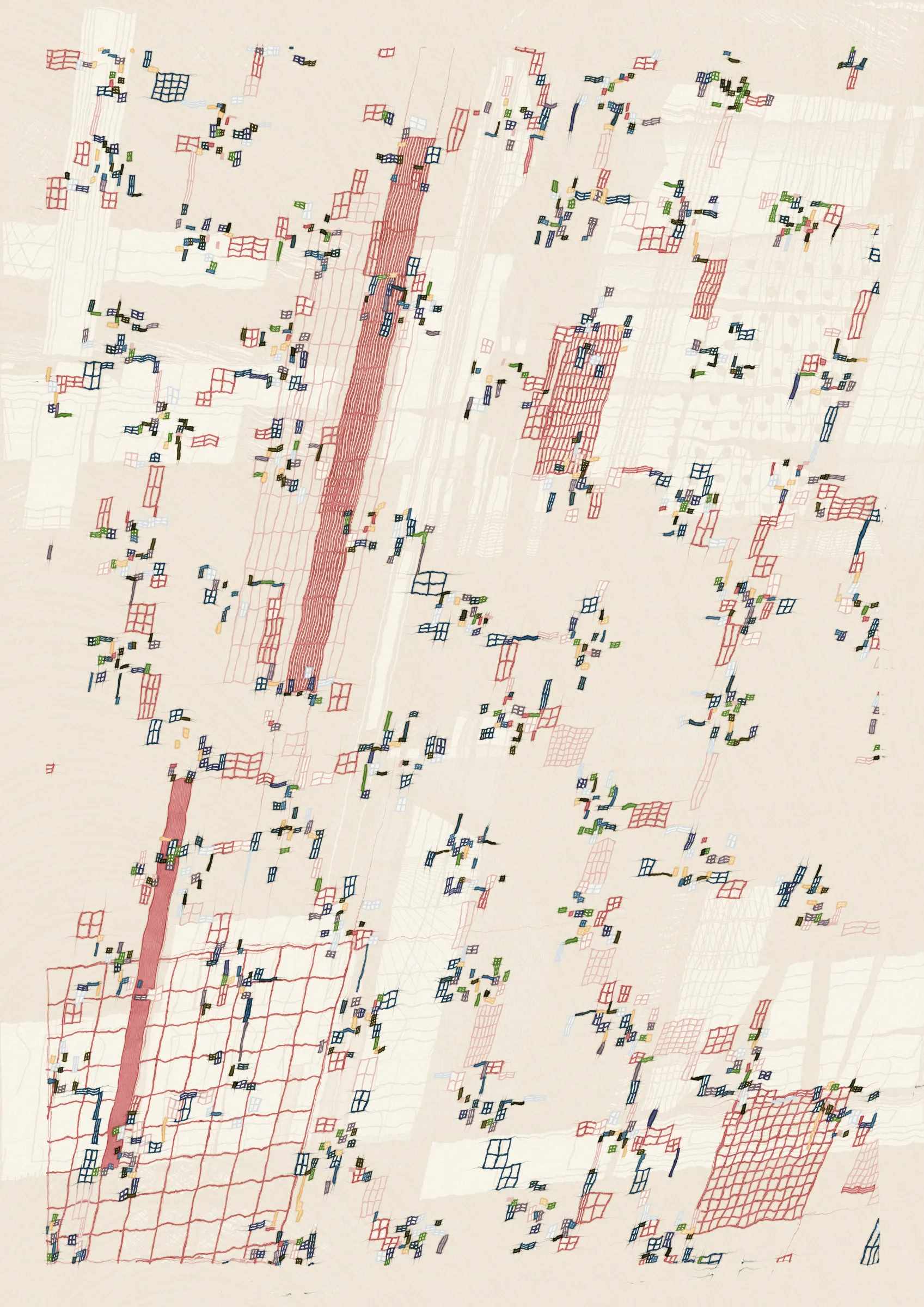 **Nära explores the connections that make us human.**

Nära (close or near in Swedish) is a celebration of friendships and relationships throughout our lives. How some of them are small, fleeting and ephemeral while a select few become lifelong bonds. The work examines the intricate graphs that are formed by these connections. Graphs are all around us and have existed for as long as we have been human. From early settlements of hunter-gatherers and nomadic tribes to the internet of today. It's all graphs.

Nära allows the viewer to explore and experience these graphs as a metaphor for the organic, organised chaos that is life. Shapes connect from one node in a graph to the next, sometimes spilling over, doubling down and creating layers of intricacy. Imperfection is embraced and Nära exposes the chaotic and unpredictable elements of life. 

The artistic vision of Nära is to highlight and expose graphs in a tactile manner that allows the viewer to see the whole graph, but also engage with the details and texture.  In doing this, Nära attempts to bring a novel contribution by pushing the boundaries of graph representation and introducing an emotional dimension to this oftentimes rigid and scientific discipline. By treating graphs as a metaphor for relationships in life, they become an integral part of the concept and an important artistic tool. 

Nära takes inspiration from the De Stijl movement in reducing the world into a deliberate expression in its smallest form and builds upon the use of shapes imbued with meaning in the works of Hilma af Klint. These ideas are expanded on by accepting that what is deliberate must also relinquish some control through the pseudo-randomness of generative art. This invites reflection on the balance of control and chance in our lives. 

_Through Nära, you are invited to reflect on the connections in your own life and on the significance of the relationships that define us as human beings._ 

To interact with the script:
- Press 's' to save.
- Add the following to the URL:
  - pd=x, where x is a number to control the resolution via pixel density (useful for rendering high resolution stills)
  - rs=x, where x is a number to enable and control the rendering buildup animation.