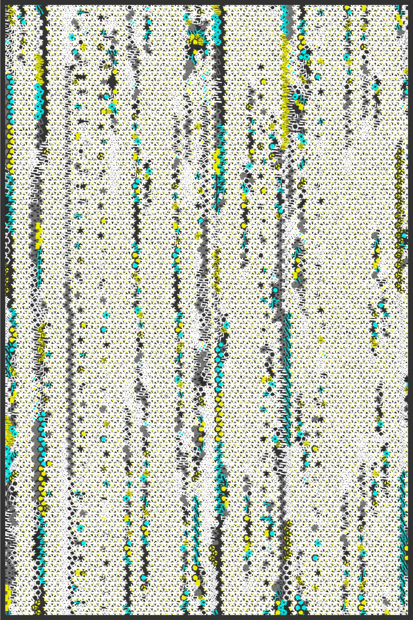 From the Insecta Class and Apidae Family, we find the Species Apis Mellifera: the western honey bee.  One of the more iconic aspects of honey bees is their hive, the hexagonal grid we call honeycomb; an efficient use of resources and space, and a beautiful representation of a geometric shape found in nature.

The humble grid has also been a mainstay of generative art from its earliest days.  Code up a loop or two and see what you can do.  What I've done with grids has been seen in many of my projects over the past year; in *Polka*, *Over the Air*, *Ode to Untitled*, and now *Mellifera*.  Breaking from the rectangular and square grid, and embracing the complexities of the hexagonal grid, *Mellifera* creates patterns working within the points and sides of a hexagon while laying out those patterns across a honeycomb like structure.

While working through this series of grid based projects, one main area of study has been finding ways to move off the grid, at least in appearance.  A recent move to a rural home has left me much more off the grid, and there's been a parallel through my projects.  Increasingly, I've explored ways to make the overall aesthetic not appear grid-like, to have a more organic feel, all the while though still centering elements perfectly in their place across the grid.  *Mellifera*, with its use of hexagons, imperfections, unique symbols, rotation, and negative space, is another step in this evolution, and the largest one yet.

While most of my work has embraced the digital and machine-like feel that computers and code are so easily capable of (again influenced from my appreciation of Roy), *Mellifera* moves in a new direction, introducing a more imperfect and human feel to the lines, shapes, and symbols.  These imperfections change the overall aesthetic drastically and are a main component in helping break away from the grid, visually.  While honey bees are incredible in their ability to create beautiful hexagonal geometric patterns, there's still a natural, lived-in feel to their creations, and *Mellifera* uses this organic quality as inspiration.

***


**High-Resolution Downloads**
* Press 1 for 3000 x 4500
* Press 2 for 6000 x 9000
* Press 3 for 9000 x 13500

See download limitations under Display Notes.