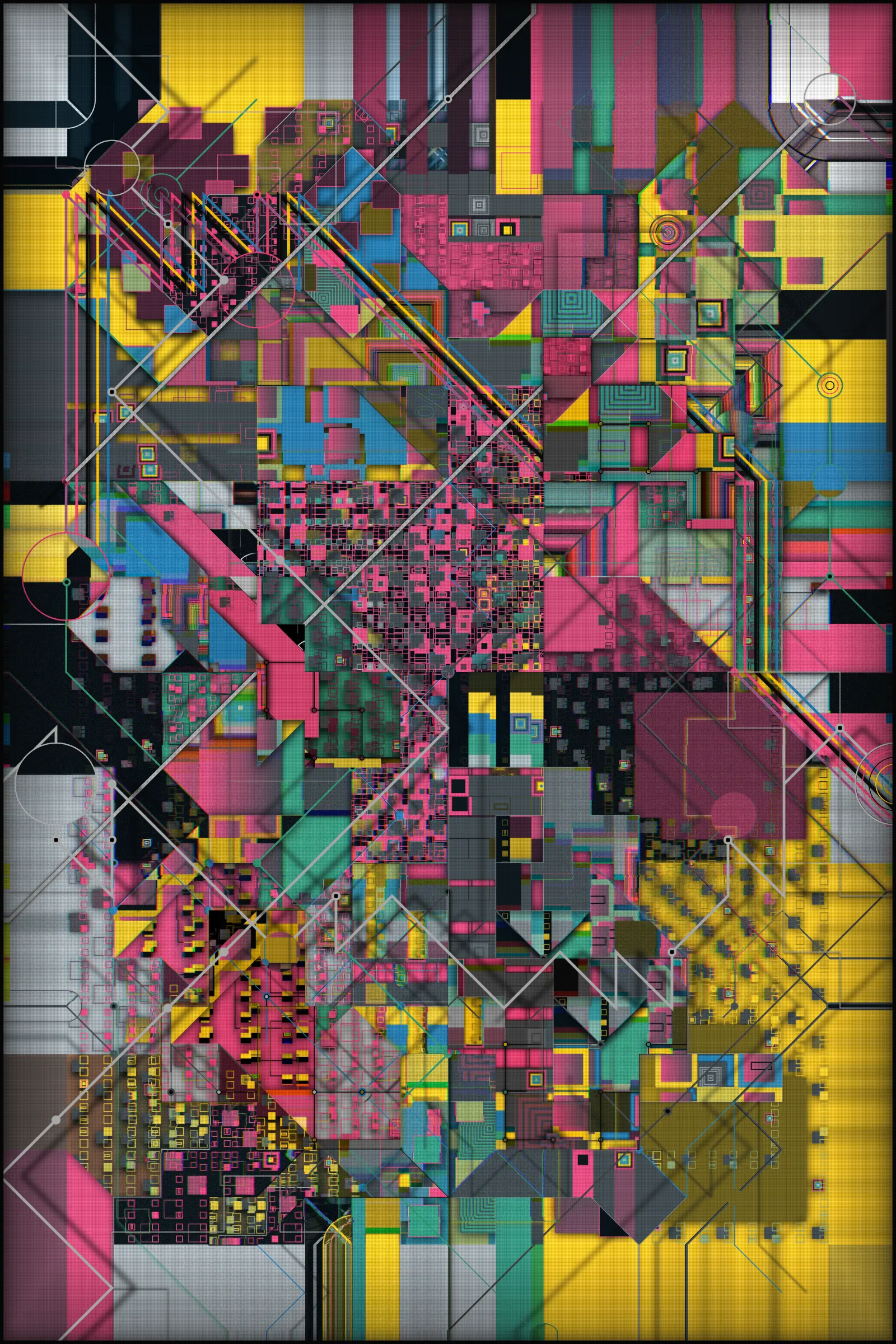 In the contemporary era, the overwhelming inundation of information and data is a ubiquitous and pervasive reality. This saturation is often accompanied by a sense of disorientation and fragmentation, making it challenging to extract meaningful and valuable insights. As humanity progresses and evolves, this gap between our biological, cognitive, and perceptual capacities and the rapid advancements of our digital world becomes increasingly significant.

Infinity, chaos, complexity, self-reproducibility, coherence, and layering are epithets that apply to this work.

This artwork seeks to capture the complexity and chaos of our digital existence, utilizing various visual techniques to convey its message. Layering and fragmentation visually depict the scattered and fragmented nature of our digital lives, with each layer representing a different unit of information. This fragmentation is further underscored by the grid of "transport" lines that permeate the canvas, symbolizing the interconnected networks and corporations that seek to control and manipulate our attention. Despite the strict rules governing the forms in the artwork, the overall effect is one of chaos and impending tragedy. This tension between order and disorder is a recurring theme, conveying that we are on the brink of losing control and being consumed by information overload. The visual elements of the artwork convey a "technological coldness" and emotionlessness, reflecting the detachment that can result from our immersion in the digital realm. Some of the elements are unfocused, which creates the effect of discomfort and the inability to concentrate and embrace all the available space at once. A kind of frame is the "traces" of data gathering toward the center - in our minds - and intertwining into an endless tangle of something massive and noisy but with no precise shape.

To reinforce the concept, I placed an infinite rotation of all the layers used in the art behind the main canvas. They alternate at great speed, constantly changing their "compression" and background, symbolizing the endless flow of digital information overwhelming our consciousness.

Through its visual elements and composition, the artwork urges us to reflect on our collective responsibility to engage with technology more ethically and thoughtfully. It reminds us that while technology can offer many opportunities and benefits, it also significantly challenges our values and ethics. In this sense, the artwork serves as a reminder of the importance of maintaining a balance between technological progress and human values.

I used many techniques to create this art. Because of the large number of generated elements and big canvas size, it takes quite a long time to make, "overloading" your device and then entirely using its resources, which is also part of the concept.

---

This art is static until you touch it. You can use the mouse wheel to examine the details, and you can also drag the surface of the art. Also, this art is created in two parts. Behind it is an infinite rotation of the layers used in it.

**Controls:** 

Mouse wheel: zoom in/out
Mouse click, hold and move: drag the static part
Mouse double-click: reset (go static)
Press 's' to save the image

WARNING: PHOTOSENSITIVITY/EPILEPSY SEIZURES

---

 ***As always, a pre-sale for TBOA club members and TBOA token holders will be a day before the official release.***