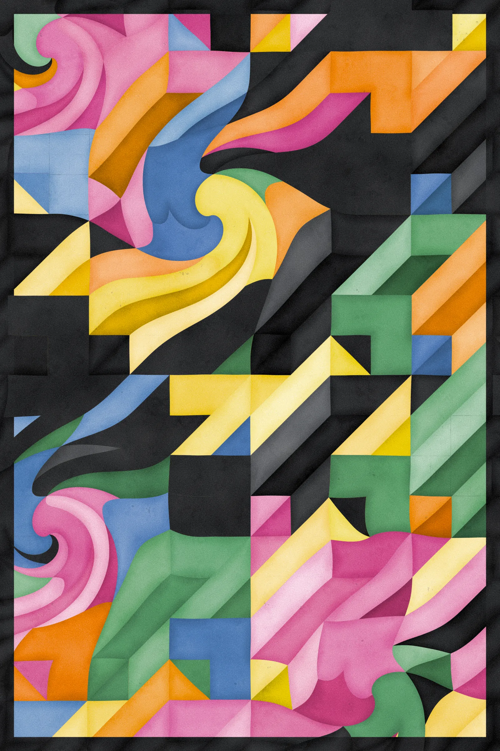 **Trichro-matic** meditates on perception.

As you explore the piece, your perception of the structure shifts. Elements change their relationships - what is out turns in; what is flat deepens. What stood adjacent now occludes.

The piece uses rhythmic color and form, displacement, and juxtaposition to create structures that invite interpretation and exploration. Some outputs challenge our depth perception conventions, while others manipulate explicit structural cues and emphasize intentional imperfections.

From this concept, the piece gets its name - Trichro-matic - denoting the ability to perceive using all three primary colors. The hyphenated "o-matic" denotes fictional machinery, hinting at the generative system supporting the piece. Both hand-selected and algorithmically-generated color palettes feature, with the latter aiming to elicit emotions akin to the former.

When you explore an output from different starting points, you understand the elements' relationships differently. In these changing interpretations, no answer is definitive. Each perspective, whether your first, your last, or someone else's, is valid.

Prints will be available for Trichro-matic owners. For more details, visit [this link](https://www.mountvitruvius.art).

Note: Renders might take longer on lower-end or mobile devices. This piece is my most technically complex release to date, relying on a custom GPU render process which can demand significant resources, even if outputs appear simple.

Finally, I dedicate this piece to my father, who suffered vision loss from a stroke in September 2023.