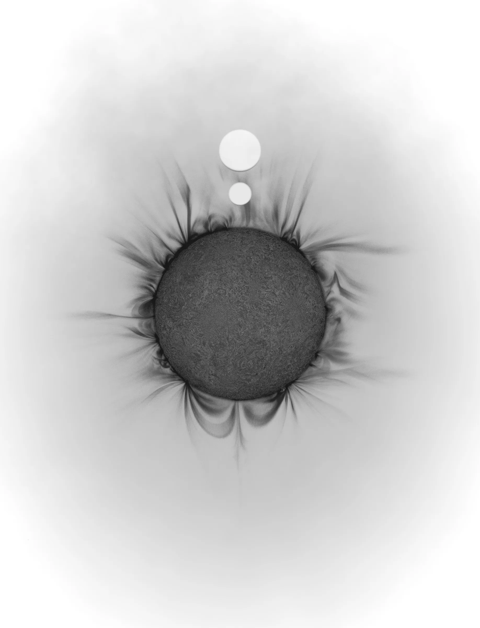 Solar Transits is a procedural exploration of the origins of astrophotography. Each image in this series depicts a randomly generated astronomical event but viewed through the lens of mid-to-late 19th century image capture techniques. The collection features a variety of rare alignments of stars, planets and moons, and are rendered in the spirit of the daguerreotype.

In June of 2012, I took a trip to Minneapolis to speak at the Eyeo Festival. Venus was going to transit while I was there. I was curious. I had not seen a transit before. At 5:09 pm on June 5th, a nearly imperceptible black circle began its march across the sun. Were it not a predicted mathematical certainty, it is doubtful anyone would have noticed. For six minutes, the light from the sun was 0.087% dimmer.

It is a significant thing to see an object silhouetted against the sun. We are so accustom to seeing our perfect circle of pure light that we can't help but to celebrate the occasions where something blocks the view. I still feel a little more excitement when a slight shadow shoots across the landscape on a cloudless day, the source being an extremely rare transit of a commercial jet liner.

Exponentially more rare is the planetary transit. When Venus hangs on the horizon, glowing against the night sky, it is all too easy to think it another star. Only when it is viewed in silhouette can its position in our universe be fully appreciated: orbitally locked like us, and forever drawing it's path around the sun. That tiny black circle effected me in a big way. The scale of the cosmos shifted into perspective. That doesn’t happen often. I was incredibly moved. It was an experience I will never forget. This project is an homage to that strange once-in-a-lifetime event.

As it turns out, I was very lucky to have seen it at all. In the time since my birth in 1972, a Venus transit has only happened twice. The 1st time was in 2004 but I lived in a part of the world where it was not visible. The 2nd time was in 2012. Unless I live to be 145 years old, there won’t be a 3rd time. There are a couple silver linings: the Great American solar eclipse is on April 8 2024, and Mercury will transit in 2032.

The first 10 sales will have the option to purchase their output in the form of a framed daguerreotype.