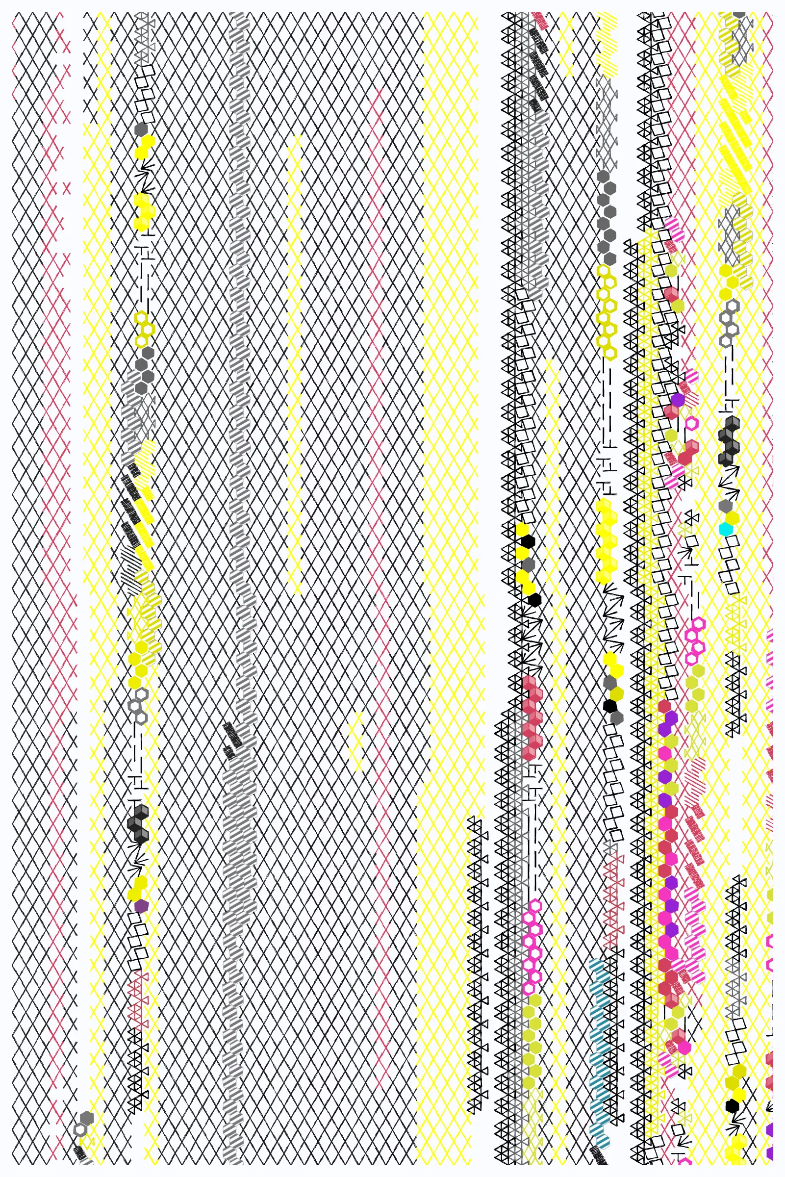 From the Insecta Class and Apidae Family, we find the Species Apis Mellifera: the western honey bee.  One of the more iconic aspects of honey bees is their hive, the hexagonal grid we call honeycomb; an efficient use of resources and space, and a beautiful representation of a geometric shape found in nature.

The humble grid has also been a mainstay of generative art from its earliest days.  Code up a loop or two and see what you can do.  What I've done with grids has been seen in many of my projects over the past year; in *Polka*, *Over the Air*, *Ode to Untitled*, and now *Mellifera*.  Breaking from the rectangular and square grid, and embracing the complexities of the hexagonal grid, *Mellifera* creates patterns working within the points and sides of a hexagon while laying out those patterns across a honeycomb like structure.

While working through this series of grid based projects, one main area of study has been finding ways to move off the grid, at least in appearance.  A recent move to a rural home has left me much more off the grid, and there's been a parallel through my projects.  Increasingly, I've explored ways to make the overall aesthetic not appear grid-like, to have a more organic feel, all the while though still centering elements perfectly in their place across the grid.  *Mellifera*, with its use of hexagons, imperfections, unique symbols, rotation, and negative space, is another step in this evolution, and the largest one yet.

While most of my work has embraced the digital and machine-like feel that computers and code are so easily capable of (again influenced from my appreciation of Roy), *Mellifera* moves in a new direction, introducing a more imperfect and human feel to the lines, shapes, and symbols.  These imperfections change the overall aesthetic drastically and are a main component in helping break away from the grid, visually.  While honey bees are incredible in their ability to create beautiful hexagonal geometric patterns, there's still a natural, lived-in feel to their creations, and *Mellifera* uses this organic quality as inspiration.

***


**High-Resolution Downloads**
* Press 1 for 3000 x 4500
* Press 2 for 6000 x 9000
* Press 3 for 9000 x 13500

See download limitations under Display Notes.