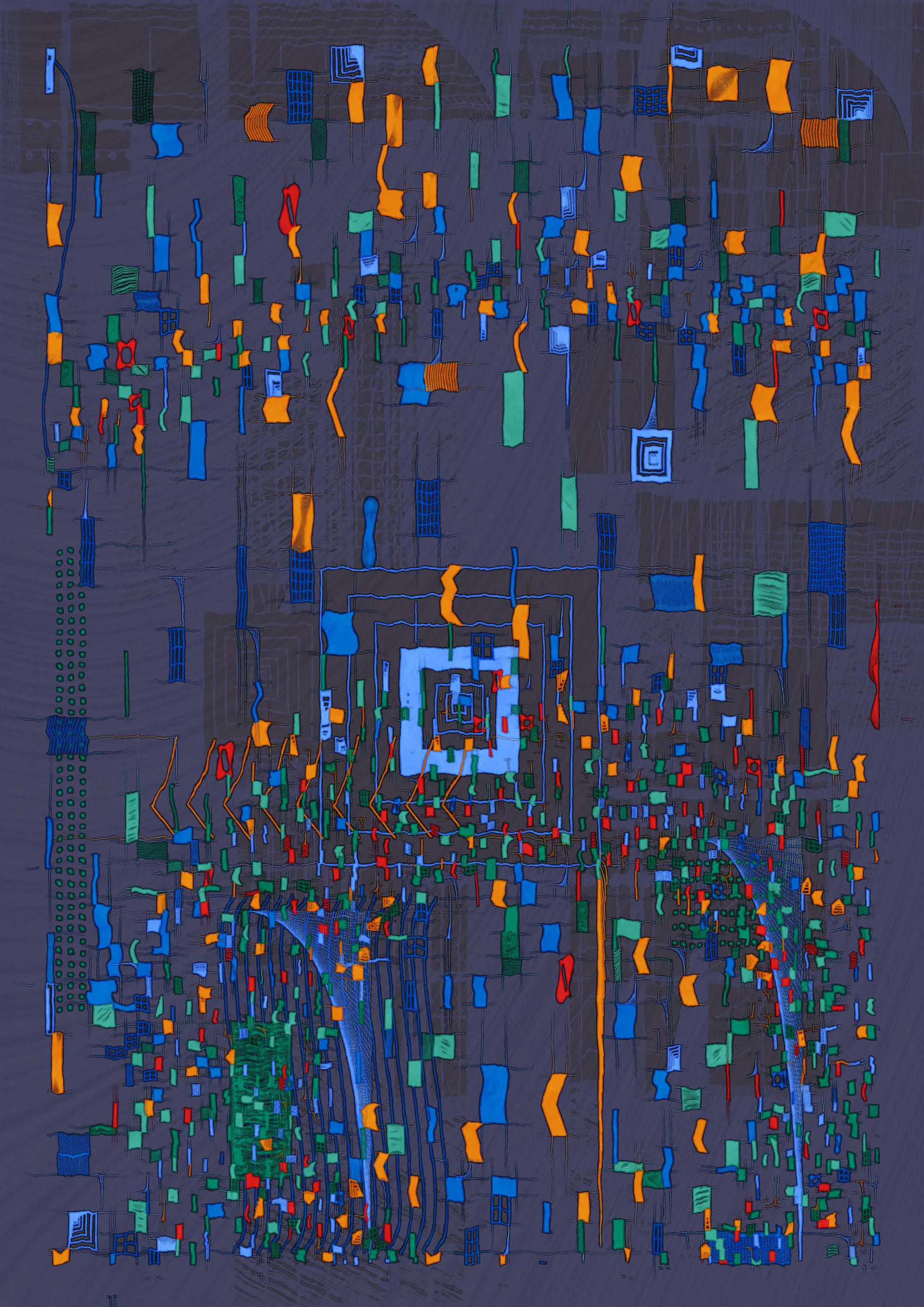 **Nära explores the connections that make us human.**

Nära (close or near in Swedish) is a celebration of friendships and relationships throughout our lives. How some of them are small, fleeting and ephemeral while a select few become lifelong bonds. The work examines the intricate graphs that are formed by these connections. Graphs are all around us and have existed for as long as we have been human. From early settlements of hunter-gatherers and nomadic tribes to the internet of today. It's all graphs.

Nära allows the viewer to explore and experience these graphs as a metaphor for the organic, organised chaos that is life. Shapes connect from one node in a graph to the next, sometimes spilling over, doubling down and creating layers of intricacy. Imperfection is embraced and Nära exposes the chaotic and unpredictable elements of life. 

The artistic vision of Nära is to highlight and expose graphs in a tactile manner that allows the viewer to see the whole graph, but also engage with the details and texture.  In doing this, Nära attempts to bring a novel contribution by pushing the boundaries of graph representation and introducing an emotional dimension to this oftentimes rigid and scientific discipline. By treating graphs as a metaphor for relationships in life, they become an integral part of the concept and an important artistic tool. 

Nära takes inspiration from the De Stijl movement in reducing the world into a deliberate expression in its smallest form and builds upon the use of shapes imbued with meaning in the works of Hilma af Klint. These ideas are expanded on by accepting that what is deliberate must also relinquish some control through the pseudo-randomness of generative art. This invites reflection on the balance of control and chance in our lives. 

_Through Nära, you are invited to reflect on the connections in your own life and on the significance of the relationships that define us as human beings._ 

To interact with the script:
- Press 's' to save.
- Add the following to the URL:
  - pd=x, where x is a number to control the resolution via pixel density (useful for rendering high resolution stills)
  - rs=x, where x is a number to enable and control the rendering buildup animation.