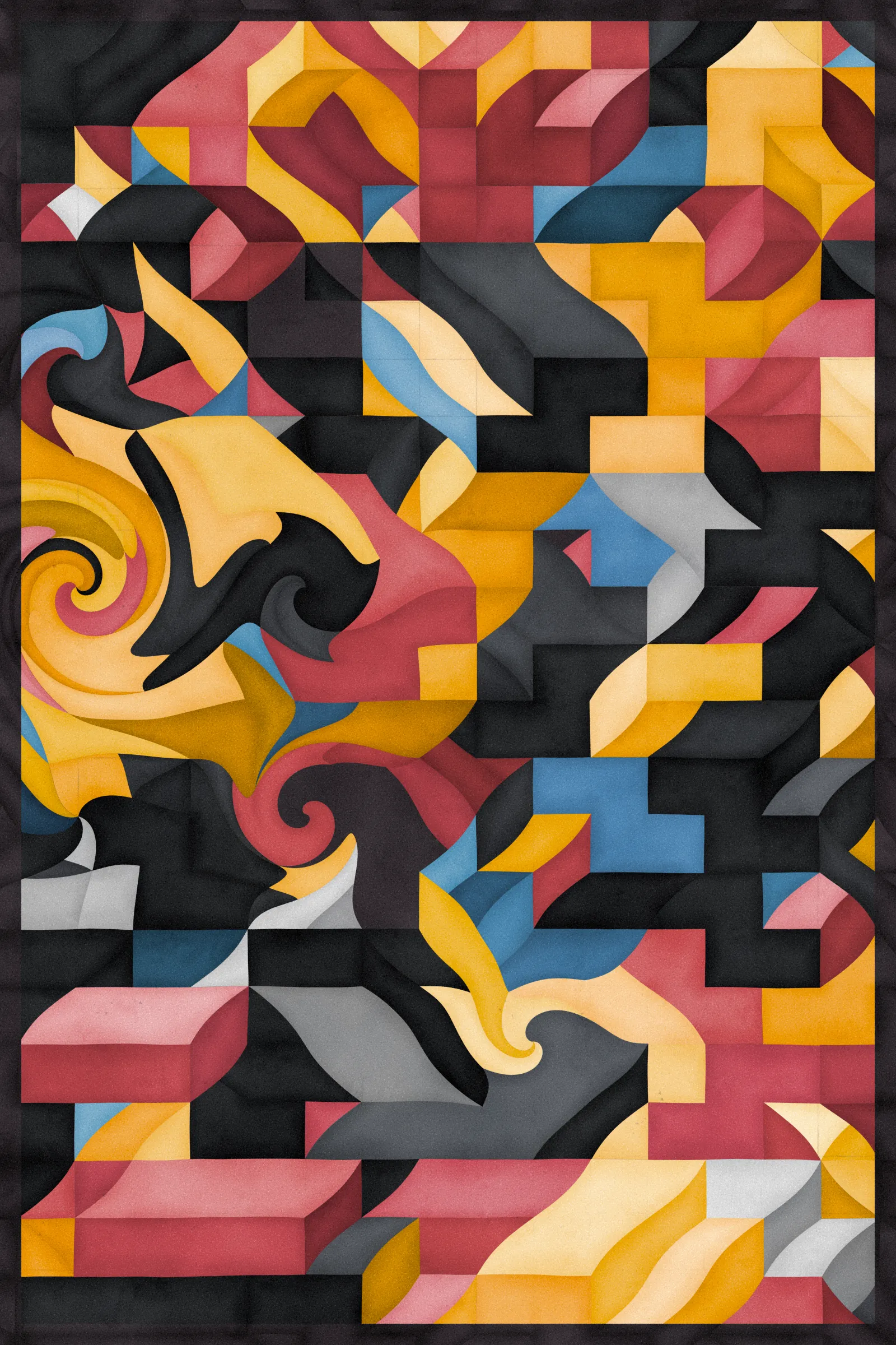 **Trichro-matic** meditates on perception.

As you explore the piece, your perception of the structure shifts. Elements change their relationships - what is out turns in; what is flat deepens. What stood adjacent now occludes.

The piece uses rhythmic color and form, displacement, and juxtaposition to create structures that invite interpretation and exploration. Some outputs challenge our depth perception conventions, while others manipulate explicit structural cues and emphasize intentional imperfections.

From this concept, the piece gets its name - Trichro-matic - denoting the ability to perceive using all three primary colors. The hyphenated "o-matic" denotes fictional machinery, hinting at the generative system supporting the piece. Both hand-selected and algorithmically-generated color palettes feature, with the latter aiming to elicit emotions akin to the former.

When you explore an output from different starting points, you understand the elements' relationships differently. In these changing interpretations, no answer is definitive. Each perspective, whether your first, your last, or someone else's, is valid.

Prints will be available for Trichro-matic owners. For more details, visit [this link](https://www.mountvitruvius.art).

Note: Renders might take longer on lower-end or mobile devices. This piece is my most technically complex release to date, relying on a custom GPU render process which can demand significant resources, even if outputs appear simple.

Finally, I dedicate this piece to my father, who suffered vision loss from a stroke in September 2023.