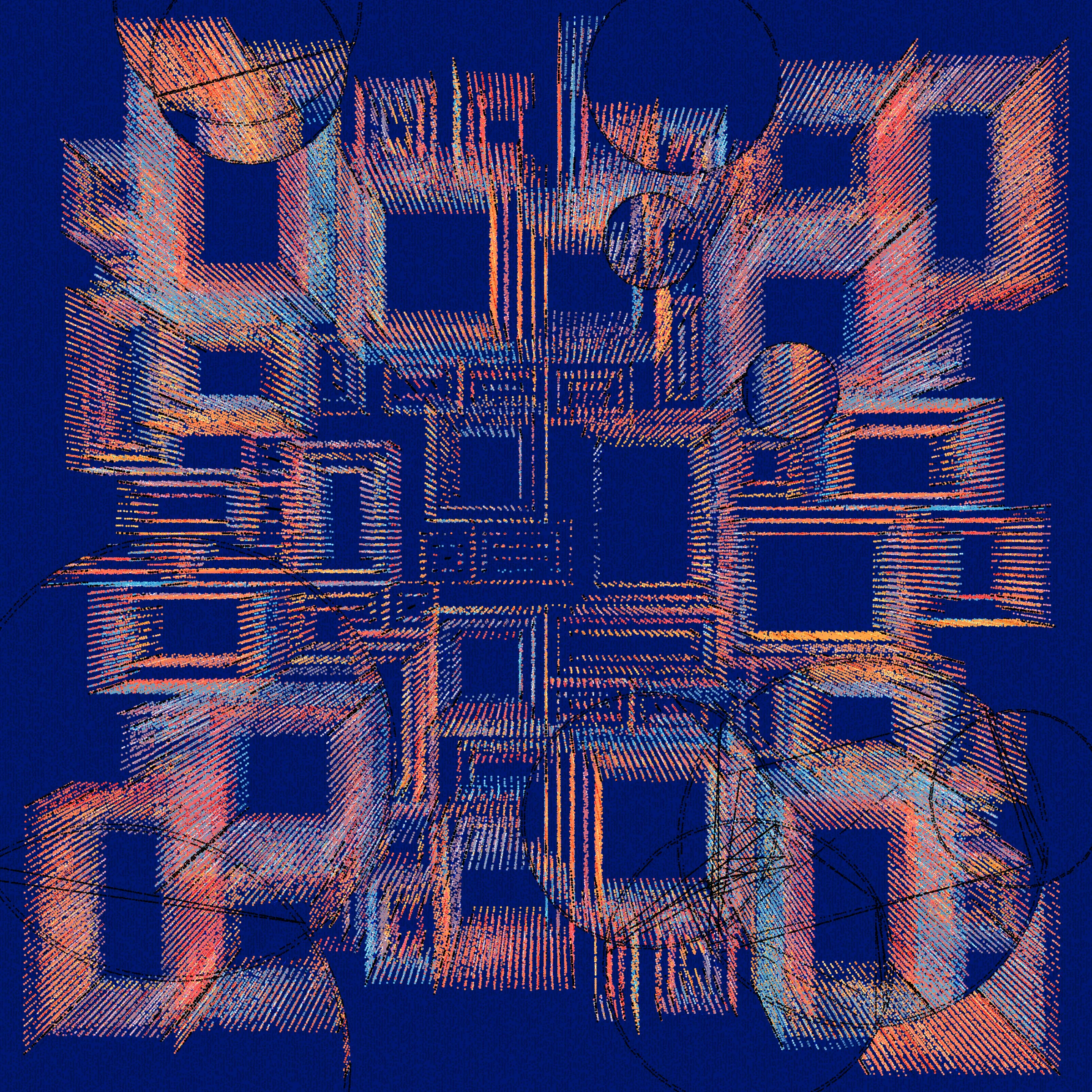 Structures is an abstract generative art project drawn entirely with dots.

About project development:

*In generative art, I like to experiment and test sometimes improbable things (which was the case for this project).*

*Structures is a very special project that was born from this experimentation, in this case, the merger of two discrete projects I was working on.*

*When I was working on the first version of Structures, even after a long development I was not completely satisfied with the result, and ended up putting the project aside to try to find a way to finish sometime in the future.*

*I then started another, more abstract, project (with various shapes, triangles, circles, grids of rectangles, etc.), that really had nothing obvious in common with Structures. But, ultimately, this project too, alone, was not enough.*

*And then one day I wondered how these projects might inform each other, and worked to make Structures more abstract. I honestly had no expectations of success, but nevertheless worked to merge the codes of the discrete projects just to see what it would yield.*

*I was pleasantly surprised by the result, and then continued to iterate this new hybrid version until finally arriving with what you see here.*

Each variation generated by Structures is drawn using only dots. It is the complex algorithm of the project that determines the position, size, color, etc. of each dot through approximately 1,500,000 to 40,000,000 random decisions based on the hash of the mint and draws approximately 350,000 to 10,000,000 dots based on these random decisions.

In live mode:
- click during the animation = animation pause
- click at the end of the animation = display of the number of dots drawn

Made with ❤️, code and p5js.