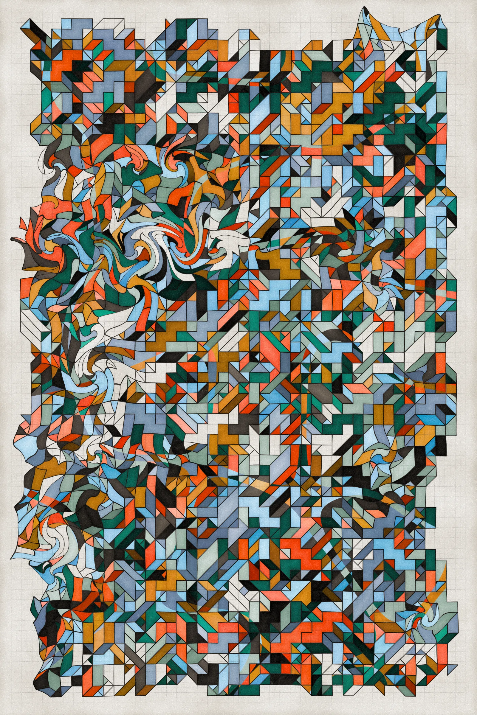 **Trichro-matic** meditates on perception.

As you explore the piece, your perception of the structure shifts. Elements change their relationships - what is out turns in; what is flat deepens. What stood adjacent now occludes.

The piece uses rhythmic color and form, displacement, and juxtaposition to create structures that invite interpretation and exploration. Some outputs challenge our depth perception conventions, while others manipulate explicit structural cues and emphasize intentional imperfections.

From this concept, the piece gets its name - Trichro-matic - denoting the ability to perceive using all three primary colors. The hyphenated "o-matic" denotes fictional machinery, hinting at the generative system supporting the piece. Both hand-selected and algorithmically-generated color palettes feature, with the latter aiming to elicit emotions akin to the former.

When you explore an output from different starting points, you understand the elements' relationships differently. In these changing interpretations, no answer is definitive. Each perspective, whether your first, your last, or someone else's, is valid.

Prints will be available for Trichro-matic owners. For more details, visit [this link](https://www.mountvitruvius.art).

Note: Renders might take longer on lower-end or mobile devices. This piece is my most technically complex release to date, relying on a custom GPU render process which can demand significant resources, even if outputs appear simple.

Finally, I dedicate this piece to my father, who suffered vision loss from a stroke in September 2023.