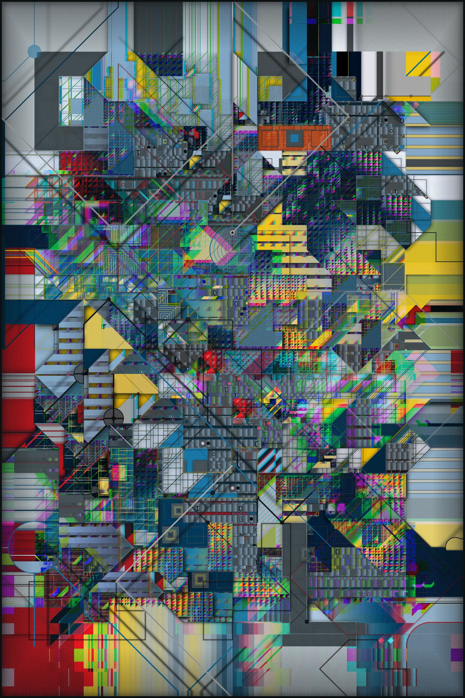 In the contemporary era, the overwhelming inundation of information and data is a ubiquitous and pervasive reality. This saturation is often accompanied by a sense of disorientation and fragmentation, making it challenging to extract meaningful and valuable insights. As humanity progresses and evolves, this gap between our biological, cognitive, and perceptual capacities and the rapid advancements of our digital world becomes increasingly significant.

Infinity, chaos, complexity, self-reproducibility, coherence, and layering are epithets that apply to this work.

This artwork seeks to capture the complexity and chaos of our digital existence, utilizing various visual techniques to convey its message. Layering and fragmentation visually depict the scattered and fragmented nature of our digital lives, with each layer representing a different unit of information. This fragmentation is further underscored by the grid of "transport" lines that permeate the canvas, symbolizing the interconnected networks and corporations that seek to control and manipulate our attention. Despite the strict rules governing the forms in the artwork, the overall effect is one of chaos and impending tragedy. This tension between order and disorder is a recurring theme, conveying that we are on the brink of losing control and being consumed by information overload. The visual elements of the artwork convey a "technological coldness" and emotionlessness, reflecting the detachment that can result from our immersion in the digital realm. Some of the elements are unfocused, which creates the effect of discomfort and the inability to concentrate and embrace all the available space at once. A kind of frame is the "traces" of data gathering toward the center - in our minds - and intertwining into an endless tangle of something massive and noisy but with no precise shape.

To reinforce the concept, I placed an infinite rotation of all the layers used in the art behind the main canvas. They alternate at great speed, constantly changing their "compression" and background, symbolizing the endless flow of digital information overwhelming our consciousness.

Through its visual elements and composition, the artwork urges us to reflect on our collective responsibility to engage with technology more ethically and thoughtfully. It reminds us that while technology can offer many opportunities and benefits, it also significantly challenges our values and ethics. In this sense, the artwork serves as a reminder of the importance of maintaining a balance between technological progress and human values.

I used many techniques to create this art. Because of the large number of generated elements and big canvas size, it takes quite a long time to make, "overloading" your device and then entirely using its resources, which is also part of the concept.

---

This art is static until you touch it. You can use the mouse wheel to examine the details, and you can also drag the surface of the art. Also, this art is created in two parts. Behind it is an infinite rotation of the layers used in it.

**Controls:** 

Mouse wheel: zoom in/out
Mouse click, hold and move: drag the static part
Mouse double-click: reset (go static)
Press 's' to save the image

WARNING: PHOTOSENSITIVITY/EPILEPSY SEIZURES

---

 ***As always, a pre-sale for TBOA club members and TBOA token holders will be a day before the official release.***