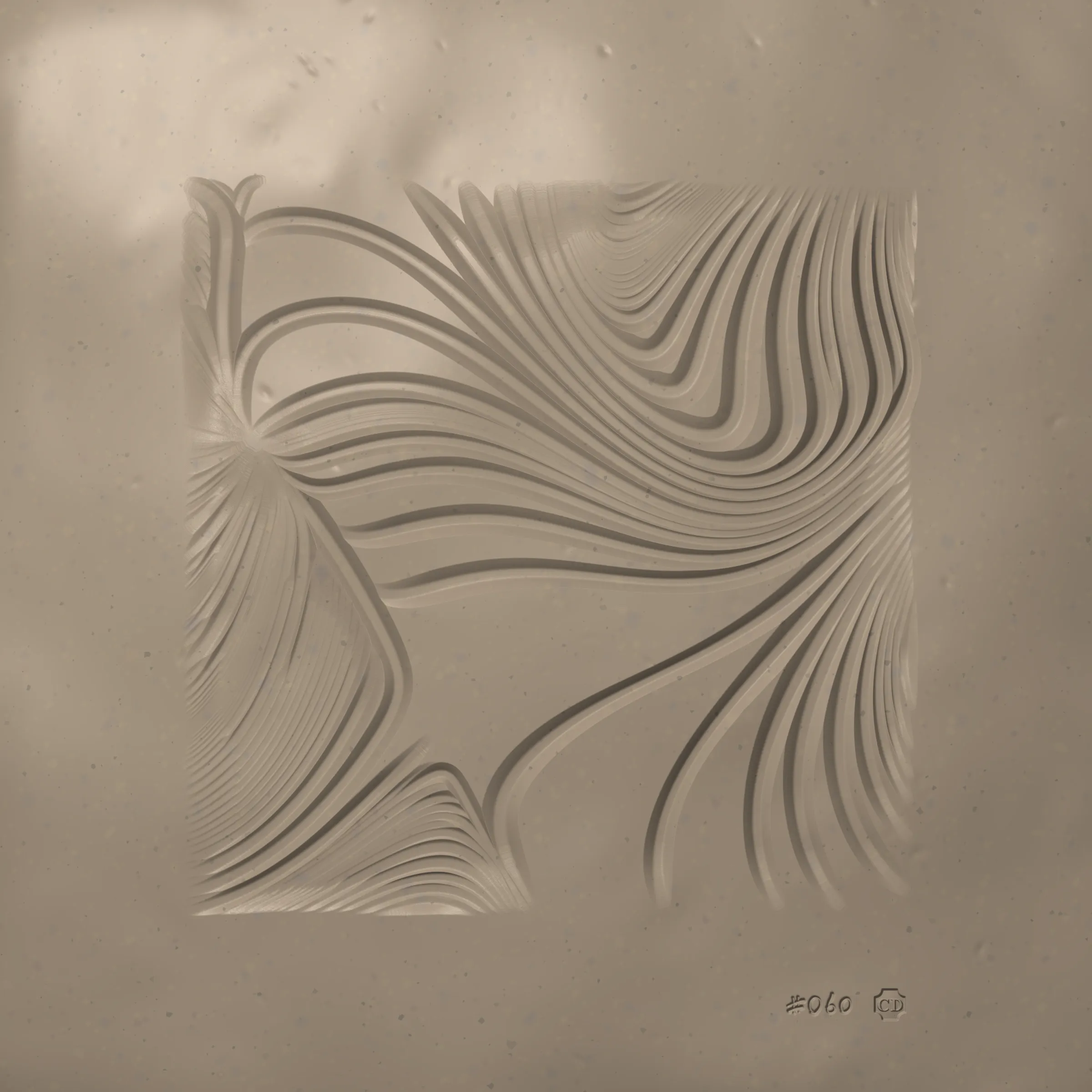 Inside the computer there’s a digital hand. The hand selects a metal implement, cuts off a slab of clay, and carves into its surface. It wanders like your hand wanders; it carves imaginary contours, sinuous and exploratory. It doesn’t know the end result so it carves lines until it feels content, and then it numbers the piece and stamps its maker’s mark. It fires the slab in a digital kiln (it calls this “minting”) and through this act its art is preserved for millennia. The hand runs its fingers over the textured surface, feeling satisfaction at having spontaneously produced a piece of art so beautiful, expressive, and unique.

---
 
Ceramics is a generative sculpture that mimics the physical expression of carving into clay. Through uncanny naturalistic rendering it challenges our notion of “handmade”. It asserts that the value of handmade isn’t the time it takes to make the work nor the physical materials consumed, but the endless small decisions and serendipitous details that appear along the way, as can be felt in each Ceramics mint.

Despite the handmade nature of Ceramics the outputs cannot be touched. Highly tactile images enchant the viewer to imagine their tangible representations, and leave them to dwell on their perception of materiality — both in the experiential physical world and conceptually-infinite digital space.