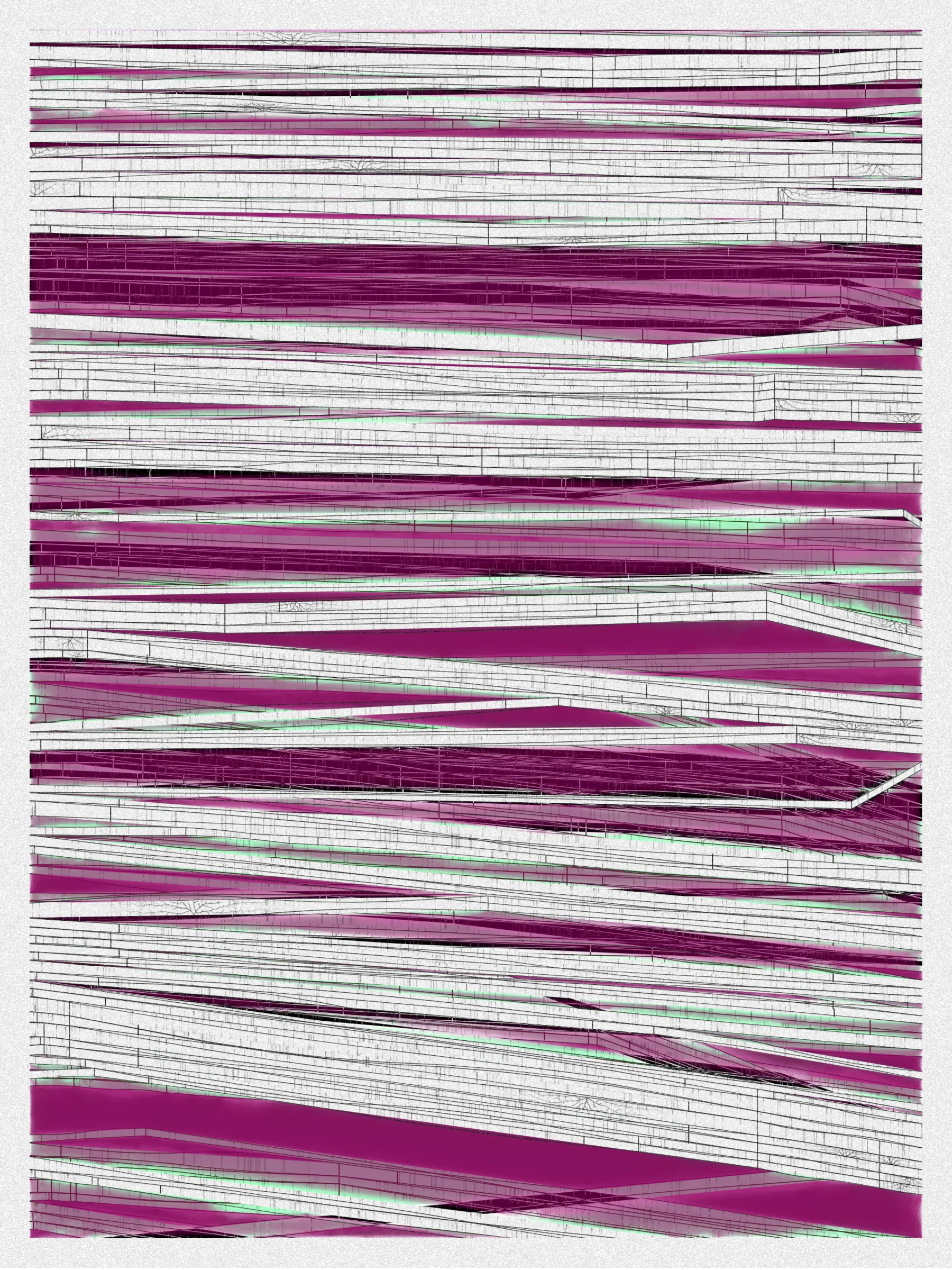 # Neural Sediments

## “Before objectivity, there was truth to nature; after the advent of objectivity came trained judgment”

Lorraine Daston, Peter Galison

Improving my decision-making process is how I would sum up my lifelong quest. Understanding yourself and the unlimited variables and actors surrounding us daily requires a radical yet utopian pursuit of objectivity.

A prerequisite to an objective observation is identifying and eliminating cognitive and observational biases.

My obsession with objectivity started as a sociology student; while studying epistemology of science and pondering the works of Emile Durkheim, Max Weber, and Karl Popper.

This quest never left me and has been a cornerstone of my artistic practice for 25 years.

“The map is not the territory” is a mainstream expression highlighting a potentially oversimplified version of reality. In this series called Neural Sediments, inspired by the works of Alberto Burri, František Kupka, and Swiss topography, I highlight the complexity of our brains and some of their biases.

Looking at one Neural Sediment will deliver you a first broad impression; however, looking at it for a longer time will yield a never-ending and much more nuanced and delicate observation. Like Alberto Burri’s Cracks series, some things not obvious to the eye become real over time. Each Neural Sediment opens itself to the viewer in a unique way. The more you look at it, the more you can decipher it. 

Like Swiss alpine glacier sediments, this material appears only after a certain amount of time and a decent amount of gravity. Burri used a special technique to envision time with cracked canvas; František Kupka, in his Katedrála painting, opens the fourth dimension by looking at the vertical lines of the glass window.

In the Neural Sediments series, I used both as an inspiration to push the viewer’s eye to search for more details and a deeper perspective.

Choosing color palettes for a long-form generative art collection is as demanding as solving technical algorithmic challenges. 

The color palettes I create result from a process I've built into my practice over time. Each palette comes from my own algorithmic selection trained on classical masterpieces.

After this first selection, each set of colors used in a Neural Sediment is re-arranged to be linked with endangered ecosystems such as dark blue waters, peach salmons, rare botanic species, or volcanos.

Like Josef Albers, who highlighted the instability and deceptiveness of colors, my color sets are here to reinforce the question of objectivity in the art world and life in general.

Looking at its overall structure, each Neural Sediment evokes a brutalist architecture. 

Prioritizing function over form, each Neural Sediment aims to be used as a tool to rediscover oneself, free from the cognitive constraints we put on ourselves and the world around us.

PS: From a technical point of view, Neural Sediments require some heavy calculations, considering the very large number of intersections to compute prior to rendering.

PPS: Pressing the letter “i” on your keyboard will generate a high resolution export for a large scale and print friendly format.